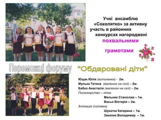 Учні ансамблю
«Соколятко» за активну
участь в районних
конкурсах нагороджені

похвальними
грамотами

Ющак Юлія (витинанка) - 2м.
Мулька Тетяна (малюнок на склі) – 2м.
Бабко Анастасія (малюнок на склі) – 2м.
Писанкарство – ліпка:
Мельник Станіслав – 1м.
Васьо Вікторія – 3м.
Аплікація (соломка)
Шукатка Катерина – 1м.
Закалик Володимир – 1м.

 