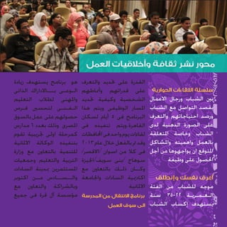 ‫محور نشر ثقافة وأخالقيات العمل‬
‫سلسلة اللقاءات الحوارية‬

‫بني الشباب ورجال االعمال‬
‫بقصد التواصل مع الشباب‬
‫ورصد احتياجاتهم والتعرف‬
‫على الصورة الذهنية لدى‬
‫الشباب وخاصة املتعلقة‬
‫بالعمل واهميته واملشاكل‬
‫املتوقع ان يواجهوها من أجل‬
‫احلصول على وظيفة‬

‫أعرف نفسك وإنطلق‬

‫موجه للشباب من الفئة‬
‫ال�ع�م�ري�ة 22-53 سنة‬
‫� � � �‬
‫يستهدف إكساب الشباب‬

‫القدرة على حتديد والتعرف‬
‫على قدراتهم وأمناطهم‬
‫الشخصية وكيفية حتديد‬
‫املسار الوظيفى ويتم هذا‬
‫البرنامج فى 5 أيام لسكان‬
‫القاهرة.ويتم تنفيذه فى‬
‫لقاءات يوم واحد فى احملافظات‬
‫وقد مت بالفعل خالل عام 3102‬
‫فى كال من اسوان /االقصر/‬
‫سوهاج /بنى سويف/اجليزة‬
‫وك��ان ذل��ك بالتعاون مع‬
‫اكادميية السادات واجلامعة‬
‫االملانية‬
‫برنامج االنتقال من المدرسة‬
‫الى سوق العمل‬

‫هو برنامج يستهدف زيادة‬
‫ال�وع�ى ب ���االداراك الذاتى‬
‫� � �‬
‫واملهنى لطالب التعليم‬
‫ال�ف�ن�ى لتحسني ف�رص‬
‫�‬
‫� ��‬
‫حصولهم على عمل بالسوق‬
‫املصرى وذلك بعدد 6 مدارس‬
‫كمرحلة اولى جتريبية تقوم‬
‫بتنفيذه الوكالة االملانية‬
‫للتنمية بالتعاون مع وزارة‬
‫التربية والتعليم وجمعيات‬
‫املستثمرين مبدينة السادات‬
‫وال ��س ��ادس م��ن اكتوبر‬
‫� �‬
‫وبالشراكة والتعاون مع‬
‫مؤسسة آل قرة فى جميع‬

 