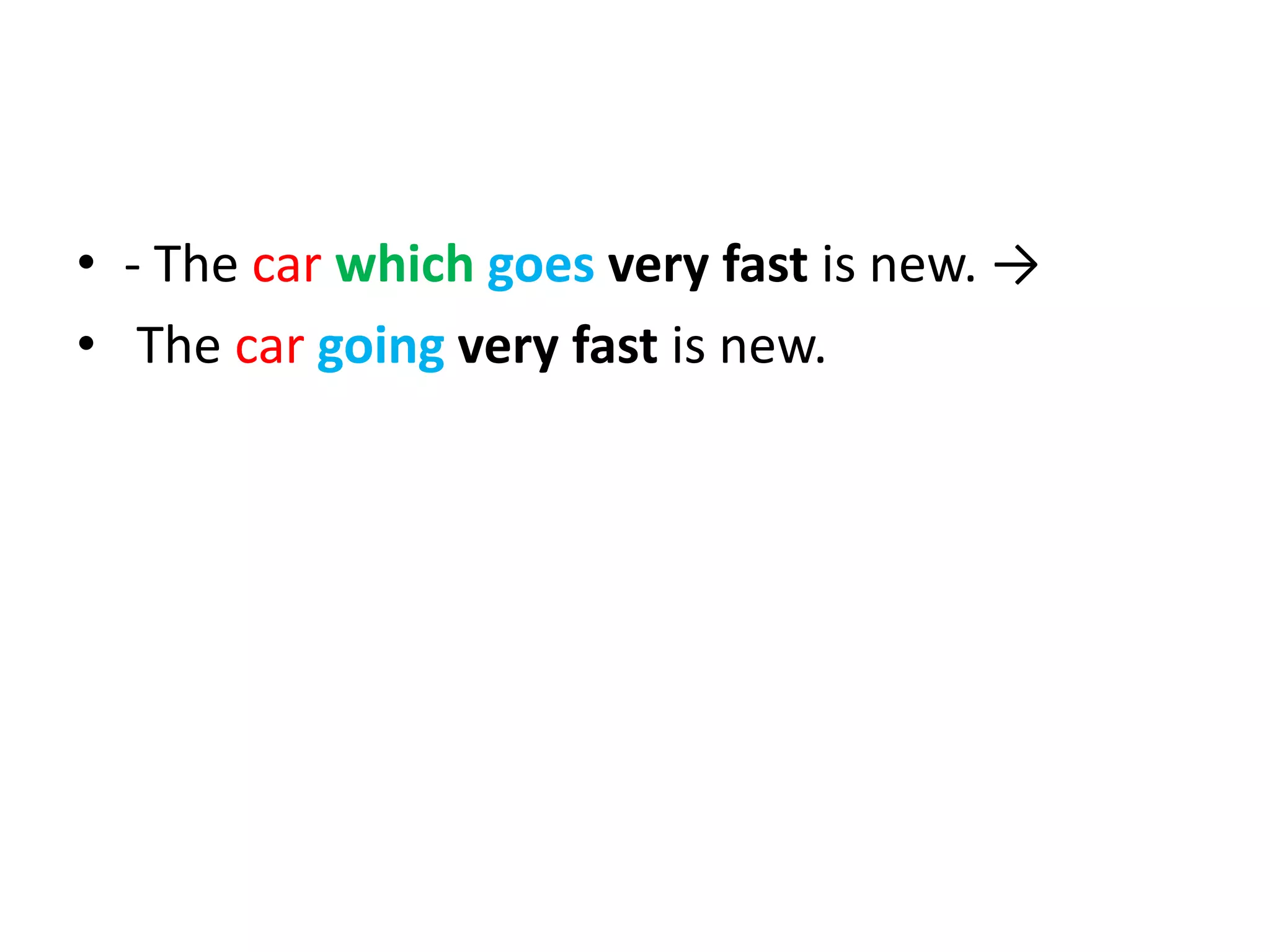 • - The car which goes very fast is new. →
• The car going very fast is new.

 