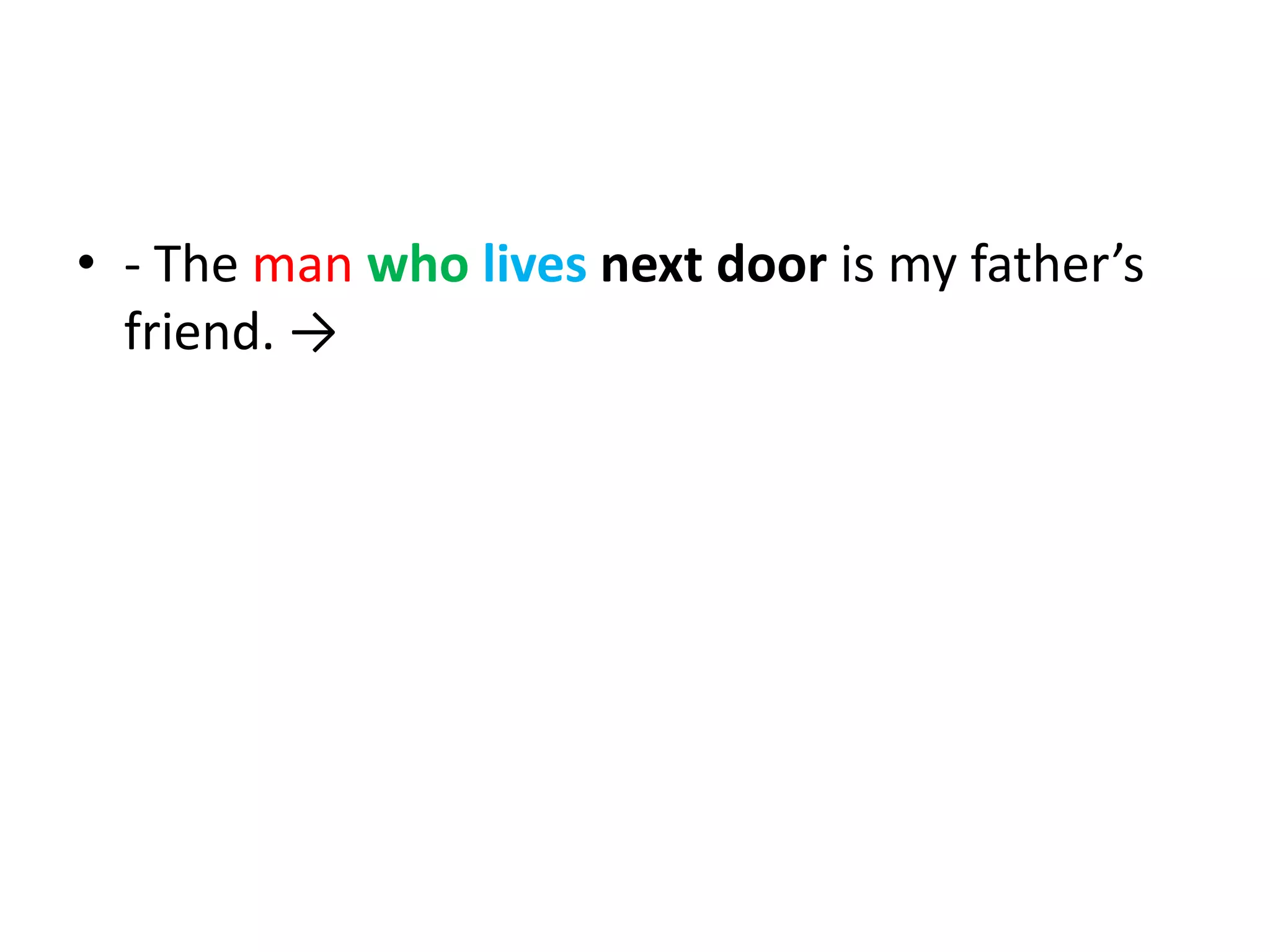 • - The man who lives next door is my father’s
friend. →

 