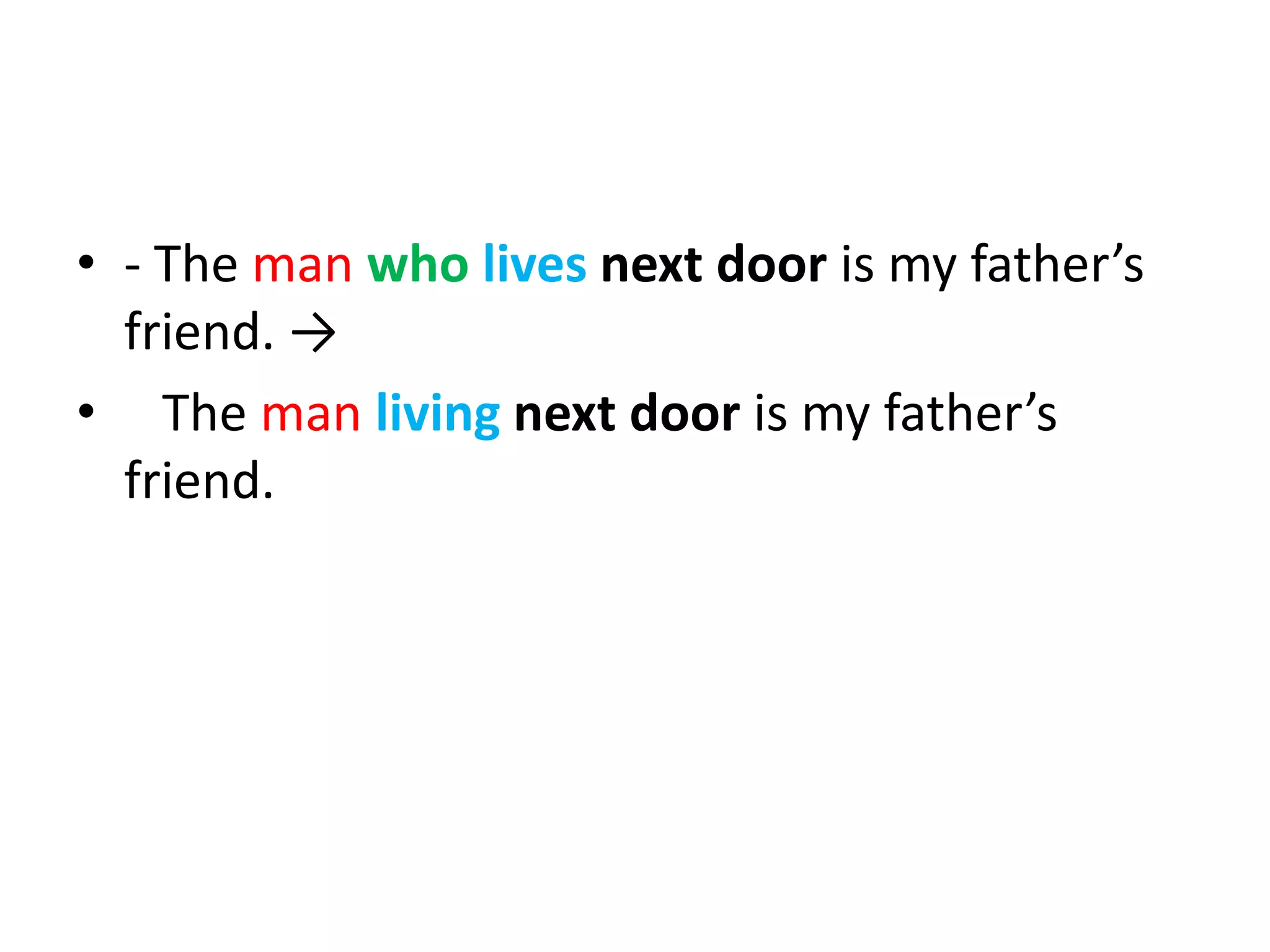 • - The man who lives next door is my father’s
friend. →
• The man living next door is my father’s
friend.

 