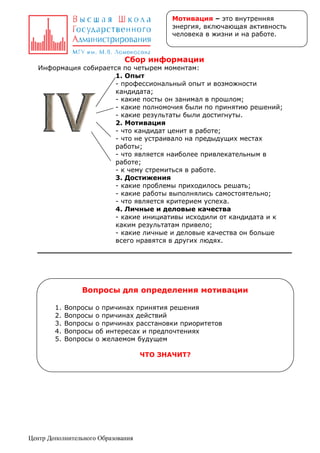 Мотивация – это внутренняя
энергия, включающая активность
человека в жизни и на работе.

Сбор информации

Информация собирается по четырем моментам:
1. Опыт
- профессиональный опыт и возможности
кандидата;
- какие посты он занимал в прошлом;
- какие полномочия были по принятию решений;
- какие результаты были достигнуты.
2. Мотивация
- что кандидат ценит в работе;
- что не устраивало на предыдущих местах
работы;
- что является наиболее привлекательным в
работе;
- к чему стремиться в работе.
3. Достижения
- какие проблемы приходилось решать;
- какие работы выполнялись самостоятельно;
- что является критерием успеха.
4. Личные и деловые качества
- какие инициативы исходили от кандидата и к
каким результатам привело;
- какие личные и деловые качества он больше
всего нравятся в других людях.

Вопросы для определения мотивации
1.
2.
3.
4.
5.

Вопросы
Вопросы
Вопросы
Вопросы
Вопросы

о причинах принятия решения
о причинах действий
о причинах расстановки приоритетов
об интересах и предпочтениях
о желаемом будущем
ЧТО ЗНАЧИТ?

Центр Дополнительного Образования

 