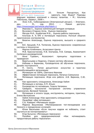 23.
Уильям
Паундстоун, Как
сдвинуть гору Фудзи? Подходы
ведущих мировых компаний к поиску талантов. – М.: Альпина
Паблишер, Харвест, 2008 г.
24.
Энин А.В., Собеседование [Электронный ресурс]. – Электрон.
дан.
–
М.,
cop.
2012.
–
Режим
доступа:
http://moscowjob.net/article.php?idart=1
25.
Иванова С., Оценка компетенций методом интервью
26.
Вучкович-Стадник Алла, Оценка персонала.
27.
Магура М.И., Курбатова М.Б., Оценка работы персонала.
28.
Клочков А. К. KPI и мотивация персонала. Полный сборник
практических инструментов
29.
Вязигин Александр, Оценка персонала, высшего и среднего
звена
30.
В.Е. Хруцкий, Р.А. Толмачев, Оценка персонала: современные
системы и технологии
31.
Мартин Кляйнманн, Ассессмент-Центр
32.
М.В. Красностанова, Н.В. Осетрова, Н.В. Самара, Assessmaent
Centerдля руководителей
33.
Анна
Гуревич,
Ассессмент:
принципы
подготовки
и
проведения
34.
Воротынцева и Неделин, Строим систему обучения
35.
Кобзева и Баранова, Руководителю об обучении персонала.
Дизайн посттренинга
36.
П. Сенге,
Пятая дисциплина: искусство и практика
самообучающейся организации
37.
Мотивация на 100%, Светлана Иванова
38.
Эффективная мотивация персонала, Наталья Самоукина
39.
Мотивация персонала. Игра или работа. А.В. Варенов, С.Ю.
Исаев
40.
Как вдохновить сотрудников, Александр Хайэм
41.
Мотивация и мотивы, Е.П. Ильин
42.
Руководство по мотивации, Гизела Хагеманн
43.
Грейдинг, технология построения системы управления
персоналом, Валерий Чемеков
44.
Мотивация и оплата труда, инструменты, методики, практика,
Елена Ветлужских
45.
Хайэм Александр «Как вдохновить сотрудников»
46.
Ландсберг «Дао мотивации»
47.
С.Б. Каверин «Мотивация труда»
48.
Марина Вишнякова «Мотивирование топ-менеджеров или
Немного о преодолении иллюзий»
49.
Юлия Васильева «Если текучки кадров не избежать, стоит
научиться ее контролировать»
50.
Егор Булыгин «Мотивация персонала»
51.
Пособие
для
предпринимателей
«Как
мотивировать
продуктивную работу персонала».

Центр Дополнительного Образования

 