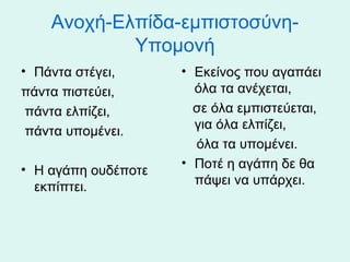 Ανοχή-Ελπίδα-εμπιστοσύνηΥπομονή
• Πάντα στέγει,
πάντα πιστεύει,
πάντα ελπίζει,
πάντα υπομένει.
• Η αγάπη ουδέποτε
εκπίπτει.

• Εκείνος που αγαπάει
όλα τα ανέχεται,
σε όλα εμπιστεύεται,
για όλα ελπίζει,
όλα τα υπομένει.
• Ποτέ η αγάπη δε θα
πάψει να υπάρχει.

 