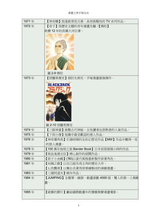 漫畫之神手塚治虫

1971 年
1972 年

【神奇糖】放進教育性元素，具有挑戰性的 TV 系列作品。
【奇子】為歷史主題的青年漫畫先驅，
【佛陀】
耗費 12 年的長篇大河巨著。

圖 2-9 佛陀
1973 年

【怪醫黑傑克】探討生與死，手塚漫畫最強傑作。

圖 2-10 怪醫黑傑克
1974 年

【三眼神童】挑戰古代神秘，女性讀者也很熟悉的人氣作品。

1975 年

【下雨小僧】短篇中最受歡迎的感人作品。

1976 年

【神奇獨角馬】忙碌時期的全彩幻想名作品【MW】作品中難得一見
的惡人漫畫。

1978 年

【100 萬年地球之旅 Bander Book】日本首部兩個小時的作品

1979 年

【吸血鬼德古拉】精心創作的胡鬧作品。

1980 年

【原子小金剛】(’80)以當代風格重新製作原著角色。

1981 年

【向陽之樹】以自己祖先為主角的歷史大作。
【七色鸚哥】以舞台名著為背景繪製成的演劇漫畫。

1983 年

【三個阿道夫】晚年作品。

1984 年

【JUMPING】全篇單一鏡頭，動畫張數 4000 張，驚人的第一人稱動
畫。

1985 年

【破舊的膠片】獻給國際動畫年的懷舊無聲漫畫電影。

5

 