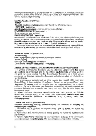 από δηµόσια νοσοκοµεία χωρίς την έγκριση του ελεγκτή του Ι.Κ.Α. ούτε έχουν δικαίωµα
χορήγησης αναρρωτικής άδεια σµε υπεύθυνη δήλωση, ούτε παραπέµπονται στις κατά
τόπους Υγειονοµικές Επιτροπές.
ΕΙ∆ΙΚΕΣ Α∆ΕΙΕΣ (αναπλ/των)
ΓΑΜΟΥ
Πέντε (5) εργάσιµες ηµέρες αµέσως πριν ή µετά την τέλεση του γάµου.
ΠΕΝΘΟΥΣ ( αναπλ/των )
∆ύο (2) εργάσιµες ηµέρες ( σύζυγος, τέκνα, γονείς, αδελφοί )
ΣΥΜΜΕΤΟΧΗΣ ΣΕ ∆ΙΚΗ ( αναπλ/των )
Ο,τι ισχύει και για τους µονίµους.
ΕΙ∆ΙΚΗ ΑΝΑΡΡ ΤΙΚΗ ( αναπλ/των )
Αναπληρωτές εκπαιδευτικοί που πάσχουν ή έχουν τέκνο που πάσχει από νόσηµα, που
απαιτεί µεταγγίσεις αίµατος και παραγώγων του ή αιµοκάθαρση, δικαιούνται έως είκοσι
δύο (22) ηµέρες επιπλέον των επτά ηµερών (7) κανονικής άδειας από τις οποίες
οι έντεκα (11) µε αποδοχές και οι έντεκα (11) χωρίς αποδοχές.
Το νόσηµα πρέπει να είναι πιστοποιηµένο µε γνωµάτευση της πρωτοβάθµιας
υγειονοµικής επιτροπής, µε την οποία θα αποδεικνύεται αιτιολογηµένα η πάθηση .
Α∆ΕΙΑ ΜΗΤΡΟΤΗΤΑΣ (αναπλ/των )
΄Αδεια κύησης
Οκτώ (8) εβδοµάδες πριν την πιθανή ηµεροµηνία τοκετού .
΄Αδεια λοχείας
Εννέα (9) εβδοµάδες µετά τον τοκετό.
Σύνολο δέκα επτά (17) εβδοµάδες ( 119 ηµέρες )
Α∆ΕΙΕΣ ∆ΙΕΥΚΟΛΥΝΣΕ Ν ΑΝΠΛ/Τ Ν ΜΕ ΟΙΚΟΓΕΝΕΙΑΚΕΣ ΥΠΟΧΡΕ ΣΕΙΣ
1) Η µητέρα αναπληρώτρια δικαιούται µείωση διδακτικού ωραρίου κατά δύο ώρες
εβδοµαδιαία και απαλλαγή από τις πρόσθετες εξωδιδακτικές εργασίες για δύο
έτη µετά την άδεια λοχείας. Τις ίδιες διευκολύνσεις δικαιούται και η θετή µητέρα
αναπλ/τρια εφ’ όσον έχει περαιωθεί η διαδικασία υιοθεσίας και µέχρι την ηλικία τέκνου
των έξι (6) ετών.
2) Οι αναπληρωτές εκπαιδευτικοί µε τέκνα ηλικίας έως δεκαέξι (16) ετών στην
Πρωτοβάθµια ή ∆ευτεροβάθµια Εκπαίδευση, δικαιούνται να απουσιάζουν
έως
τέσσερεις (4) ηµέρες από την εργασία τους για παρακολούθηση της σχολικής
επίδοσης. Αν και οι δύο γονείς είναι δικαιούχοι αποφασίζουν µε κοινή συµφωνία και
υπεύθυνη δήλωση στην υπηρεσία τους ποιος από τους δύο θα κάνει χρήση του
δικαιώµατος αυτού.
3) ΄Αδεια εξετάσεων αναπλ/των εκπαιδευτικών που είναι φοιτητές σε βαθµίδα
εκπαίδευσης ανώτερη αυτής µε την οποία έχουν προσληφθεί, δεκατέσσερεις (14)
ηµέρες. Απαιτείται βεβαίωση προσέλευσης στις εξετάσεις από τους
ενδιαφερόµενους.
Α∆ΕΙΑ ΑΙΜΟ∆ΟΣΙΑΣ ( αναπλ/των )
Κατόπιν συναίνεσης του/της διευθυντή/ντριας και εφ’όσον οι ανάγκες τις
υπηρεσίας το επιτρέπουν.
1) Για ασθενή του συγγενικού του περιβάλλοντος µία (1) ηµέρα, την ηµέρα της
αιµοδοσίας.
2) Αιµοδοσία µε δική του πρωτοβουλία δύο(2) ηµέρες, την ηµέρα της αιµοδοσίας και
µία επιπλέον.
3) Κατόπιν πρόσκλησης υπηρεσίας για κάλυψη έκτακτης ανάγκης ή για οργανωµένη
οµαδική αιµοληψία τρείς (3) ηµέρες . Μία ηµέρα της αιµοδοσίας και δύο επιπλέον.

8

 