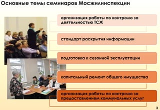 Основные темы семинаров Мосжилинспекции
организация работы по контролю за
деятельностью ТСЖ

стандарт раскрытия информации

подготовка к сезонной эксплуатации

капитальный ремонт общего имущества

организация работы по контролю за
предоставлением коммунальных услуг
3

 