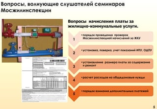 Вопросы, волнующие слушателей семинаров
Мосжилинспекции
Вопросы начисления платы за
жилищно-коммунальные услуги.
1

2

3

4

5

•порядок проведения проверок
Мосжилинспекцией начислений за ЖКУ

•установка, поверка, учет показаний ИПУ, ОДПУ

•установление размера платы за содержание
и ремонт

•расчет расходов на общедомовые нужды

•порядок взимания дополнительных платежей

5

 