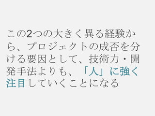 この2つの大きく異る経験か
ら、プロジェクトの成否を分
ける要因として、技術力・開
発手法よりも、「人」に強く
注目していくことになる

 