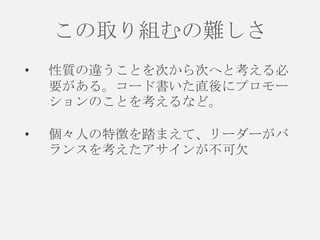 この取り組むの難しさ
•

性質の違うことを次から次へと考える必
要がある。コード書いた直後にプロモー
ションのことを考えるなど。

•

個々人の特徴を踏まえて、リーダーがバ
ランスを考えたアサインが不可欠

 