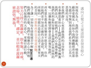







“

密忍努們他為 的所於所 唯我我有若 恩生敵到
證辱力生們了 苦做他有 一們們多我 德都珍現
悟、行起趨讓 因的們眾 反的長麼們 的平愛在
強向一 。一並生 應利大恩靜 父等親為
無精持烈正切 所切不都 和益，重下 母無友止
我進六的覺如 想都知希 願和把如心 。別；，
、波大，母 和只道求 望安他山來 地但我
。禪羅悲我有 所是正安 將樂們 思 是如們
定密心們情 作給確樂 會 所他維 我今尚
，，，不從 完自的並 是那有們我 們我分
更僅痛 全己方不 設我的是們 此們別
並即應應苦 背造法欲 法 心 的 生應敵
以布付在中 道下途受 報們血怎父 對觀友
般施諸心解 而更徑苦 答自都樣母 自想，
然 哺
行 中脫 馳 多 ， ， 他 而 奉 育 對 己 所 憎
若、
波 持 動 對並 。 更 他 但 們 然 獻 撫 自 具 有 惡
羅 戒 ， 他引 大 們 由 。 的 於 養 己 大 眾 怨
導
、

”

──

──

11

邁
向
正
覺
之
主
要
道
即
是
發
菩
提
心

 