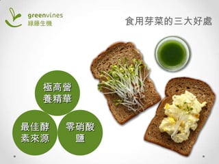 食用芽菜的三大好處

極高營
養精華
最佳酵
素來源

零硝酸
鹽

 