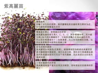 紫高麗苗
蘿蔔硫素
同屬十字花科的蔬菜，雖然蘿蔔硫素含量較青花椰苗為低，
但仍擁有相當豐富的成份
豐富維生素U，對胃最好的芽菜
紫高麗苗擁有維生素A、C、E、U、與多種礦物質，其中維
生素U為天然抗潰瘍因子，它能修復體內受傷組織的作用，
所以對於胃潰瘍和十二指腸潰瘍，可以有效的預防改善。也
因此紫高麗菜有廚房的胃藥之稱
安全的紫色蔬菜
紫高麗菜呈現紫色(花青素)，營養學家認為較綠色高麗菜更
具可讓眼睛恢復疲勞、淨化血液功能、預防老化等健康益處，
由於紫高麗苗栽培可完全不使用農藥，因此是很安全的紫色
蔬果來源

小朋友最愛吃的芽菜
紫高麗苗味道不重而呈現淡淡鮮甜，是味道接受度最高的芽
菜之一

 