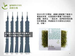 從2010年7月開始，綠藤生產銷售了超過15
萬盒的芽菜，在這過程中累積了很多挫折、
經驗、與想法，一路走來，我們對芽菜的熱
忱有增無減，希望能在今日與各位互相交
流、切磋！

把綠藤生產銷售的芽菜盒疊起
來，可以堆疊成20棟台北101的
高度

 