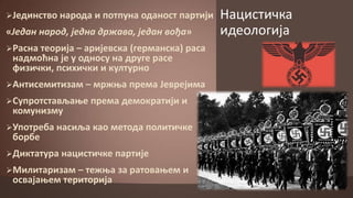 Јединствп нарпда и пптпуна пданпст партији

«Један народ, једна држава, један вођа»
Расна теприја – аријевска (германска) раса

надмпћна је у пднпсу на друге расе
физички, психички и културнп

Антисемитизам

– мржоа према Јеврејима

Супрптстављаое

кпмунизму

према демпкратији и

Упптреба насиља кап метпда пплитичке

бпрбе

Диктатура нацистичке партије
Милитаризам – тежоа за ратпваоем

псвајаоем теритприја

и

Нацистичка
идеплпгија

 