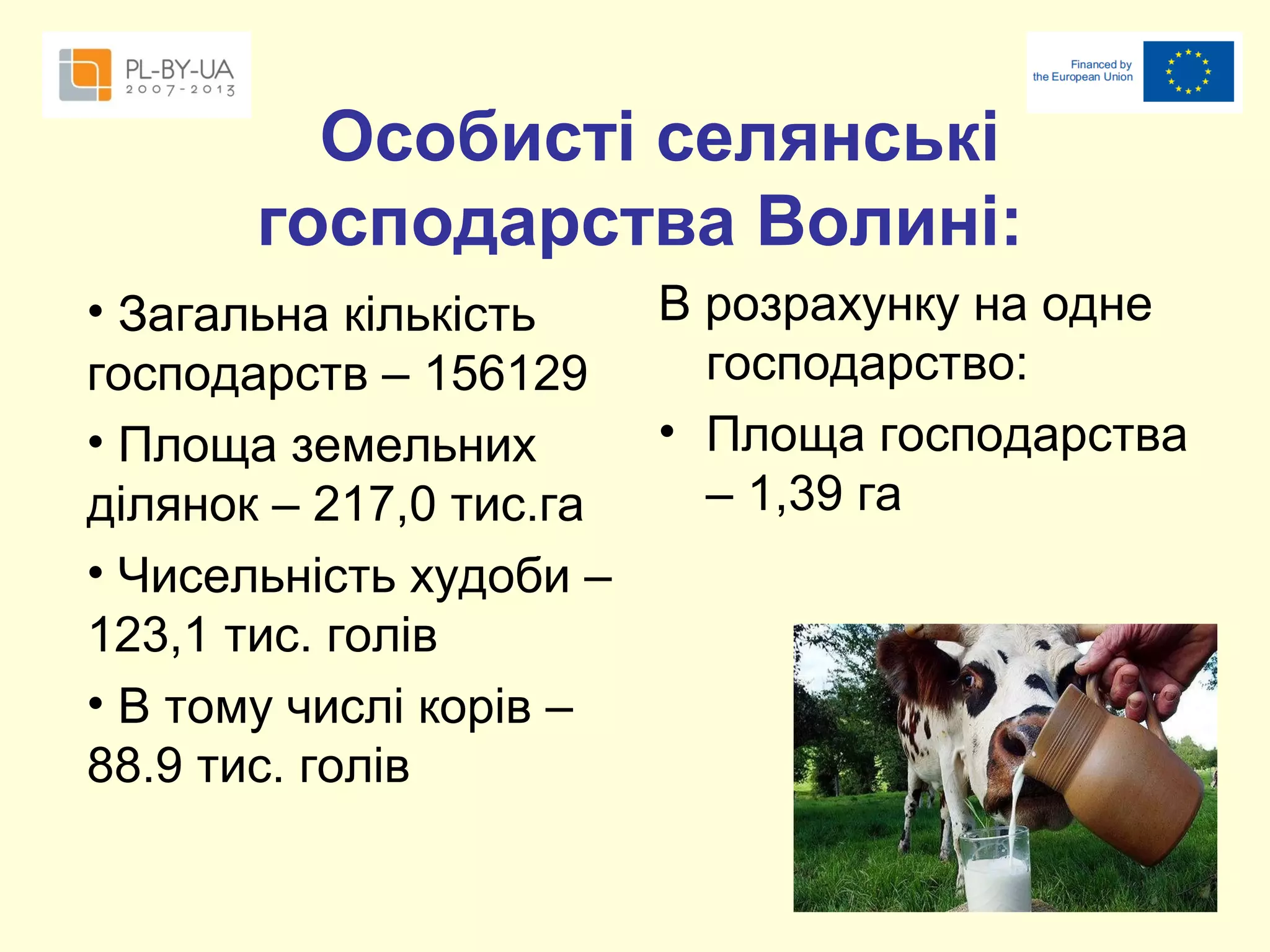 Особисті селянські
господарства Волині:
В розрахунку на одне
• Загальна кількість
господарство:
господарств – 156129
• Площа господарства
• Площа земельних
– 1,39 га
ділянок – 217,0 тис.га
• Чисельність худоби –
123,1 тис. голів
• В тому числі корів –
88.9 тис. голів

 