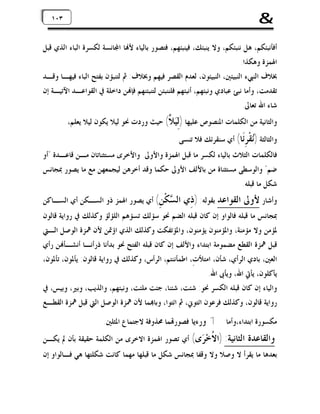 ‫&‬

‫٣٠٣٠١‬
‫١‬

‫ﺃﻓﺄﻧﺒﺌﻜﻢ، ﻫﻞ ﻧﻨﺒﺌﻜﻢ، ﻭﻻ ﻳﻨﺒﺌﻚ، ﻓﻴﻨﺒﺌﻬﻢ، ﻓﺘﺼﻮﺭ ﺑﺎﻟﻴﺎﺀ ﻷ‪‬ﺎ ﺍ‪‬ﺎﻧﺴﺔ ﻟﻜﺴﺮﺓ ﺍﻟﺒﺎﺀ ﺍﻟﺬﻱ ﻗﺒﻞ‬
‫ﺍﳍﻤﺰﺓ ﻭﻫﻜﺬﺍ.‬
‫ﲞﻼﻑ ﺍﻟﻨﱯﺀ ﺍﻟﻨﺒﻴﺌﲔ، ﺍﻟﻨﺒﻴﺌﻮﻥ، ﻟﻌﺪﻡ ﺍﻟﻘﺼﺮ ﻓﻴﻬﻢ ﻭﲞﻼﻑ: ﰒ ﻟﺘﻨﺒﺆﻥ ﺑﻔﺘﺢ ﺍﻟﺒﺎﺀ ﻓﻴﻬـﺎ ﻭﻗـﺪ‬
‫ﺗﻘﺪﻣﺖ، ﻭﺃﻣﺎ ﻧﺒﺊ ﻋﺒﺎﺩﻱ ﻭﻧﺒﺌﻬﻢ، ﺃﻧﺒﺌﻬﻢ ﻓﻠﻨﻨﺒﺌﻦ ﻟﺘﻨﺒﺌﻨﻬﻢ ﻓﺈ‪‬ﻦ ﺩﺍﺧﻠﺔ ﰲ ﺍﻟﻘﻮﺍﻋـﺪ ﺍﻵﺗﻴـﺔ ﺇﻥ‬
‫ﺷﺎﺀ ﺍﷲ ﺗﻌﺎﱃ.‬

‫ﻭﺍﻟﺜﺎﻧﻴﺔ ﻣﻦ ﺍﻟﻜﻠﻤﺎﺕ ﺍﳌﻨﺼﻮﺹ ﻋﻠﻴﻬﺎ )ِ‪ ‬ﱠ( ﺣﻴﺚ ﻭﺭﺩﺕ ﳓﻮ ﻟﻴﻼ ﻳﻜﻮﻥ ﻟﻴﻼ ﻳﻌﻠﻢ،‬
‫ﻟﻴﻼ‬
‫ﻭﺍﻟﺜﺎﻟﺜﺔ )‪‬ﻘﹾ ِﹶﺎ( ﺃﻱ ﺳﻨﻘﺮﺋﻚ ﻓﻼ ﺗﻨﺴﻰ‬
‫ﻧ ﺮﺋ‬

‫ﻓﺎﻟﻜﻠﻤﺎﺕ ﺍﻟﺜﻼﺙ ﺑﺎﻟﻴﺎﺀ ﻟﻜﺴﺮ ﻣﺎ ﻗﺒﻞ ﺍﳍﻤﺰﺓ ﻭﺍﻷﻭﱃ ﻭﺍﻷﺧﺮﻯ ﻣﺴﺘﺜﻨﺎﺗﺎﻥ ﻣـﻦ ﻗﺎﻋـﺪﺓ "ﺃﻭ‬
‫ﺿﻢ" ﻭﺍﻟﻮﺳﻄﻰ ﻣﺴﺘﺜﻨﺎﺓ ﻣﻦ ﺑﺎﻷﻟﻒ ﺍﻷﻭﱃ ﺣﻜﻤﺎ ﻭﻗﺪ ﺃﺧﺮﻫﻦ ﻟﻴﺠﻤﻌﻬﻦ ﻣﻊ ﻣﺎ ﻳﺼﻮﺭ ﲟﺠﺎﻧﺲ‬
‫ﺷﻜﻞ ﻣﺎ ﻗﺒﻠﻪ.‬

‫ﻭﺃﺷﺎﺭ ﻷﻭﱃ ﺍﻟﻘﻮﺍﻋﺪ ﺑﻘﻮﻟﻪ: )ﺫِﻱ‬

‫ﺍﻟ ‪‬ﻜﹾ ِ( ﺃﻱ ﻳﺼﻮﺭ ﺍﳍﻤﺰ ﺫﻭ ﺍﻟﺴـﻜﻦ ﺃﻱ ﺍﻟﺴـﺎﻛﻦ‬
‫ﺴ ﻦ‬

‫ﲟﺠﺎﻧﺲ ﻣﺎ ﻗﺒﻠﻪ ﻓﺎﻟﻮﺍﻭ ﺇﻥ ﻛﺎﻥ ﻗﺒﻠﻪ ﺍﻟﻀﻢ ﳓﻮ ﺳﺆﻟﻚ ﺗﺴﺆﻫﻢ ﺍﻟﻠﺆﻟﺆ ﻭﻛﺬﻟﻚ ﰲ ﺭﻭﺍﻳﺔ ﻗﺎﻟﻮﻥ‬

‫ﳌﺆﻣﻦ ﻭﻻ ﻣﺆﻣﻨﺔ، ﻭﺍﳌﺆﻣﻨﻮﻥ ﻳﺆﻣﻨﻮﻥ، ﻭﺍﳌﺆﺗﻔﻜﺖ ﻭﻛﺬﻟﻚ ﺍﻟﺬﻱ ﺍﺅﲤﻦ ﻷﻥ ﳘﺰﺓ ﺍﻟﻮﺻﻞ ﺍﻟـﱵ‬
‫ﻗﺒﻞ ﳘﺰﺓ ﺍﻟﻘﻄﻊ ﻣﻀﻤﻮﻣﺔ ﺍﺑﺘﺪﺍﺀ ﻭﺍﻷﻟﻒ ﺇﻥ ﻛﺎﻥ ﻗﺒﻠﻪ ﺍﻟﻔﺘﺢ ﳓﻮ ﺑﺪﺃﻧﺎ ﺫﺭﺃﻧـﺎ ﺃﻧﺸـﺄ‪‬ﻦ ﺭﺃﻱ‬
‫ﺍﻟﻌﲔ، ﺑﺎﺩﻱ ﺍﻟﺮﺃﻱ، ﺷﺄﻥ، ﺍﻣﺘﻸﺕِ، ﺍﻃﻤﺄﻧﻨﺘﻢ، ﺍﻟﺮﺃﺱ، ﻭﻛﺬﻟﻚ ﰲ ﺭﻭﺍﻳﺔ ﻗﺎﻟﻮﻥ: ﻳﺄﳌﻮﻥ، ﺗﺄﳌﻮﻥ،‬
‫ﻳﺄﻛﻠﻮﻥ، ﻳﺄﰐ ﺍﷲ، ﻭﻳﺄﰉ ﺍﷲ.‬
‫ﻭﺍﻟﻴﺎﺀ ﺇﻥ ﻛﺎﻥ ﻗﺒﻠﻪ ﺍﻟﻜﺴﺮ ﳓﻮ: ﺷﺌﺖ، ﺷﺌﻨﺎ، ﺟﺌﺖ ﻣﻠﺌﺖ، ﻭﻧﺒﺌﻬﻢ، ﻭﺍﻟﺬﻳﺐ، ﻭﺑﲑ، ﻭﺑﻴﺲ، ﰲ‬
‫ﺭﻭﺍﻳﺔ ﻗﺎﻟﻮﻥ، ﻭﻛﺬﻟﻚ ﻓﺮﻋﻮﻥ ﺍﺋﺘﻮﱐ، ﰒ ﺍﺋﺘﻮﺍ، ﻭﺑﺎ‪‬ﻤﺎ ﻷﻥ ﳘﺰﺓ ﺍﻟﻮﺻﻞ ﺍﻟﱵ ﻗﺒﻞ ﳘﺰﺓ ﺍﻟﻘﻄـﻊ‬
‫ﻣﻜﺴﻮﺭﺓ ﺍﺑﺘﺪﺍﺀ،ﻭﺃﻣﺎ 1 ﻭﺭﺀﻳﺎ ﻓﺼﻮﺭ‪‬ﻤﺎ ﳏﺬﻭﻓﺔ ﻻﺟﺘﻤﺎﻉ ﺍﳌﺜﻠﲔ.‬

‫ﻭﺍﻟﻘﺎﻋﺪﺓ‬

‫ﺍﻟﺜﺎﻧﻴﺔ: )ﺍ ﹸﺧ‪ ‬ﻯ( ﺃﻱ ﺗﺼﻮﺭ ﺍﳍﻤﺰﺓ ﺍﻻﺧﺮﻯ ﻣﻦ ﺍﻟﻜﻠﻤﺔ ﺣﻘﻴﻘﺔ ﺑﺄﻥ ﱂ ﻳﻜـﻦ‬
‫ﻻ ﺮ‬

‫ﺑﻌﺪﻫﺎ ﻣﺎ ﻳﻘﺮﺃ ﻻ ﻭﺻﻼ ﻭﻻ ﻭﻗﻔﺎ ﲟﺠﺎﻧﺲ ﺷﻜﻞ ﻣﺎ ﻗﺒﻠﻬﺎ ﻣﻬﻤﺎ ﻛﺎﻧﺖ ﺷﻜﻠﺘﻬﺎ ﻫﻲ ﻓـﺎﻟﻮﺍﻭ ﺇﻥ‬

 