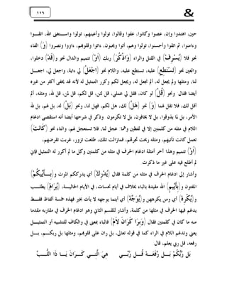 ‫&‬

‫٦١٦١١‬
‫١‬

‫ﺣﲔ، ﺍﻫﺘﺪﻭﺍ ﻭﺇﻥ، ﻋﺼﻮﺍ ﻭﻛﺎﻧﻮﺍ، ﻋﻔﻮﺍ ﻭﻗﺎﻟﻮﺍ، ﺗﻮﻟﻮﺍ ﻭﺃﻋﻴﻨﻬﻢ، ﺗﻮﻟﻮﺍ ﻭﺍﺳـﺘﻐﲎ ﺍﷲ، ﺍﺗﻘـﻮﺍ‬
‫ﻭﺀﺍﻣﻨﻮﺍ، ﰒ ﺍﺗﻘﻮﺍ ﻭﺃﺣﺴﻨﻮﺍ، ﺗﻮﻟﻮﺍ ﻭﻫﻢ، ﺃﺗﻮﺍ ﻭﳛﺒﻮﻥ، ﺀﺍﺗﻮﺍ ﻭﻗﻠﻮ‪‬ﻢ، ﺀﺍﻭﻭﺍ ﻭﻧﺼﺮﻭﺍ ) ‪ (‬ﺍﻟﻔﺎﺀ‬
‫ﻭ‬

‫ﳓﻮ ﻓﻼ )‪‬ﺴ‪ِ ‬ﻑ‪ (‬ﰲ ﺍﻟﻘﺘﻞ ﻭﺍﻟﺮﺍﺀ ) ‪‬ﺍﺫﹾ ﹸ ‪ (‬ﺭﺑﻚ )ﹶﻭ‪ (‬ﺗﺘﻤﻴﻢ ﻭﺍﻟﺪﺍﻝ ﳓﻮ ﻭ) ﹶﺪ‪ (‬ﺩﺧﻠﻮﺍ،‬
‫ﻗ‬
‫ﺍ‬
‫ﻭ ﻛﺮ‬
‫ﻳ ﺮ‬
‫ﻭﺍﻟﻌﲔ ﳓﻮ )‪‬ﺴ‪ (ِ ِ ‬ﻋﻠﻴﻪ، ﺗﺴﺘﻄﻊ ﻋﻠﻴﻪ، ﻭﺍﻟﻼﻡ ﳓﻮ )ﺍﺟ‪ ‬ﻞﹾ( ﱄ ﺀﺍﻳﺔ، ﻭﺍﺟﻌﻞ ﱄ، ﺍﺟﻌـﻞ‬
‫ﻌ‬
‫ﺗ ﺘﻄﻊ‬

‫ﻟﻨﺎ، ﻭﻣﺜﻠﻬﺎ ﻭﱂ ﳚﻌﻞ ﻟﻪ، ﺃﱂ ﳒﻌﻞ ﻟﻪ، ﻭﳚﻌﻞ ﻟﻜﻢ ﻭﻛﺮﺭ ﺍﻟﺘﻤﺜﻴﻞ ﻟﻪ ﻷﻧﻪ ﻗﺪ ﳜﻔﻰ ﺃﻛﺜﺮ ﻣﻦ ﻏﲑﻩ‬

‫ﺃﻳﻀﺎ ﻓﻘﺎﻝ: ﻭﳓﻮ ) ﹸﻞﹾ( ﻟﻮ ﻛﺎﻥ، ﻓﻘﻞ ﱄ ﻋﻤﻠﻲ، ﻗﻞ ﻟﺌﻦ، ﻗﻞ ﻟﻜﻢ، ﻗﻞ ﳌﻦ، ﻗﻞ ﷲ، ﻭﻣﺜﻠﻪ، ﺃﱂ‬
‫ﻗ‬

‫ﺃﻗﻞ ﻟﻚ، ﻓﻼ ﺗﻘﻞ ﳍﻤﺎ ) ‪ (‬ﳓﻮ ) ‪‬ﻞﹾ( ﻟﻚ، ﻫﻞ ﻟﻜﻢ، ﻓﻬﻞ ﻟﻨﺎ، ﻭﳓﻮ )‪‬ﻞﹾ( ﻟﻪ، ﺑﻞ ﳍﻢ، ﺑﻞ ﷲ‬
‫ﺑ‬
‫ﻫ‬
‫ﻭ‬
‫ﺍﻷﻣﺮ، ﺑﻞ ﳌﺎ ﻳﺬﻭﻗﻮﺍ، ﺑﻞ ﻻ ﳜﺎﻓﻮﻥ، ﺑﻞ ﻻ ﺗﻜﺮﻣﻮﻥ. ﻭﺫﻛﺮ ﰲ ﺷﺮﺣﻬﺎ ﺃﻳﻀﺎ ﺃﻧﻪ ﺍﺳﺘﻘﺼﻰ ﺍﺩﻏﺎﻡ‬

‫ﺍﻟﻼﻡ ﰲ ﻣﺜﻠﻪ ﻣﻦ ﻛﻠﻤﺘﲔ ﺇﻻ ﰲ ﻟﻔﻈﲔ ﻭﳘﺎ: ﻋﺠﻞ ﻟﻨﺎ، ﻓﻼ ﺗﺴﺘﻌﺠﻞ ﳍﻢ، ﻭﺍﻟﺘﺎﺀ ﳓﻮ )ﻛﹶﺎﻧ‪‬ﺖ‪(‬‬
‫ﺗﻌﻤﻞ ﻛﺎﻧﺖ ﺗﺄﺗﻴﻬﻢ، ﻭﻣﺜﻠﻪ ﺭﲝﺖ ﲡﺮ‪‬ﻢ، ﻓﻤﺎﺯﺍﻟﺖ ﺗﻠﻚ، ﻃﻠﻌﺖ ﺗﺰﻭﺭ، ﻏﺮﺑﺖ ﺗﻘﺮﺿﻬﻢ،‬

‫)ﹶﻭ‪ (‬ﺗﺘﻤﻴﻢ ﻭﻫﺬﺍ ﺁﺧﺮ ﺃﻣﺜﻠﺔ ﺍﺩﻏﺎﻡ ﺍﳊﺮﻑ ﰲ ﻣﺜﻠﻪ ﻣﻦ ﻛﻠﻤﺘﲔ ﻭﻛﻞ ﻣﺎ ﱂ ﺃﻛﺮﺭ ﻟﻪ ﺍﻟﺘﻤﺜﻴﻞ ﻓﺈﱐ‬
‫ﺍ‬
‫ﱂ ﺃﻃﻠﻊ ﻓﻴﻪ ﻋﻠﻰ ﻏﲑ ﻣﺎ ﺫﻛﺮﺕ.‬

‫ﻭﺃﺷﺎﺭ ﺇﱃ ﺍﺩﻏﺎﻡ ﺍﳊﺮﻑ ﰲ ﻣﺜﻠﻪ ﻣﻦ ﻛﻠﻤﺔ ﻓﻘﺎﻝ )‪‬ﺪ‪‬ﺭِﻙ‪ (‬ﺃﻱ ﻳﺪﺭﻛﻜﻢ ﺍﳌﻮﺕ ﻭ)ﺑِـﺄﹶ‪‬ﻴ ﹸﻢ‪(‬‬
‫ﻳﻜ‬
‫ﻳ‬

‫ﺍﳌﻔﺘﻮﻥ ﻭ)ِﹶ‪‬ﻴ ٍ( ﺍﷲ ﻣﻘﻴﺪﺓ ﺑﺎﻟﺒﺎﺀ ﲞﻼﻑ ﰲ ﺃﻳﺎﻡ ﳓﺴﺎﺕ، ﰲ ﺍﻷﻳﺎﻡ ﺍﳋﺎﻟﻴـﺔ، )‪ ‬ﺍﻡ‪ (‬ﻳﻄﻠـﺐ‬
‫ﻳﺮ‬
‫ﺑﺄﻳ ﻢ‬

‫ﻭ)‪‬ﻜﹾ ِﻩ‪ (‬ﺃﻱ ﻭﻣﻦ ﻳﻜﺮﻫﻬﻦ ﻭ)‪  ‬ﻪ‪ (‬ﺃﻱ ﺃﻳﻨﻤﺎ ﻳﻮﺟﻬﻪ ﻻ ﻳﺄﺕ ﲞﲑ ﻓﻬﺬﻩ ﲬﺴﺔ ﺃﻟﻔﺎﻅ ﻓﻘـﻂ‬
‫ﻳﻮﺟ‬
‫ﻳ ﺮ‬

‫ﻳﺪﻏﻢ ﻓﻴﻬﺎ ﺍﳊﺮﻑ ﰲ ﻣﺜﻠﻬﺎ ﻣﻦ ﻛﻠﻤﺔ، ﻭﺃﺷﺎﺭ ﻟﻠﻘﺴﻢ ﺍﻟﺜﺎﱐ ﻭﻫﻮ ﺍﺩﻏﺎﻡ ﺍﳊﺮﻑ ﰲ ﻣﻘﺎﺭﺑﻪ ﻣﻘﺪﻣﺎ‬

‫ﻣﻨﻪ ﻣﺎ ﻛﺎﻥ ﰲ ﻛﻠﻤﺘﲔ ﻓﻘﺎﻝ )ﻭ‪‬ﺑِﺮ‪‬ﺍ ﻛﹶﺮ‪‬ﺍﻥﹶ‬

‫ﹶﻡ‪ (‬ﻓﺎﻟﺒﺎﺀ ﲟﻌﲎ ﰲ ﻭﺍﻟﻜﺎﻑ ﻟﻠﺘﺸﺒﻴﻪ ﺃﻭ ﺍﻟﺘﻤﺜﻴـﻞ‬
‫ﻻ‬

‫ﻳﻌﲏ ﻭﺗﺪﻏﻢ ﺍﻟﻼﻡ ﰲ ﺍﻟﺮﺍﺀ ﻛﻤﺎ ﰲ ﻗﻮﻟﻪ ﺗﻌﺎﱃ، ﺑﻞ ﺭﺍﻥ ﻋﻠﻰ ﻗﻠﻮ‪‬ﻢ، ﻭﻣﺜﻠﻬﺎ ﺑﻞ ﺭﺑﻜـﻢ، ﺑـﻞ‬

‫ﺭﻓﻌﻪ، ﻗﻞ ﺭﰊ ﻳﻌﻠﻢ، ﻗﺎﻝ:‬

‫ﺑ‪‬ﻞ ‪ ‬ﹸﻢ‪ ‬ﺑ‪‬ـﻞ ‪‬ﻓﹶﻌ‪‬ـﻪ‪ ‬ﹸـﻞ ‪‬ـﻲ‬
‫ﻗ ﺭﺑ‬
‫ﺭ‬
‫ﺭﺑﻜ‬

‫ﻠ ﺐ‬
‫ﻫِﻲ‪ ‬ﺍﱠﺘِـﻲ ﻛﹶـﺮ‪‬ﺍﻥﹶ ﻳ‪‬ـﺎ ﺫﹶﺍ ﺍﻟﱡـ ‪‬‬
‫ﻟ‬

 