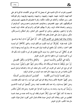 ‫&‬

‫٤٢٤٢١‬
‫١‬

‫ﺍﻟﺘﻌﻤﻴﻢ ﻭﺍﳉﻮﺍﺏ ﺃﻧﻪ ﺫﻛﺮﻩ ﻟﻠﺘﻨﺒﻴﻪ ﻋﻠﻰ ﺃﻧﻪ ﻳﺘﺼﻞ ﺇﺫﺍ ﻛﺎﻥ ﻣﻊ ﻏﲑ ﺍﻟﻜﻠﻤﺎﺕ ﺍﳌﺬﻛﻮﺭﺓ ﳓﻮ ﻋﻠﻰ‬
‫ﺃ‪‬ﻤﺎ ﻓﻴﻬﻤﺎ، ﻓﺄﺯﳍﻤﺎ، ﻋﻨﻬﻤﺎ، ﻋﻠﻴﻬﻤﺎ، ﻭﳒﻴﻨﻬﻤﺎ، ﻭﺀﺍﺗﻴﻨﻬﻤﺎ، ﻭﻫﺪﻳﻨﻬﻤﺎ ﻭﻗﻮﻣﻬﻤﺎ، ﻭﳓﻮ ﻟﻘﻮﻣﻜﻤﺎ‬
‫ﲟﺼﺮ، ﻭﻣﻦ ﺍﺗﺒﻌﻜﻤﺎ، ﻭﻛﺬﻟﻚ ﻋﻦ ﺗﻠﻜﻤﺎ، ﺫﻟﻜﻤﺎ، ﻭﳓﻮ ﻻ ﺗﻌﻠﻤﻮ‪‬ﻢ ﺍﷲ ﻳﻌﻠﻤﻬﻢ، ﻟﻴﺼـﺪﻭ‪‬ﻢ،‬
‫ﻓﺴﻴﻜﻔﻴﻜﻬﻢ، ﺇ‪‬ﻢ، ﻣﻨﻬﻢ، ﺛﻘﻔﺘﻤﻮﻫﻢ، ﻭﺟﺪﲤﻮﻫﻢ، ﻓﺨـﺬﻭﻫﻢ ﻭﺍﺣﺼـﺮﻭﻫﻢ، ﻛـﺎﻟﻮﻫﻢ ﺃﻭ‬
‫ﻭﺯﻧﻮﻫﻢ، ﻭﺍﺗﺼﺎﳍﺎ ﲝﺬﻑ ﺍﳌﺰﻳﺪ، ﻭﳓﻮ ﻻ ﻳﻨﻬﻜﻢ، ﻗﺘﻠﻮﻛﻢ، ﻭﺃﺧﺮﺟﻮﻛﻢ، ﲝﺬﻑ ﺍﳌﺰﻳﺪ ﺃﻳﻀـﺎ‬
‫ﻭﳓﻮ ﰲ ﺃﺭﺣﺎﻣﻬﻦ، ﻭﺑﻌﻮﻟﺘﻬﻦ، ﺑﺮﺩﻫﻦ، ﰲ ﺃﻧﻔﺴﻬﻦ، ﺇ‪‬ﻦ ﺃﺿﻠﻠﻦ، ﻭﳓﻮ ﺃﻣﺘﻌﻜﻦ ﻭﺃﺳـﺮﺣﻜﻦ،‬
‫ﻣﻨﻜﻦ، ﻭﺳﻴﺄﰐ ﻣﺎ ﻳﺪﻝ ﻋﻠﻰ ﺍﺗﺼﺎﻝ ﺑﻌﺾ ﻫﺬﻩ ﺍﻟﻜﻠﻤﺎﺕ.‬

‫ﻭﻫﺬﺍﻥ ﺑﻴﺘﺎﻥ ﻓﻴﻤﺎ ﻳﺘﺼﻞ ﻣﻦ ﺍﻟﻘﺴﻢ ﺍﻷﻭﻝ. ﻗﺎﻝ: )ﺍﹶﻭ‪ ‬ﺻِﻞﹾ‬

‫ﹶﻳ‪ ( ‬ﲟﺎ ﰲ ﺃﺭﺑﻌﺔ ﻣﻮﺍﺿـﻊ:‬
‫ﺃﻦ‬

‫ﺍﻷﻭﻝ: ﻗﻴﺪﻩ ﺑﻘﻮﻟﻪ: )‪‬ﺪ‪ِ ‬ﻙ‪ (‬ﺃﻱ ﺃﻳﻨﻤﺎ ﺗﻜﻮﻧﻮﺍ ﻳﺪﺭﻛﻜﻢ ﺍﳌﻮﺕ، ﻭﺍﻟﺜﺎﱐ )ﺍ ﹶﺧ‪ (ِ ‬ﺃﻱ ﺃﻳﻨﻤـﺎ‬
‫ﻻ ﺬ‬
‫ﻳ ﺭ‬

‫ﺛﻘﻔﻮﺍ ﺃﺧﺬﻭﺍ، ﻭﺍﻟﺜﺎﻟﺚ )ﹸﻢ‪ (‬ﺑﺎﻟﻔﺘﺢ ﺃﻱ ﻓﺄﻳﻨﻤﺎ ﺗﻮﻟﻮﺍ ﻓﺜﻢ ﻭﺟﻪ ﺍﷲ، ﻭﺍﻟﺮﺍﺑﻊ ﺃﻳﻨﻤﺎ ﻳﻮﺟﻬﻪ ﻻ ﻳﺄﺕ‬
‫ﺛ‬

‫ﲞﲑ ﰲ )‪‬ﺤ‪ (ٍ ‬ﺃﻱ ﺳﻮﺭﺓ ﺍﻟﻨﺤﻞ، ﻭﻣﺎ ﺳﻮﻯ ﺍﻷﺭﺑﻊ ﻣﻨﻔﺼﻞ ﳓﻮ ﺃﻳﻦ ﻣﺎ ﺗﻜﻮﻧﻮﺍ ﻳﺄﺕ ﺑﻜﻢ ﺍﷲ،‬
‫ﻧ ﻞ‬
‫ﺃﻳﻦ ﻣﺎ ﻛﻨﺘﻢ ﺗﺪﻋﻮﻥ، ﺃﻳﻦ ﻣﺎ ﺛﻘﻔﻮﺍ ﺇﻻ ﲝﺒﻞ. ﻗﺎﻝ ﰲ ﺍﳉﻮﻫﺮ:‬

‫ﻭ‪‬ﺃﹶﻳ‪‬ﻨ‪‬ﻤ‪‬ﺎ ﻓِﻲ ﺍﻟﹾﺒِﻜﹾـﺮِ ﻭ‪‬ﺍﻟ‪‬ﺴ‪‬ـﺎ ﺻِـﻞِ‬
‫ﻨ‬

‫ﻭ‪‬ﺍﻟ‪‬ﺤ‪‬ﻞِ ﻭ‪‬ﺍﻷﺣ‪‬ﺰ‪‬ﺍﺏِ ﻭ‪‬ﺍﻟﹾﻐ‪‬ﻴ‪‬ﺮ‪ ‬ﺍﻓﹾﺼِـﻞِ‬
‫ﻨ‬

‫) ‪ (‬ﺻﻞ ) ‪‬ﻳ‪ ( ‬ﲟﺎ ﺑﻌﺪﻫﺎ ﺃﻱ ﻭﻳﻜﺄﻥ ﺍﷲ، ﻭﻳﻜﺄﻧﻪ ﻭﺻﻞ ) ِ ‪ (‬ﺧﻠﻖ ﻭ) ِ ‪‬ﻦ‪ (‬ﺣﻴﺚ ﻭﺭﺩﺕ‬
‫ﻣﻤ‬
‫ﻣﻢ‬
‫ﻭﻚ‬
‫ﻭ‬
‫ﳓﻮ ﳑﻦ ﻣﻨﻊ، ﳑﻦ ﺃﺳﻠﻢ، ﳑﻦ ﺍﻓﺘﺮﻯ، ﳑﻦ ﻛﺬﺏ، ﻭﳑﻦ ﺗﺒﻌﻚ، ﳑﻦ ﺩﻋﺎ، ﻭﺍﺗﺼﺎﳍﻤﺎ ﺑﻮﺻﻞ ﺍﳌـﻴﻢ‬
‫ﺍﻷﻭﱃ ﺑﺎﻟﺜﺎﻧﻴﺔ ﻣﻦ ﻏﲑ ﻧﻮﻥ ﺑﻴﻨﻬﻤﺎ، ﻗﺎﻝ ﳏﻤﺪ ﻋﺒﺪ ﺍﻟﻮﺩﻭﺩ ﺑﻦ ﲪﻴﺔ ﰲ ﺍﻟﺮﻗﻮﻡ:‬

‫ﻭ‪‬ﻣِ ‪‬ﻦ‪ ‬ﺃﻳ‪‬ﻀـﺎﹰ ‪‬ﻮ‪‬ـ ‪ ‬ﻟﹶـﻦ ‪‬ﻜﹾﺘ‪‬ﺒ‪‬ـﺎ‬
‫ﺗ‬
‫ﻧﻧ ﻪ‬
‫ﻤ‬

‫ﻛﹶﻤِﻤ ـﻦ‪ ‬ﺃﺳ ـﻠﹶﻢ‪ ‬ﻭ‪‬ﻣِﻤ ـﻦ ﻛ ـ ﱠﺑ‪‬ﺎ‬
‫‪‬ـ ﹶـ ﺬ‬
‫‪‬ـ ‪‬ـ‬

‫ﻭﺻﻞ ) ِﻴ ‪ (‬ﺍﶈﺬﻭﻓﺔ ﺍﻷﻟﻒ ﻭﺻﻼ ﻭﻭﻗﻔﺎ ﳓﻮ ﻓﻴﻢ ﻛﻨﺘﻢ، ﻓﻴﻢ ﺃﻧﺖ، ﻭﺃﻣﺎ ﻓﻴﻤﺎ ﺑﺄﻟﻒ ﻓﺘﻘﺪﻣﺖ،‬
‫ﻓﻢ‬

‫ﻭﺻﻞ ) ‪‬ﻢ‪ (‬ﻳﺘﺴﺎﺀﻟﻮﻥ، ﻭﺃﻣﺎ ﻋﻤﺎ ﺑﺄﻟﻒ ﻓﺘﻘﺪﻣﺖ ﺃﻳﻀﺎ، ﻭﺻﻞ )ﹶ‪‬ـ ‪ (‬ﺃﻱ ﺃﳝـﺎ ﺍﻷﺟﻠـﲔ‬
‫ﺃﻳ ﻢ‬
‫ﻋ‬

‫ﻭ) ‪ ( ‬ﺃﻱ ﺭﲟﺎ ﻳﻮﺩ، ﻭﺷﺪﺩ ﻳﺎﺀ ﺭﺏ ﻟﻠﻮﺯﻥ ﻛﻤﺎ ﻗﺮﺃ ﺟﻞ ﺍﻟﻌﺸﺮﺓ. ﻭﺻﻞ ﻻﻡ ) ‪‬ﺎ ِ( ﺑﺎﻟﻜﺴﺮ‬
‫ﻣﻝ‬
‫ﺭﺏ‬

‫ﲟﺎ ﺑﻌﺪﻩ ﺇﺫﺍ ﻛﺎﻥ ) ‪‬ﻊ‪ (‬ﺃﺣﺪ ﺣﺮﰲ )ِﻅﹾ( ﺍﳍﻤﺰﺓ ﻭﺍﻟﻈﺎﺀ ﺃﻱ ﻭﻣﺎ ﻷﺣﺪ ﻋﻨﺪﻩ ﻣﻦ ﻧﻌﻤﺔ، ﻓﻤـﺎ‬
‫ﺇ‬
‫ﻣ‬
‫ﻟﻠﻈﻠﻤﲔ ﻣﻦ ﲪﻴﻢ، ﻭﳛﺬﻑ ﺃﻟﻒ ﺍﻟﻮﺻﻞ ﺣﻴﻨﺌﺬ ﲞﻼﻑ ﻓﻤﺎﻝ ﺍﻟﺬﻳﻦ ﻛﻔﺮﻭﺍ، ﻓﻤﺎﻝ ﻫﺆﻻﺀ ﺍﻟﻘﻮﻡ،‬
‫ﻣﺎﻝ ﻫﺬﺍ ﺍﻟﻜﺘﺐ. ﻗﺎﻝ ﰲ ﺍﳉﻮﻫﺮ:‬

 