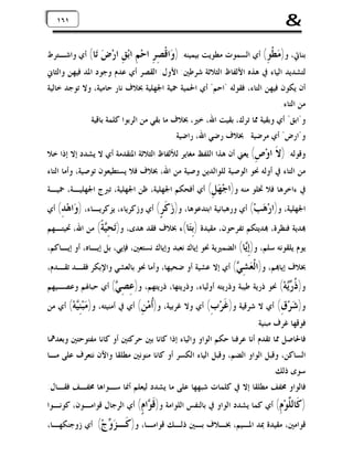 ‫&‬
‫ﺑﻨﺎﰐ، ﻭ)ﻣ‪‬ﻄﹾﻮِ( ﺃﻱ ﺍﻟﺴﻤﻮﺕ ﻣﻄﻮﻳﺖ ﺑﻴﻤﻴﻨﻪ. )ﻭ‪‬ﺍﻗﹾﺼِﺮِ ﺍﺣ‪‬ﻢِ ﺍﺑ‪‬ﻖِ‬

‫١٦١٦١‬
‫١‬
‫ﺍﺭ‪  ‬ﺎ( ﺃﻱ ﻭﺍﺷـﺘﺮﻁ‬
‫ﺽﺗ‬

‫ﻟﺘﺸﺪﻳﺪ ﺍﻟﻴﺎﺀ ﰲ ﻫﺬﻩ ﺍﻷﻟﻔﺎﻅ ﺍﻟﺜﻼﺛﺔ ﺷﺮﻃﲔ: ﺍﻷﻭﻝ: ﺍﻟﻘﺼﺮ ﺃﻱ ﻋﺪﻡ ﻭﺟﻮﺩ ﺍﳌﺪ ﻓﻴﻬﻦ ﻭﺍﻟﺜﺎﱐ‬
‫ﺃﻥ ﻳﻜﻮﻥ ﻓﻴﻬﻦ ﺍﻟﺘﺎﺀ، ﻓﻘﻮﻟﻪ "ﺍﺣﻢ" ﺃﻱ ﺍﳊﻤﻴﺔ ﲪﻴﺔ ﺍﳉﻬﻠﻴﺔ ﲞﻼﻑ ﻧﺎﺭ ﺣﺎﻣﻴﺔ، ﻭﻻ ﺗﻮﺟﺪ ﺧﺎﻟﻴﺔ‬
‫ﻣﻦ ﺍﻟﺘﺎﺀ.‬
‫ﻭ"ﺍﺑﻖ" ﺃﻱ ﻭﺑﻘﻴﺔ ﳑﺎ ﺗﺮﻙ، ﺑﻘﻴﺖ ﺍﷲ، ﺧﲑ، ﲞﻼﻑ ﻣﺎ ﺑﻘﻲ ﻣﻦ ﺍﻟﺮﺑﻮﺍ ﻛﻠﻤﺔ ﺑﺎﻗﻴﺔ‬
‫ﻭ"ﺍﺭﺽ" ﺃﻱ ﻣﺮﺿﻴﺔ ﲞﻼﻑ ﺭﺿﻲ ﺍﷲ، ﺭﺍﺿﻴﺔ.‬

‫ﻭﻗﻮﻟﻪ: ) ﹶ ﺍﻭ‪ (ِ ‬ﻳﻌﲏ ﺃﻥ ﻫﺬﺍ ﺍﻟﻠﻔﻆ ﻣﻐﺎﻳﺮ ﻟﻸﻟﻔﺎﻅ ﺍﻟﺜﻼﺛﺔ ﺍﳌﺘﻘﺪﻣﺔ ﺃﻱ ﻻ ﻳﺸﺪﺩ ﺇﻻ ﺇﺫﺍ ﺧﻼ‬
‫ﻻ ﺹ‬
‫ﻣﻦ ﺍﻟﺘﺎﺀ ﰲ ﺃﻭﻟﻪ ﳓﻮ ﺍﻟﻮﺻﻴﺔ ﻟﻠﻮﺍﻟﺪﻳﻦ ﻭﺻﻴﺔ ﻣﻦ ﺍﷲ، ﲞﻼﻑ ﻓﻼ ﻳﺴﺘﻄﻴﻌﻮﻥ ﺗﻮﺻﻴﺔ، ﻭﺃﻣﺎ ﺍﻟﺘﺎﺀ‬

‫ﰲ ﺀﺍﺧﺮﻫﺎ ﻓﻼ ﲣﻠﻮ ﻣﻨﻪ ﻭ)ﺍﺟ‪ (ِ  ‬ﺃﻱ ﺃﻓﺤﻜﻢ ﺍﳉﻬﻠﻴﺔ، ﻇﻦ ﺍﳉﻬﻠﻴﺔ، ﺗﱪﺝ ﺍﳉﻬﻠﻴـﺔ، ﲪﻴـﺔ‬
‫ﻬﻞ‬
‫ﺍﳉﻬﻠﻴﺔ، ﻭ)ﺍﺭ‪ ‬ﺐ‪ (‬ﺃﻱ ﻭﺭﻫﺒﺎﻧﻴﺔ ﺍﺑﺘﺪﻋﻮﻫﺎ، ﻭ) ‪ ‬ﹶ ٍ( ﺃﻱ ﻭﺯﻛﺮﻳﺎﺀ، ﻳﺰﻛﺮﻳـﺎﺀ، ) ‪‬ﺍﻫ‪ (ِ ‬ﺃﻱ‬
‫ﻭ ﺪ‬
‫ﺯﻛﺮ‬
‫ﻫ‬
‫‪‬ﺪﻳﺔ ﻓﻨﻈﺮﺓ، ‪‬ﺪﻳﺘﻜﻢ ﺗﻔﺮﺣﻮﻥ، ﻣﻘﻴﺪﺓ )ِ‪‬ﺎ(ﺀ ﲞﻼﻑ ﻓﻘﺪ ﻫﺪﻯ، ﻭ)‪ ِ ‬ﹰ( ﻣﻦ ﺍﷲ، ﲢﻴﺘـﻬﻢ‬
‫ﺗﺤﻴﺔ‬
‫ﺑﺘ‬

‫ﻳﻮﻡ ﻳﻠﻘﻮﻧﻪ ﺳﻠﻢ، ﻭ)ِ‪‬ﺎ( ﺍﻟﻀﻤﲑﻳﺔ ﳓﻮ ﺇﻳﺎﻙ ﻧﻌﺒﺪ ﻭﺇﻳﺎﻙ ﻧﺴﺘﻌﲔ، ﻓﺈﻳﻲ، ﺑﻞ ﺇﻳـﺎﻩ، ﺃﻭ ﺇﻳـﺎﻛﻢ،‬
‫ﺇﻳ‬

‫ﲞﻼﻑ ﺇﻳﺎ‪‬ﻢ، ﻭ)ﺍﻟﹾ ‪ ( ِ ‬ﺃﻱ ﺇﻻ ﻋﺸﻴﺔ ﺃﻭ ﺿﺤﻴﻬﺎ، ﻭﺃﻣﺎ ﳓﻮ ﺑﺎﻟﻌﺸﻲ ﻭﺍﻹﺑﻜﺮ ﻓﻘـﺪ ﺗﻘـﺪﻡ،‬
‫ﻌﺸﻲ‬

‫ﻭ) ﹸ ‪‬ﻪ‪ (‬ﳓﻮ ﺫﺭﻳﺔ ﻃﻴﺒﺔ ﻭﺫﺭﻳﺘﻪ ﺃﻭﻟﻴﺎﺀ، ﻭﺫﺭﻳﺘﻬﺎ، ﺫﺭﻳﺘﻬﻢ، ﻭ) ِ ِ ‪ (‬ﺃﻱ ﺣﺒﺎﳍﻢ ﻭﻋﺼـﻴﻬﻢ‬
‫ﻋﺼﻲ‬
‫ﺫﺭﻳ‬
‫ﻭ) ‪‬ﺮ‪ (ِ ‬ﺃﻱ ﻻ ﺷﺮﻗﻴﺔ ﻭ) ﹶﺮ‪ (ِ ‬ﺃﻱ ﻭﻻ ﻏﺮﺑﻴﺔ، ﻭ)ﹸﻣ‪ (ِ ‬ﺃﻱ ﰲ ﺃﻣﻨﻴﺘﻪ، ﻭ) ‪‬ﺒ‪ِ‬ﻪ‪ (‬ﺃﻱ ﻣﻦ‬
‫ﻣ ﻨﻴ‬
‫ﺃﻦ‬
‫ﻏﺏ‬
‫ﺷﻕ‬

‫ﻓﻮﻗﻬﺎ ﻏﺮﻑ ﻣﺒﻨﻴﺔ.‬

‫ﻓﺎﳊﺎﺻﻞ ﳑﺎ ﺗﻘﺪﻡ ﺃﻧﺎ ﻋﺮﻓﻨﺎ ﺣﻜﻢ ﺍﻟﻮﺍﻭ ﻭﺍﻟﻴﺎﺀ ﺇﺫﺍ ﻛﺎﻧﺎ ﺑﲔ ﺣﺮﻛﺘﲔ ﺃﻭ ﻛﺎﻧﺎ ﻣﻔﺘﻮﺣﺘﲔ ﻭﺑﻌﺪﳘﺎ‬
‫ﺍﻟﺴﺎﻛﻦ، ﻭﻗﺒﻞ ﺍﻟﻮﺍﻭ ﺍﻟﻀﻢ، ﻭﻗﺒﻞ ﺍﻟﻴﺎﺀ ﺍﻟﻜﺴﺮ ﺃﻭ ﻛﺎﻧﺎ ﻣﻨﻮﻧﲔ ﻣﻄﻠﻘﺎ ﻭﺍﻵﻥ ﻧﺘﻌﺮﻑ ﻋﻠﻰ ﻣـﺎ‬
‫ﺳﻮﻯ ﺫﻟﻚ.‬
‫ﻓﺎﻟﻮﺍﻭ ﳐﻔﻒ ﻣﻄﻠﻘﺎ ﺇﻻ ﰲ ﻛﻠﻤﺎﺕ ﺷﺒﻬﻬﺎ ﻋﻠﻰ ﻣﺎ ﻳﺸﺪﺩ ﻟﻴﻌﻠﻢ ﺃﳕﺎ ﺳـﻮﺍﻫﺎ ﳐﻔـﻒ ﻓﻘـﺎﻝ:‬
‫) ﹶﺎﻟ ﱠﻮ‪ (ِ ‬ﺃﻱ ﻛﻤﺎ ﻳﺸﺪﺩ ﺍﻟﻮﺍﻭ ﰲ ﺑﺎﻟﻨﻔﺲ ﺍﻟﻠﻮﺍﻣﺔ ﻭ) ﹶ ‪‬ﺍ ٍ( ﺃﻱ ﺍﻟﺮﺟﺎﻝ ﻗﻮﺍﻣـﻮﻥ، ﻛﻮﻧـﻮﺍ‬
‫ﻗﻮ ﻡ‬
‫ﻛﻠﻡ‬

‫ﻗﻮﺍﻣﲔ، ﻣﻘﻴﺪﺓ ﲟﺪ ﺍﳌـﻴﻢ، ﲞـﻼﻑ ﺑـﲔ ﺫﻟـﻚ ﻗﻮﺍﻣـﺎ، ﻭ)ﻛﹶـﺰ‪ ‬ﺝ‪(‬‬
‫ﻭ‬

‫ﺃﻱ ﺯﻭﺟﻨﻜﻬـﺎ،‬

 