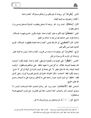 ‫&‬

‫٠٣ ٠٣‬

‫ﺍﻟﺜﺎﻣﻦ: )‪‬ﺨ‪ ِ ‬ﺎ( ﺃﻱ: ﻳﺮﻳﺪﺍﻥ ﺃﻥ ﳜﺮﺟﻜﻢ ﻣﻦ ﺃﺭﺿﻜﻢ ﺑﺴﺤﺮﳘﺎ، ﻛﻠﻤﺔ ﻭﺍﺣﺪﺓ.‬
‫ﻳ ﺮﺟ‬
‫)ﺍﳊﺎﺀ( ﻭﺍﶈﺬﻭﻑ ﻣﻨﻪ ﲦﺎﻧﻴﺔ ﺃﻟﻔﺎﻅ.‬

‫ﺍﻷﻭﻝ )ﺇِﺳ‪‬ﺤ‪‬ﺎﻕ‪(‬‬

‫ﺣﻴﺚ ﻭﺭﺩ، ﳓﻮ: ﻭﻭﻫﺒﻨﺎ ﻟﻪ ﺇﺳﺤﻖ ﻭﻳﻌﻘﻮﺏ، ﻓﺒﺸﺮ‪‬ﺎ ﺑﺈﺳﺤﻖ ﻭﻣـﻦ ﻭﺭﺍﺀ‬

‫ﺇﺳﺤﻖ ﻳﻌﻘﻮﺏ‬

‫ﺍﻟﺜﺎﱐ: ) ‪ ‬ﺠ‪‬ﻢ‪ (‬ﻓﻴﻤﺎ ﻟﻜﻢ ﺑﻪ ﻋﻠﻢ، ﻛﻠﻤﺔ ﻭﺍﺣﺪﺓ ﻣﻘﻴﺪﺓ ﺑﺘﻜﺮﻳﺮ ﺍﳉـﻴﻢ ﻓﻴﻬـﺎ، ﲞـﻼﻑ:‬
‫ﺣﺠ ﺘ‬
‫ﻭﺣﺎﺟﻪ ﻗﻮﻣﻪ، ﻓﻤﻦ ﺣﺎﺟﻚ ﻓﻴﻪ ﻣﻦ ﺑﻌﺪ ﻣﺎ ﺟﺎﺀﻙ ﻣﻦ ﺍﻟﻌﻠﻢ.‬

‫ﺍﻟﺜﺎﻟﺚ: ﻗﺎﻝ ﺃ)‪  ‬ﻮِﻲ( ﰲ ﺍﷲ ﻭﻗﺪ ﻫﺪﻳﻦ، ﻛﻠﻤﺔ ﻭﺍﺣﺪﺓ ﻣﻘﻴﺪﺓ ﺑﻠﻔﻈﻬـﺎ، ﲞـﻼﻑ: ﻓﻠـﻢ‬
‫ﺗﺤﺠ ﻧ‬
‫ﲢﺎﺟﻮﻥ ﻓﻴﻤﺎ ﻟﻴﺲ ﻟﻜﻢ ﻋﻠﻢ.‬

‫ﺍﻟﺮﺍﺑﻊ: ) ‪ ‬ﺎ ِﺏ‪ (‬ﺃﻱ: ﻳﻌﻤﻠﻮﻥ ﻟﻪ ﻣﺎ ﻳﺸﺎﺀ ﻣﻦ ﳏﺮﻳﺐ، ﻛﻠﻤﺔ ﻭﺍﺣﺪﺓ، ﻭﻟﻴﺲ ﻣﻨﻪ ﻗﻮﻟﻪ ﺗﻌﺎﱃ:‬
‫ﻣﺤ ﺭ‬
‫ﻭﺇﺭﺻﺎﺩﺍ ﳌﻦ ﺣﺎﺭﺏ ﺍﷲ ﻭﺭﺳﻮﻟﻪ ﻣﻦ ﻗﺒﻞ.‬

‫ﺍﳋﺎﻣﺲ: ) ‪ ِ ‬ﹸﻮﺍ( ﻋﻠﻰ ﺍﻟﺼﻠﻮﺍﺕ ﻭﺍﻟﺼﻠﻮﺓ ﺍﻟﻮﺳﻄﻰ، ﻛﻠﻤﺔ ﻭﺍﺣﺪﺓ ﻣﻘﻴﺪﺓ ﺑﻜﻮﻥ ﺁﺧﺮﻫـﺎ‬
‫ﺣﻔﻈ‬
‫ﻇﺎﺀ ﻣﻌﺠﻤﺔ ﳑﺪﻭﺩﺓ، ﲞﻼﻑ: ﺇﻥ ﻛﻞ ﻧﻔﺲ ﳌﺎ ﻋﻠﻴﻬﺎ ﺣﺎﻓﻆ، ﻋﻠﻰ ﺻﻼ‪‬ﻢ ﳛـﺎﻓﻈﻮﻥ. ١ﻭﻗـﺪ‬

‫ﻗﻴﺪﻫﺎ ﺷﻴﺨﻨﺎ ﺭﲪﻪ ﺍﷲ ﺗﻌﺎﱃ ﲜﻌﻞ "ﻻ" ﺍﻟﱵ ﺑﻌﺪﻫﺎ ﰲ ﺍﻟﺒﻴﺖ ﺇﺷﺎﺭﺓ ﺇﱃ ﻛﻮ‪‬ﺎ ﰲ ﲦﻦ "ﻻ ﺟﻨﺎﺡ"‬
‫ﻭﺣﻴﻨﺌﺬ ﻳﻜﻮﻥ ﻟﻔﻆ "ﺃﺻﺤﺎﺏ" ﻣﻨﻜﺮﺍ ﳏﺬﻭﻑ ﺍﳍﻤﺰﺓ ﰲ ﺍﻟﻮﺻﻞ ﻟﻀﺮﻭﺭﺓ ﺍﻟﻮﺯﻥ، ﻭﻋﻠﻰ ﻛـﻞ‬
‫ﻓﻈﺎﺀ "ﺣﺎﻓﻈﻮﺍ" ﰲ ﺍﻟﺒﻴﺖ ﳑﺪﻭﺩ ﺟﻮﺍﺯﺍ ﺭﺍﺟﺤﺎ ﻋﻠﻰ ﻣﺎ ﻟﻠﻨﺎﻇﻢ، ﻭﻭﺟﻮﺑﺎ ﻋﻠﻰ ﻣﺎ ﻟﺸﻴﺨﻨﺎ ﺭﺣـﻢ‬
‫ﺍﷲ ﺗﻌﺎﱃ ﺍﳉﻤﻴﻊ.‬

‫ﺍﻟﺴﺎﺩﺱ: ﻟﻔﻆ )ﺍﻻﹶﺻ‪‬ﺤ‪‬ﺎﺏِ(‬

‫ﺣﻴﺚ ﻭﺭﺩ، ﳓﻮ: ﻭﻧﺎﺩﻯ ﺃﺻﺤﺐ ﺍﳉﻨﺔ ﺃﺻـﺤﺎﺏ ﺍﻟﻨـﺎﺭ، ﻻ‬

‫ﻳﺴﺘﻮﻱ ﺃﺻﺤﺐ ﺍﻟﻨﺎﺭ ﻭﺃﺻﺤﺐ ﺍﳉﻨﺔ ﺃﺻﺤﺐ ﺍﳉﻨﺔ ﻫﻢ ﺍﻟﻔﺎﺋﺰﻭﻥ، ﻣﺜﻞ ﺫﻧﻮﺏ ﺃﺻﺤﺒﻬﻢ ﻓـﻼ‬
‫ﻳﺴﺘﻌﺠﻠﻮﻥ.‬
‫ﺍﻟﺴﺎﺑﻊ: ﻗﻠﻦ )8 ( ﷲ، ﰲ ﻣﻮﺿﻌﲔ ﻣﻦ ﺳﻮﺭﺓ ﻳﻮﺳﻒ ﻻ ﻏﲑ.‬
‫1‬

‫ﻗﺮﺃ ﺣﻔﺺ ﻭﲪﺰﺓ ﻭﺍﻟﻜﺴﺎﺀﻱ ﻗﻮﻟﻪ ﺗﻌﺎﱃ ﰲ ﺳﻮﺭﺓ ﻳﻮﺳﻒ: " ﻓﺎﷲ ﺧﲑ ﺣﻔﻈﺎ " ﺑﻔﺘﺢ ﺍﳊﺎﺀ ﳑﺪﻭﺩﺓ ﺑﺄﻟﻒ ﺑﻌﺪﻫﺎ ﻓﺎﺀ ﻣﻜﺴﻮﺭﺓ ﻋﻠﻰ ﺯﻭﻥ‬

‫ﻓﺎﻋﻞ، ﻭﻗﺮﺃﻩ ﺑﻘﻴﺔ ﺍﻟﺴﺒﻌﺔ "ﺣﻔﻈﺎ" ﺑﻜﺴﺮ ﺍﳊﺎﺀ ﻭﺗﺴﻜﲔ ﺍﻟﻔﺎﺀ، ﻭﻋﻠﻰ ﻗﺮﺍﺀ‪‬ﻢ ﺭﲰﺖ ﳏﺬﻭﻓﺔ ﺍﻷﻟﻒ.‬

 