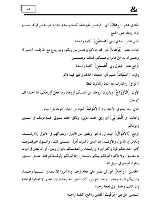 ‫&‬

‫٩٥ ٩٥‬

‫ﺍﳊﺎﺩﻱ ﻋﺸﺮ: ) ِ ‪‬ﺎﻥﹾ( ﺃﻱ: ﻓﺮﻫـﻦ ﻣﻘﺒﻮﺿﺔ، ﻛﻠﻤﺔ ﻭﺍﺣﺪﺓ، ﺇﺷﺎﺭﺓ ﻟﻘﺮﺍﺀﺓ ﻣﻦ ﻗﺮﺃﻫﺎ ﺑﻀـﻢ‬
‫ﺭﻫ‬
‫ﺍﻟﺮﺍﺀ ﻭﺍﳍﺎﺀ ﻋﻠﻰ ﺍﳉﻤﻊ.‬

‫ﺍﻟﺜﺎﱐ ﻋﺸﺮ: ﺇﺣﺪﻯ ﺍﺑﻨﱵ ) ‪‬ـ‪‬ﻴ‪ ،(ِ ‬ﻛﻠﻤﺔ ﻭﺍﺣﺪﺓ.‬
‫ﻫ ﺘﻦ‬

‫ﺍﻟﺜﺎﻟﺚ ﻋﺸﺮ: )‪‬ﺮ‪ ‬ﺎﻧﹰ( ﳓﻮ: ﻗﺪ ﺟﺎﺀﻛﻢ ﺑﺮﻫـﻦ ﻣﻦ ﺭﺑﻜﻢ، ﻭﻣﻦ ﻳﺪﻉ ﻣﻊ ﺍﷲ ﺇﳍـﺎ ﺁﺧـﺮ ﻻ‬
‫ﺑﻫﺎ‬
‫ﺑﺮﻫـﻦ ﻟﻪ ﺑﻪ، ﻗﻞ ﻫﺎﺗﻮﺍ ﺑﺮﻫـﻨﻜﻢ، ﻓﺬﻧﻚ ﺑﺮﻫـﻨـﻦ.‬
‫ﺍﻟﺮﺍﺑﻊ ﻋﺸﺮ: ﻓﻴﻘﻮﻝ ﺭﰊ )ﹶ ‪‬ـ‪ ،(ِ ‬ﻛﻠﻤﺔ ﻭﺍﺣﺪﺓ.‬
‫ﺃﻫ ﻨ ﻦ‬

‫ﻭﻗﻮﻟﻪ: )ﺍﺳ‪‬ﺎﻥﹾ( ﺗﺘﻤﻴﻢ ﺃﻱ: ﺍﺳﺘﺒﺎﻥ ﺍﳊﺬﻑ ﻭﻇﻬﺮ ﻓﻴﻤﺎ ﺫﻛﺮ.‬
‫ﺘﺒ‬
‫)ﺍﻟﻮﺍﻭ( ﻭﺍﶈﺬﻭﻑ ﻣﻨﻪ ﺍﺛﻨﺎﻥ ﻭﺛﻼﺛﻮﻥ ﻟﻔﻈﺎ‬

‫ﺍﻷﻭﻝ: )ﺍ ﹶﺯ‪ ‬ﺍ ‪ (‬ﻭﻳﺬﺭﻭﻥ ﺃﺯﻭﺟﺎ، ﻣﻦ ﺃﻧﻔﺴﻜﻢ ﺃﺯﻭﺟﺎ، ﻭﻣﺎ ﺟﻌﻞ ﺃﺯﻭﺟﻜﻢ، ﺇﻧﺎ ﺃﺣﻠﻠﻨﺎ ﻟﻚ‬
‫ﻻ ﻭﺝ‬
‫ﺃﺯﻭﺟﻚ.‬

‫ﺍﻟﺜﺎﱐ: ﻭﻣﺎ ﻳﺴﺘﻮﻱ ﺍﻷﺣﻴﺎﺀ ﻭﻻ )ﺍ ﹶﻣ‪ (  ‬ﺃﻣﻮﺗﺎ ﺑﻞ ﺃﺣﻴﺎﺀ، ﺃﻣﻮﺕ ﺑﻞ ﺃﺣﻴﺎﺀ.‬
‫ﻻ ﻮﺕ‬

‫ﻭﺍﻟﺜﺎﻟﺚ: ﻭ)ﺍﻟﹾ ‪ ‬ﺍِﻲ( ﺃﻱ ﻭﺇﱐ ﺧﻔﺖ ﺍﳌﻮﱄ، ﻭﻟﻜﻞ ﺟﻌﻠﻨﺎ ﻣـﻮﱄ، ﻓـﺈﺧﻮﻧﻜﻢ ﰲ ﺍﻟـﺪﻳﻦ‬
‫ﻤﻮ ﻟ‬
‫ﻭﻣﻮﻟﻴﻜﻢ.‬

‫ﺍﻟﺮﺍﺑﻊ: )ﺍ ﹶﻣ‪ ‬ﺍ ِ( ﺣﻴﺚ ﻭﺭﺩ ﳓﻮ: ﻭﻧﻘﺺ ﻣﻦ ﺍﻷﻣﻮﻝ، ﻭﺷﺎﺭﻛﻬﻢ ﰲ ﺍﻷﻣﻮﻝ ﻭﺍﻷﻭﻟــﺪ،‬
‫ﻻ ﻮﻝ‬
‫ﻭﺗﻜﺎﺛﺮ ﰲ ﺍﻷﻣﻮﻝ ﻭﺍﻷﻭﻟـﺪ، ﺇﻥ ﺍﻟﺬﻳﻦ ﻳﺄﻛﻠﻮﻥ ﺃﻣﻮﻝ ﺍﻟﻴﺘـﻤﻰ ﻇﻠﻤﺎ، ﻭﺃﻣـﻮﻝ ﺍﻗﺘﺮﻓﺘﻤﻮﻫـﺎ‬

‫ﻛﺎﻧﻮﺍ ﺃﺷﺪ ﻣﻨﻜﻢ ﻗﻮﺓ ﻭﺃﻛﺜﺮ ﺃﻣﻮﻻ ﻭﺃﻭﻟـﺪﺍ، ﻭﺃﻣﺪﺩﻧـﻜﻢ ﺑﺄﻣﻮﺍﻝ ﻭﺑﻨﲔ، ﺃﻭ ﺃﻥ ﻧﻔﻌﻞ ﰲ ﺃﻣﻮﻟﻨﺎ‬
‫ﻣﺎ ﻧﺸـﺆﺍ، ﻭﻻ ﺗﺄﻛﻠﻮﺍ ﺃﻣﻮﻟﻜﻢ ﺑﻴﻨﻜﻢ ﺑﺎﻟﺒـﻄﻞ، ﺇﳕﺎ ﺃﻣﻮﻟﻜﻢ ﻭﺃﻭﻟـﺪﻛﻢ ﻓﺘﻨﺔ، ﻣﺜـﻞ ﺍﻟـﺬﻳﻦ‬
‫ﻳﻨﻔﻘﻮﻥ ﺃﻣﻮﳍﻢ ﰲ ﺳﺒﻴﻞ ﺍﷲ.‬

‫ﺍﳋﺎﻣﺲ: ) ‪‬ﺍ ِﺪ‪ (‬ﳓﻮ: ﻟﻦ ﻧﺼﱪ ﻋﻠﻰ ﻃﻌﺎﻡ ﻭﺣﺪ، ﻭﻣﺎ ﺃﻣﺮﻭﺍ ﺇﻻ ﻟﻴﻌﺒﺪﻭﺍ ﺇﻟــﻬﺎ ﻭﺣـﺪﺍ،‬
‫ﻭﺣ‬

‫ﻭﺇﻟـﻬﻜﻢ ﺇﻟـﻪ ﻭﺣﺪ، ﺍﻟﻮﺣﺪ ﺍﻟﻘﻬـﺮ، ﻛﺎﻥ ﺍﻟﻨﺎﺱ ﺃﻣﺔ ﻭﺣﺪﺓ، ﻓﺈﻥ ﺧﻔﺘﻢ ﺃﻻ ﺗﻌﺪﻟﻮﺍ ﻓﻮﺍﺣﺪﺓ‬
‫ﻭﺇﻥ ﻛﺎﻧﺖ ﻭﺣﺪﺓ، ﻭﱄ ﻧﻌﺠﺔ ﻭﺣﺪﺓ.‬

‫ﺍﻟﺴﺎﺩﺱ: ﻗﻞ ﻫﻲ ) ‪ِ  ‬ﻴ ‪ (‬ﻟﻠﻨﺎﺱ ﻭﺍﳊﺞ، ﻛﻠﻤﺔ ﻭﺍﺣﺪﺓ.‬
‫ﻣﻮﻗ ﺖ‬

 
