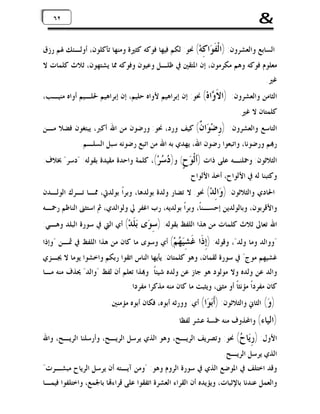 ‫&‬

‫٢٦ ٢٦‬

‫ﺍﻟﺴﺎﺑﻊ ﻭﺍﻟﻌﺸﺮﻭﻥ: )ﺍﻟﹾ ﹶ ‪‬ﺍ ِﻪ‪ (‬ﳓﻮ: ﻟﻜﻢ ﻓﻴﻬﺎ ﻓﻮﻛﻪ ﻛﺜﲑﺓ ﻭﻣﻨﻬﺎ ﺗﺄﻛﻠﻮﻥ، ﺃﻭﻟـﺌﻚ ﳍﻢ ﺭﺯﻕ‬
‫ﻔﻮ ﻛ‬
‫ﻣﻌﻠﻮﻡ ﻓﻮﻛﻪ ﻭﻫﻢ ﻣﻜﺮﻣﻮﻥ، ﺇﻥ ﺍﳌﺘﻘﲔ ﰲ ﻇﻠـﻞ ﻭﻋﻴﻮﻥ ﻭﻓﻮﻛﻪ ﳑﺎ ﻳﺸﺘﻬﻮﻥ، ﺛﻼﺙ ﻛﻠﻤﺎﺕ ﻻ‬
‫ﻏﲑ.‬

‫ﺍﻟﺜﺎﻣﻦ ﻭﺍﻟﻌﺸﺮﻭﻥ: )ﺍ ﹶ ‪‬ﺍﻩ‪ (‬ﳓﻮ: ﺇﻥ ﺇﺑﺮﺍﻫﻴﻢ ﻷﻭﺍﻩ ﺣﻠﻴﻢ، ﺇﻥ ﺇﺑﺮﺍﻫﻴﻢ ﳊﻠـﻴﻢ ﺃﻭﺍﻩ ﻣﻨﻴـﺐ،‬
‫ﻻﻭ‬

‫ﻛﻠﻤﺘﺎﻥ ﻻ ﻏﲑ.‬

‫ﺍﻟﺘﺎﺳﻊ ﻭﺍﻟﻌﺸﺮﻭﻥ: ) ِﺿ‪ ‬ﺍ ﹲ( ﻛﻴﻒ ﻭﺭﺩ، ﳓﻮ: ﻭﺭﺿﻮﻥ ﻣﻦ ﺍﷲ ﺃﻛﱪ، ﻳﺒﺘﻐﻮﻥ ﻓﻀﻼ ﻣـﻦ‬
‫ﺭ ﻮﻥ‬

‫ﺭ‪‬ﻢ ﻭﺭﺿﻮﻧﺎ، ﻭﺍﺗﺒﻌﻮﺍ ﺭﺿﻮﻥ ﺍﷲ، ﻳﻬﺪﻱ ﺑﻪ ﺍﷲ ﻣﻦ ﺍﺗﺒﻊ ﺭﺿﻮﻧﻪ ﺳﺒﻞ ﺍﻟﺴﻠـﻢ.‬

‫ﺍﻟﺜﻼﺛﻮﻥ: ﻭﲪﻠﻨـﻪ ﻋﻠﻰ ﺫﺍﺕ )ﺃﻟﹾ ‪ (ٍ ‬ﻭ) ‪ ‬ﺮ‪ ،(‬ﻛﻠﻤﺔ ﻭﺍﺣﺪﺓ ﻣﻘﻴﺪﺓ ﺑﻘﻮﻟﻪ: "ﺩﺳﺮ" ﲞﻼﻑ:‬
‫ﻮﺡ ﺩﺳ‬
‫ﻭﻛﺘﺒﻨﺎ ﻟﻪ ﰲ ﺍﻷﻟﻮﺍﺡ، ﺃﺧﺬ ﺍﻷﻟﻮﺍﺡ.‬

‫ﺍﳊﺎﺩﻱ ﻭﺍﻟﺜﻼﺛﻮﻥ: ) ‪‬ﺍِﺪ‪ (‬ﳓﻮ: ﻻ ﺗﻀﺎﺭ ﻭﻟﺪﺓ ﺑﻮﻟﺪﻫﺎ، ﻭﺑﺮﺍﹰ ﺑﻮﻟﺪﰐ، ﳑـﺎ ﺗـﺮﻙ ﺍﻟﻮﻟـﺪﻥ‬
‫ﻭﻟ‬

‫ﻭﺍﻷﻗﺮﺑﻮﻥ، ﻭﺑﺎﻟﻮﻟﺪﻳﻦ ﺇﺣﺴـﻨﺎﹰ، ﻭﺑﺮﺍﹰ ﺑﻮﻟﺪﻳﻪ، ﺭﺏ ﺍﻏﻔﺮ ﱄ ﻭﻟﻮﺍﻟﺪﻱ، ﰒ ﺍﺳﺘﺜﲎ ﺍﻟﻨﺎﻇﻢ ﺭﲪـﻪ‬

‫ﺍﷲ ﺗﻌﺎﱃ ﺛﻼﺙ ﻛﻠﻤﺎﺕ ﻣﻦ ﻫﺬﺍ ﺍﻟﻠﻔﻆ ﺑﻘﻮﻟﻪ: )ﺳِﻮ‪‬ﻯ‬
‫"ﻭﻭﺍﻟﺪ ﻭﻣﺎ ﻭﻟﺪ"، ﻭﻗﻮﻟﻪ: )ﺇِﺫﹶﺍ‬

‫‪ ‬ﹶﺪ‪ (‬ﺃﻱ ﺍﻟﱵ ﰲ ﺳﻮﺭﺓ ﺍﻟﺒﻠﺪ ﻭﻫـﻲ:‬
‫ﺑﻠ‬

‫ﹶ ِ‪ ‬ﻢ‪ (‬ﺃﻱ ﻭﺳﻮﻯ ﻣﺎ ﻛﺎﻥ ﻣﻦ ﻫﺬﺍ ﺍﻟﻠﻔﻆ ﰲ ﲦـﻦ "ﻭﺇﺫﺍ‬
‫ﻏﺸﻴﻬ‬

‫ﻏﺸﻴﻬﻢ ﻣﻮﺝ" ﰲ ﺳﻮﺭﺓ ﻟﻘﻤﺎﻥ، ﻭﻫﻮ ﻛﻠﻤﺘﺎﻥ: ﻳﺄﻳﻬﺎ ﺍﻟﻨﺎﺱ ﺍﺗﻘﻮﺍ ﺭﺑﻜﻢ ﻭﺍﺧﺸﻮﺍ ﻳﻮﻣﺎ ﻻ ﳚـﺰﻱ‬
‫ﻭﺍﻟﺪ ﻋﻦ ﻭﻟﺪﻩ ﻭﻻ ﻣﻮﻟﻮﺩ ﻫﻮ ﺟﺎﺯ ﻋﻦ ﻭﻟﺪﻩ ﺷﻴﺌﺎﹰ. ﻭ‪‬ﺬﺍ ﺗﻌﻠﻢ ﺃﻥ ﻟﻔﻆ "ﻭﺍﻟﺪ" ﳛﺬﻑ ﻣﻨﻪ ﻣـﺎ‬
‫ﻛﺎﻥ ﻣﻔﺮﺩﺍﹰ ﻣﺆﻧﺜﺎﹰ ﺃﻭ ﻣﺜﲎ، ﻭﻳﺜﺒﺖ ﻣﺎ ﻛﺎﻥ ﻣﻨﻪ ﻣﺬﻛﺮﺍ ﻣﻔﺮﺩﺍ.‬

‫) ‪ (‬ﺍﻟﺜﺎﱐ ﻭﺍﻟﺜﻼﺛﻮﻥ: )ﹶ‪ ‬ﺍ( ﺃﻱ: ﻭﻭﺭﺛﻪ ﺃﺑﻮﻩ، ﻓﻜﺎﻥ ﺃﺑﻮﻩ ﻣﺆﻣﻨﲔ.‬
‫ﺃﺑﻮ‬
‫ﻭ‬

‫)ﺍﻟﻴﺎﺀ( ﻭﺍﶈﺬﻭﻑ ﻣﻨﻪ ﲬﺴﺔ ﻋﺸﺮ ﻟﻔﻈﺎ‬

‫ﺍﻷﻭﻝ: ) ِ‪‬ﺎ ‪ (‬ﳓﻮ: ﻭﺗﺼﺮﻳﻒ ﺍﻟﺮﻳـﺢ، ﻭﻫﻮ ﺍﻟﺬﻱ ﻳﺮﺳﻞ ﺍﻟﺮﻳـﺢ، ﻭﺃﺭﺳﻠﻨﺎ ﺍﻟﺮﻳـﺢ، ﻭﺍﷲ‬
‫ﺭﻳ ﺡ‬
‫ﺍﻟﺬﻱ ﻳﺮﺳﻞ ﺍﻟﺮﻳـﺢ.‬
‫ﻭﻗﺪ ﺍﺧﺘﻠﻒ ﰲ ﺍﳌﻮﺿﻊ ﺍﻟﺬﻱ ﰲ ﺳﻮﺭﺓ ﺍﻟﺮﻭﻡ ﻭﻫﻮ: "ﻭﻣﻦ ﺁﻳـﺘﻪ ﺃﻥ ﻳﺮﺳﻞ ﺍﻟﺮﻳﺎﺡ ﻣﺒﺸـﺮﺕ"‬
‫ﻭﺍﻟﻌﻤﻞ ﻋﻨﺪﻧﺎ ﺑﺎﻹﺛﺒﺎﺕ، ﻭﻳﺆﻳﺪﻩ ﺃﻥ ﺍﻟﻘﺮﺍﺀ ﺍﻟﻌﺸﺮﺓ ﺍﺗﻔﻘﻮﺍ ﻋﻠﻰ ﻗﺮﺍﺀ‪‬ﺎ ﺑﺎﳉﻤﻊ، ﻭﺍﺧﺘﻠﻔﻮﺍ ﻓﻴﻤـﺎ‬

 