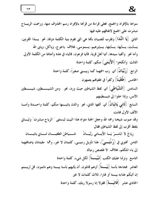 ‫&‬

‫٣٦ ٣٦‬

‫ﺳﻮﺍﻫﺎ ﺑﺎﻹﻓﺮﺍﺩ ﻭﺍﳉﻤﻊ، ﻓﻌﻠﻰ ﻗﺮﺍﺀﺓ ﻣﻦ ﻗﺮﺃﻫﺎ ﺑﺎﻹﻓﺮﺍﺩ ﺭﺳﻢ ﺍﶈﺬﻭﻑ ﻣﻨﻬﺎ، ﻭﺭﲰﺖ ﺍﻟﺮﻳـﺎﺡ‬
‫ﻣﺒﺸﺮﺕ ﻋﻠﻰ ﺍﳉﻤﻊ ﻻﺗﻔﺎﻗﻬﻢ ﻋﻠﻴﻪ ﻓﻴﻬﺎ.‬

‫ﺍﻟﺜﺎﱐ: )ﻳ‪‬ﺎ‬

‫ﺍﻟ‪ ‬ﺍ( ﻭﺗﻘﺮﺏ ﻟﻠﺼﺒﻴﺎﻥ ﺑﺄ‪‬ﺎ ﻫﻲ ﺍﻟﱵ ﺗﻘﻮﻡ ﺑﻨﻴﺔ ﺍﻟﻜﻠﻤﺔ ﺩﻭ‪‬ﺎ، ﳓﻮ: ﻳـﺬﺍ ﺍﻟﻘﺮﻧﲔ،‬
‫ﻨﺪ‬

‫ﻳـﺄﺑﺖ، ﻳـﺄﻳﻬﺎ، ﻳـﺄﻳﺘﻬﺎ، ﻳـﺈﺑﺮﻫﻴﻢ، ﻳـﻤﻮﺳﻰ، ﲞﻼﻑ: ﻳﺎﺟﻮﺝ، ﻭﻳﺎﻛﻞ، ﻭﻳﺎﰉ ﺍﷲ.‬
‫ﻭﺃﻣﺎ ﳓﻮ: ﻭﺃﻟﻔﻴﺎ ﺳﻴﺪﻫﺎ، ﺃﺗﻴﺎ ﺃﻫﻞ ﻗﺮﻳﺔ، ﻓﺄﺗﻴﺎ ﻓﺮﻋﻮﻥ، ﻓﺎﻟﻴﺎﺀ ﰲ ﻫﺬﻩ ﻭﺃﻣﺜﺎﳍﺎ ﻣﻦ ﺍﻟﻜﻠﻤﺔ ﺍﻷﻭﱃ.‬

‫ﺍﻟﺜﺎﻟﺚ: ﻭﺃﻧﻜﺤﻮﺍ )ﺍ َ‪ ‬ﻰ( ﻣﻨﻜﻢ، ﻛﻠﻤﺔ ﻭﺍﺣﺪﺓ.‬
‫ﻷﻳﻤ‬

‫ﺍﻟﺮﺍﺑﻊ: ) ‪‬ﺎﻥﹾ( ﺃﻱ: ﺭﺏ ﺍﲪﻬﻤﺎ ﻛﻤﺎ ﺭﺑﻴـﲏ ﺻﻐﲑﺍﹰ، ﻛﻠﻤﺔ ﻭﺍﺣﺪﺓ.‬
‫ﺭﺑﻴ‬
‫ﺍﳋﺎﻣﺲ: ) ﹸﻐ‪‬ﻨﹰ( ﻭﻛﻔﺮﺍﹰ ﰲ ﻃﻐﻴﺎ‪‬ﻢ ﻳﻌﻤﻬﻮﻥ.‬
‫ﻃ ﻴﺎ‬

‫ﺍﻟﺴﺎﺩﺱ: )ﺍﻟ ‪‬ﺎ ِﻲ( ﺃﻱ: ﻟﻔﻆ ﺍﻟﺸﻴﺎﻃﲔ ﺣﻴﺚ ﻭﺭﺩ، ﳓﻮ: ﻭﻣﻦ ﺍﻟﺸﻴــﻄﲔ، ﺷﻴــﻄﲔ‬
‫ﺸﻴ ﻃ‬
‫ﺍﻷﻧﺲ، ﻭﺇﺫﺍ ﺧﻠﻮﺍ ﺇﱃ ﺷﻴـﻄﻴﻨﻬﻢ.‬

‫ﺍﻟﺴﺎﺑﻊ: )ﹶﺎِﻲ ‪‬ﺎِ‪‬ﺎﻥﹾ( ﺃﻱ: ﺃﻟﻔﻬﺎ ﺍﻟﺜﺎﱐ، ﳓﻮ: ﻭﺍﻟﺬﻥ ﻳﺎﺗﻴـﻨﻬﺎ ﻣﻨﻜﻢ، ﻛﻠﻤﺔ ﻭﺍﺣـﺪﺓ ﻭﺃﻣـﺎ‬
‫ﺛ ﻧ ﻳ ﺗﻴ‬
‫ﺍﻷﻟﻒ ﺍﻷﻭﻝ ﻓﺜﺎﺑﺖ.‬
‫ﻭﻗﺪ ﺻﻮﺏ ﺷﻴﺨﻨﺎ ﺭﲪﻪ ﺍﷲ ﻭﺟﻌﻞ ﺍﳉﻨﺔ ﻣﺜﻮﺍﻩ ﻫﺬﺍ ﺍﻟﺒﻴﺖ ﻟﻴﺴﺘﺜﲎ " ﺍﻟﺮﻳﺎﺡ ﻣﺒﺸﺮﺕ" ﻭﻟﻴـﺎﰐ‬
‫ﺑﻠﻔﻆ ﺃﻗﺮﺏ ﺇﱃ ﻟﻔﻆ ﺍﻟﺸﻴﺎﻃﲔ ﻓﻘﺎﻝ:‬
‫ﺭِﻳ‪‬ﺎ ‪ ‬ﻻﹶ ﺍﺑ‪‬ﺸِـﺮ‪ ‬ﻳ‪‬ـﺎ ﺍﻷَﻳ‪‬ـﺎﻣ‪‬ﻲ ﺭ‪‬ﻴ‪‬ـﺎﻥﹾ‬
‫ﺑ‬
‫ﺡ‬

‫ـﺎﻥ ـﺎﱐ ـﺎﻥ‬
‫ﺷ ـﻴ‪‬ﺎﻃِﻦ‪ ‬ﺍﻟﻄﻐﻴـ ﺛـ ﻳﺎﺗﻴـ‬
‫‪‬ـ‬

‫ﺍﻟﺜﺎﻣﻦ: ﺃﻓﺘﻮﱐ ﰲ ) ‪‬ﺀْ‪‬ـ ‪ ،(‬ﻫﺬﺍ ﺗﺄﻭﻳﻞ ﺭﺀﻳـﻰ، ﻛﻠﻤﺘﺎﻥ ﻻ ﻏﲑ، ﻭﳘﺎ ﻣﻘﻴﺪﺗﺎﻥ ﺑﺈﺿﺎﻓﺘﻬﻤﺎ‬
‫ﺭﻳ ﻲ‬

‫ﺇﱃ ﻳﺎﺀ ﺍﳌﺘﻜﻠﻢ، ﲞﻼﻑ: ﻻ ﺗﻘﺼﺺ ﺭﺀﻳﺎﻙ.‬

‫ﺍﻟﺘﺎﺳﻊ: ﻭﻧﺰﻟﻨﺎ ﻋﻠﻴﻚ ﺍﻟﻜﺘﺐ )ِﺒ‪‬ـﻨﹰ( ﻟﻜﻞ ﺷﻲﺀ، ﻛﻠﻤﺔ ﻭﺍﺣﺪﺓ.‬
‫ﺗﻴ ﺎ‬

‫ﺍﻟﻌﺎﺷﺮ: ﻓﺠﺎﺀﻫﺎ ﺑﺄﺳﻨﺎ )‪‬ـﺘﹰ( ﺃﻭﻫﻢ ﻗﺎﺋﻠﻮﻥ، ﺃﻥ ﻳﺄﺗﻴﻬﻢ ﺑﺄﺳﻨﺎ ﻳﺒـﺘﺎ ﻭﻫﻢ ﻧﺎﺋﻤﻮﻥ، ﻗﻞ ﺃﺭﻳـﺘﻢ‬
‫ﺑﻴ ﺎ‬
‫ﺇﻥ ﺃﺗﻴﻜﻢ ﻋﺬﺍﺑﻪ ﺑﻴـﺘﺎ ﺃﻭ ‪‬ﺎﺭﺍ، ﺛﻼﺙ ﻛﻠﻤﺎﺕ ﻻ ﻏﲑ.‬

‫ﺍﳊﺎﺩﻱ ﻋﺸﺮ: ) ﹶﺎِ‪‬ـﻪ‪ (‬ﻓﻘﻮﻻ ﺇﻧﺎ ﺭﺳﻮﻻ ﺭﺑﻚ، ﻛﻠﻤﺔ ﻭﺍﺣﺪﺓ.‬
‫ﻓ ﺗﻴ‬

 