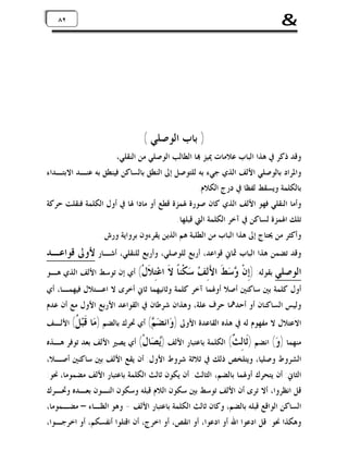 ‫&‬

‫٢٨ ٢٨‬

‫) ﺑﺎﺏ ﺍﻟﻮﺻﻠﻲ (‬
‫ﻭﻗﺪ ﺫﻛﺮ ﰲ ﻫﺬﺍ ﺍﻟﺒﺎﺏ ﻋﻼﻣﺎﺕ ﳝﻴﺰ ‪‬ﺎ ﺍﻟﻄﺎﻟﺐ ﺍﻟﻮﺻﻠﻲ ﻣﻦ ﺍﻟﻨﻘﻠﻲ،‬
‫ﻭﺍﳌﺮﺍﺩ ﺑﺎﻟﻮﺻﻠﻲ ﺍﻷﻟﻒ ﺍﻟﺬﻱ ﺟﻲﺀ ﺑﻪ ﻟﻠﺘﻮﺻﻞ ﺇﱃ ﺍﻟﻨﻄﻖ ﺑﺎﻟﺴﺎﻛﻦ ﻓﻴﻨﻄﻖ ﺑﻪ ﻋﻨـﺪ ﺍﻻﺑﺘـﺪﺍﺀ‬

‫ﺑﺎﻟﻜﻠﻤﺔ ﻭﻳﺴﻘﻂ ﻟﻔﻈﺎ ﰲ ﺩﺭﺝ ﺍﻟﻜﻼﻡ.‬

‫ﻭﺃﻣﺎ ﺍﻟﻨﻘﻠﻲ ﻓﻬﻮ ﺍﻷﻟﻒ ﺍﻟﺬﻱ ﻛﺎﻥ ﺻﻮﺭﺓ ﳍﻤﺰﺓ ﻗﻄﻊ ﺃﻭ ﻣﺎﺩﺍ ﳍﺎ ﰲ ﺃﻭﻝ ﺍﻟﻜﻠﻤﺔ ﻓﻨﻘﻠﺖ ﺣﺮﻛﺔ‬
‫ﺗﻠﻚ ﺍﳍﻤﺰﺓ ﻟﺴﺎﻛﻦ ﰲ ﺁﺧﺮ ﺍﻟﻜﻠﻤﺔ ﺍﻟﱵ ﻗﺒﻠﻬﺎ.‬
‫ﻭﺃﻛﺜﺮ ﻣﻦ ﳛﺘﺎﺝ ﺇﱃ ﻫﺬﺍ ﺍﻟﺒﺎﺏ ﻣﻦ ﺍﻟﻄﻠﺒﺔ ﻫﻢ ﺍﻟﺬﻳﻦ ﻳﻘﺮﺀﻭﻥ ﺑﺮﻭﺍﻳﺔ ﻭﺭﺵ.‬

‫ﻭﻗﺪ ﺗﻀﻤﻦ ﻫﺬﺍ ﺍﻟﺒﺎﺏ ﲦﺎﱐ ﻗﻮﺍﻋﺪ، ﺃﺭﺑﻊ ﻟﻠﻮﺻﻠﻲ، ﻭﺃﺭﺑﻊ ﻟﻠﻨﻘﻠﻲ، ﺃﺷـﺎﺭ ﻷﻭﱃ ﻗﻮﺍﻋـﺪ‬

‫ﺍﻟﻮﺻﻠﻲ ﺑﻘﻮﻟﻪ: )ﺇِﻥﹾ ‪‬ﺳ‪‬ﻂﹶ ﺍﻷَﻟِ ‪ ‬ﺳ‪‬ﻜﹾﻨﺎﹰ ﻻﹶ‬
‫ﻒ‬
‫ﻭ‬

‫ﺍﻋ‪ ِ‬ﹶﻝﹾ( ﺃﻱ ﺇﻥ ﺗﻮﺳﻂ ﺍﻷﻟﻒ ﺍﻟﺬﻱ ﻫـﻮ‬
‫ﺘﻼ‬

‫ﺃﻭﻝ ﻛﻠﻤﺔ ﺑﲔ ﺳﺎﻛﻨﲔ ﺃﺻﻼ ﺃﻭﳍﻤﺎ ﺁﺧﺮ ﻛﻠﻤﺔ ﻭﺛﺎﻧﻴﻬﻤﺎ ﺛﺎﱐ ﺃﺧﺮﻯ ﻻ ﺍﻋـﺘﻼﻝ ﻓﻴﻬﻤـﺎ، ﺃﻱ‬
‫ﻭﻟﻴﺲ ﺍﻟﺴﺎﻛﻨﺎﻥ ﺃﻭ ﺃﺣﺪﳘﺎ ﺣﺮﻑ ﻋﻠﺔ، ﻭﻫﺬﺍﻥ ﺷﺮﻃﺎﻥ ﰲ ﺍﻟﻘﻮﺍﻋﺪ ﺍﻷﺭﺑﻊ ﺍﻷﻭﻝ ﻣﻊ ﺃﻥ ﻋﺪﻡ‬

‫ﺍﻻﻋﺘﻼﻝ ﻻ ﻣﻔﻬﻮﻡ ﻟﻪ ﰲ ﻫﺬﻩ ﺍﻟﻘﺎﻋﺪﺓ ﺍﻷﻭﱃ )ﻭ‪‬ﺍﻧﻀ‪ ( ‬ﺃﻱ ﲢﺮﻙ ﺑﺎﻟﻀﻢ )ﻣ‪‬ﺎ‬
‫ﻢ‬

‫ﹶﺒ‪ ‬ﹸ( ﺍﻷﻟـﻒ‬
‫ﻗﻞ‬

‫ﻣﻨﻬﻤﺎ ) ‪ (‬ﺍﻧﻀﻢ )ﹶﺎِ ﹲ( ﺍﻟﻜﻠﻤﺔ ﺑﺎﻋﺘﺒﺎﺭ ﺍﻷﻟﻒ )‪ ‬ﺎﻝﹾ( ﺃﻱ ﻳﺼﲑ ﺍﻷﻟﻒ ﺑﻌﺪ ﺗﻮﻓﺮ ﻫـﺬﻩ‬
‫ﻳﺼ‬
‫ﺛ ﻟﺚ‬
‫ﻭ‬

‫ﺍﻟﺸﺮﻭﻁ ﻭﺻﻠﻴﺎ، ﻭﻳﺘﻠﺨﺺ ﺫﻟﻚ ﰲ ﺛﻼﺛﺔ ﺷﺮﻭﻁ ﺍﻷﻭﻝ: ﺃﻥ ﻳﻘﻊ ﺍﻷﻟﻒ ﺑﲔ ﺳﺎﻛﻨﲔ ﺃﺻـﻼ،‬

‫ﺍﻟﺜﺎﱐ: ﺃﻥ ﻳﺘﺤﺮﻙ ﺃﻭﳍﻤﺎ ﺑﺎﻟﻀﻢ، ﺍﻟﺜﺎﻟﺚ: ﺃﻥ ﻳﻜﻮﻥ ﺛﺎﻟﺚ ﺍﻟﻜﻠﻤﺔ ﺑﺎﻋﺘﺒﺎﺭ ﺍﻷﻟﻒ ﻣﻀﻤﻮﻣﺎ، ﳓﻮ:‬
‫ﻗﻞ ﺍﻧﻈﺮﻭﺍ، ﺃﻻ ﺗﺮﻯ ﺃﻥ ﺍﻷﻟﻒ ﺗﻮﺳﻂ ﺑﲔ ﺳﻜﻮﻥ ﺍﻟﻼﻡ ﻗﺒﻠﻪ ﻭﺳﻜﻮﻥ ﺍﻟﻨـﻮﻥ ﺑﻌـﺪﻩ ﻭﲢـﺮﻙ‬
‫ﺍﻟﺴﺎﻛﻦ ﺍﻟﻮﺍﻗﻊ ﻗﺒﻠﻪ ﺑﺎﻟﻀﻢ، ﻭﻛﺎﻥ ﺛﺎﻟﺚ ﺍﻟﻜﻠﻤﺔ ﺑﺎﻋﺘﺒﺎﺭ ﺍﻷﻟﻒ - ﻭﻫﻮ ﺍﻟﻈـﺎﺀ – ﻣﻀـﻤﻮﻣﺎ،‬
‫ﻭﻫﻜﺬﺍ ﳓﻮ: ﻗﻞ ﺍﺩﻋﻮﺍ ﺍﷲ ﺃﻭ ﺍﺩﻋﻮﺍ، ﺃﻭ ﺍﻧﻘﺺ، ﺃﻭ ﺍﺧﺮﺝ، ﺃﻥ ﺍﻗﺘﻠﻮﺍ ﺃﻧﻔﺴﻜﻢ، ﺃﻭ ﺍﺧﺮﺟـﻮﺍ،‬

 