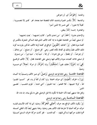 ‫&‬

‫٦٨ ٦٨‬

‫ﻭﺍﻟﺜﺎﻣﻨﺔ: )ِﺧ‪ ‬ﺍ ﹲ( ﺃﻱ: ﺃﻭ ﺇﺧﻮﺍ‪‬ﻦ.‬
‫ﺇ ﻮﻥ‬

‫ﻭﺍﻟﺘﺎﺳﻌﺔ: )ﺍ ﱠ( ﺑﻜﺴﺮ ﺍﳍﻤﺰﺓ ﻭﺗﺸﺪﻳﺪ ﺍﻟﻼﻡ ﺍﳌﻨﻔﺼﻠﺔ ﻋﻤﺎ ﺑﻌﺪﻫﺎ، ﳓﻮ: "ﻗﺪﻳﺮ ﺇﻻ ﺗﻨﺼـﺮﻭﻩ"،‬
‫ﻻ‬

‫"ﻗﻠﻴﻼﹰ ﺇﻻ ﺗﻨﻔﺮﻭﺍ"، "ﻟﻔﻲ ﺧﺴﺮ ﺇﻻ ﺍﻟﺬﻳﻦ ﺁﻣﻨﻮﺍ".‬
‫ﻭﺍﻟﻌﺎﺷﺮﺓ: ﺇﺣﺴﻨﺎ )ﺍ ‪‬ﺎ( ﻳﺒﻠﻐﻦ،‬
‫ﻣ‬

‫ﻭﺍﻹﺣﺪﻯ ﻋﺸﺮﺓ: )ﺍﺣ‪ ( ‬ﺃﻱ: "ﻣﻦ ﺇﺣﺪﻯ ﺍﻷﻣﻢ"، "ﻗﺎﻟﺖ ﺇﺣﺪﻳﻬﻤﺎ"، "ﺑﻐﺖ ﺇﺣﺪﻳﻬﻤﺎ".‬
‫ﺪ‬

‫ﰒ ﺍﺳﺘﺜﲎ ﺃﻳﻀﺎﹰ ﻣﻦ ﺍﻟﻘﺎﻋﺪﺓ ﺍﳌﻄﻮﻳﺔ ﻣﺎ ﺇﺫﺍ ﻛﺎﻥ ﺍﻷﻟﻒ ﺍﻟﺬﻱ ﻗﺒﻠﻪ ﺍﻟﺴﺎﻛﻦ ﺍﳌﺘﺤﺮﻙ ﺑﺎﻟﻜﺴﺮ ﰲ‬

‫ﻛﻠﻤﺔ ﻣﻨﻮﻧﺔ ﻓﻘﺎﻝ: ) ‪ (‬ﻛﺬﻟﻚ )ﺍﻟ‪‬ﻨ‪ِ ‬ﻳ ‪ (‬ﺍﻟﻮﺍﻗﻊ ﰲ ﻛﻠﻤﺔ ﺃﻭﳍﺎ ﺍﻷﻟﻒ ﺍﳌﺬﻛﻮﺭ ﻳﻠﺰﻡ ﻣﻨﻪ ﻛﻮﻥ‬
‫ﺘﻮﻦ‬
‫ﻭ‬
‫ﺫﻟﻚ ﺍﻷﻟﻒ ﻧﻘﻠﻴﺎﹰ ﻭﺫﻟﻚ ﰲ ﺃﻟﻔﺎﻅ ﺗﻜﺎﺩ ﲢﺼﺮ، ﻭﻫﻲ: "ﻗﻞ ﺇﺻﻠﺢ"، "ﺃﻭ ﺇﺻﻠﺢ"، "ﻣﻦ ﺇﻣﻼﻕ"،‬
‫"ﺃﻭ ﺇﻋﺮﺍﺿﺎﹰ"، "ﺃﻭ ﺇﻃﻌﺎ ‪" ،"‬ﻣﻦ ﻏﻞ ﺇﺧﻮﺍﻧﺎ"، "ﺃﻭ ﺇﲦﺎ"، "ﺷﻴﺌﺎﹰ ﺇﺩﺍ"، "ﺷﻴﺌﺎ ﺇﻣﺮﺍﹰ"، "ﻣﻦ ﺇﺳﺘﱪﻕ".‬
‫ﻡ‬

‫ﰒ ﺍﺳﺘﺜﲎ ﺛﻼﺙ ﻛﻠﻤﺎﺕ ﻣﻨﻮﻧﺔ ﻭﺍﻷﻟﻒ ﻓﻴﻬﺎ ﻭﺻﻠﻲ ﻋﻠﻰ ﺍﻟﻘﺎﻋﺪﺓ، ﻓﻘﺎﻝ: ) ﹶ( ﺍﻷﻟﻒ ﺍﻟﻮﺍﻗـﻊ‬
‫ﻻ‬

‫) ِﻲ( ﺇﻥ )ﺍﻣ‪  ‬ﺍ( ﻫﻠﻚ، ﻧﻔﻮﺭﺍﹰ )ﺍﺳ‪ِ‬ﻜﹾ‪‬ﺎﺭﹰ( ﻭﺇﻥ )ﺍﻣ‪ ‬ﹶﻩ‪ ،(‬ﺃﻭ ﺍﻣﺮﺃﺓ. ) ِ ﹶ( ﺃﻱ ﺻـﲑﻩ‬
‫ﺻﻼ‬
‫ﺮﺃ‬
‫ﺘ ﺒ ﺍ‬
‫ﺮﺅ‬
‫ﻓ‬

‫ﻭﺻﻠﻴﺎﹰ.‬

‫ﺍﻟﻘﺎﻋﺪﺓ‬

‫ﺍﳋﺎﻣﺴﺔ: ﻭﻫﻲ ﺛﺎﻟﺜﺔ ﻗﻮﺍﻋﺪ ﺍﻟﻮﺻﻠﻲ ) ‪ِ ‬ﻞﹾ( ﺃﻱ ﺻﲑ ﺍﻷﻟﻒ ﻭﺻـﻠﻴﺎﹰ ﺇﺫﺍ ﻛـﺎﻥ‬
‫ﻭﺻ‬

‫) ‪ ‬ﺍ(ﺀ ﺍﳊﺮﻑ )ﺍﻟﹾ ‪‬ﻴ‪ (ِ ‬ﺃﻱ ﺣﺮﻑ ﺍﳊﻤﻠﺔ: ﻭﺍﻭﺍ ﻛﺎﻥ ﺃﻭ ﺃﻟﻔﺎﹰ ﺃﻭ ﻳﺎﺀ، ﳓﻮ: "ﺁﻣﻨـﻮﺍ ﺍﺗﻘـﻮﺍ‬
‫ﻤﺖ‬
‫ﻭﺭ‬

‫ﺍﷲ"، "ﻟﻮﻻ ﺍﺟﺘﺒﻴﺘﻬﺎ"، "ﻓﻼ ﺍﻗﺘﺤﻢ"، "ﺟﻨﺎ ﺍﳉﻨﻴﺘﲔ"، "ﺃﺧﻲ ﺍﺷﺪﺩ"، "ﻃﻮﻯ ﺍﺫﻫـﺐ"، "ﻋﻘـﱮ‬
‫ﺍﻟﺬﻳﻦ".‬
‫ﻭﻟﻌﻞ ﻫﺬﺍ ﺑﺪﻳﻬﻲ ﺃﻳﻀﺎ ﻷﻥ ﺍﳊﻤﻠﺔ ﻻ ﺗﻜﻮﻥ ﺇﻻ ﻗﺒﻞ ﺍﻟﻮﺻﻠﻲ ﻋﻠﻰ ﻣﺎ ﻳﺄﰐ ﺑﻴﺎﻧﻪ، ﺇﻥ ﺷﺎﺀ ﺍﷲ.‬

‫ﺍﻟﻘﺎﻋﺪﺓ ﺍﻟﺴﺎﺩﺳﺔ‬

‫ﻭﻫﻲ ﺭﺍﺑﻌﺔ ﻗﻮﺍﻋﺪ ﺍﻟﻮﺻﻠﻲ.‬

‫)ﻭ‪ (‬ﻳﻜﻮﻥ ﺍﻷﻟﻒ ﺍﻟﻮﺍﻗﻊ ﺑﻌﺪ ﺣﺮﻑ )ﺃﹶﺻ‪‬ﻠِﻲ‬

‫ﺍﻟﹾ ‪  ‬ﹶﻪ‪ (‬ﻭﺻﻠﻴﺎ، ﺃﻱ ﺇﺫﺍ ﻛﺎﻥ ﺍﻷﻟـﻒ ﻗﺒﻠـﻪ‬
‫ﺤﺮﻛ‬

‫ﺣﺮﻑ ﺣﺮﻛﺘﻪ ﺃﺻﻠﻴﺔ ﻻ ﻋﺎﺭﺿﺔ ﻓﺈﻥ ﺍﻷﻟﻒ ﻳﻌﺘﱪ ﻭﺻﻠﻴﺎ، ﻭﻫﺬﺍ ﺑﺪﻳﻬﻲ ﺃﻳﻀﺎﹰ ﻷﻥ ﺍﻟﻨﻘﻠﻲ ﺃﺻـﻠﻪ‬
‫ﳘﺰﺓ ﻧﻘﻠﺖ ﺣﺮﻛﺘﻬﺎ ﻟﺴﺎﻛﻦ ﻗﺒﻠﻬﺎ، - ﻛﻤﺎ ﻗﺪﻣﺖ - ﻓﻠﻮ ﻛﺎﻧﺖ ﺣﺮﻛﺔ ﺍﳊﺮﻑ ﺍﻟﺴﺎﺑﻖ ﺃﺻـﻠﻴﺔ‬

 