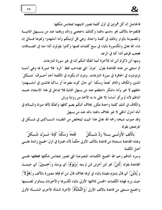 ‫&‬

‫٩٩ ٩٩‬

‫ﻓﺎﳊﺎﺻﻞ ﺃﻥ ﻛﻞ ﳘﺰﺗﲔ ﰲ ﺃﻭﻝ ﻛﻠﻤﺔ ﺗﺼﻮﺭ ﺛﺎﻧﻴﺘﻬﻤﺎ ﲟﺠﺎﻧﺲ ﺷﻜﻠﻬﺎ.‬
‫ﻓﺎﳌﻔﺘﻮﺣﺔ ﺑﺎﻷﻟﻒ ﳓﻮ ﺀﺍﻣﻨﺘﻢ ﺀﺍﳍﺘﻨﺎ ﻭﻛﺬﻟﻚ ﺀﺍﻋﺠﻤﻲ ﻭﺀﺍﻟﺪ ﻭﺑﺎ‪‬ﻤﺎ ﻋﻨﺪ ﻣﻦ ﻳﺴـﻬﻞ ﺍﻟﺜﺎﻧﻴـﺔ‬
‫ﻭﺍﳌﻀﻤﻮﻣﺔ ﺑﺎﻟﻮﺍﻭ ﻭﺫﻟﻚ ﰲ ﻛﻠﻤﺔ ﻭﺍﺣﺪﺓ، ﻭﻫﻲ ﻗﻞ ﺃﻭﻧﺒﺌﻜﻢ ﻭﺃﻣﺎ ﺃﺀﺷﻬﺪﻭﺍ ﻭﳓﻮﻫﺎ ﻓﺴﺘﺄﰐ ﺇﻥ‬
‫ﺷﺎﺀ ﺍﷲ ﺗﻌﺎﱃ ﻭﺍﳌﻜﺴﻮﺭﺓ ﺑﺎﻟﻴﺎﺀ ﰲ ﺳﺒﻊ ﻛﻠﻤﺎﺕ ﻓﻤﻨﻬﺎ ﻭﻛﺎﻧﻮﺍ ﻳﻘﻮﻟﻮﻥ ﺃﺋﺬﺍ ﻣﺘﻨﺎ ﰲ ﺍﻟﺼـﺎﻓﺎﺕ‬
‫ﻓﻌﺠﺐ ﻗﻮﳍﻢ ﺃﺋﺬﺍ ﻛﻨﺎ ﰲ ﺍﻟﺮﻋﺪ.‬
‫ﻭﻣﻨﻬﺎ ﺃﺋﻦ ﺫﻛﺮﰎ ﺃﺋﻦ ﻟﻨﺎ ﻟﻶﺧﺮﺓ ﺃﺋﻤﺔ ﺃﺋﻔﻜﺎ ﺃﺋﻨﻜﻢ ﺃﺋﻨﺎ ﰲ ﻏﲑ ﺳﻮﺭﺓ ﺍﻟﻨﺎﺯﻋﺎﺕ.‬
‫ﰒ ﺍﺳﺘﺜﲎ ﻣﻦ ﻫﺬﻩ ﺍﻟﻘﺎﻋﺪﺓ ﺑﻘﻮﻝ: "ﺩﻭﻥ" ﺍﻟﱵ ﺗﺼﺎﺣﺐ ﻟﻔﻆ "ﺍﻟﺮﺩ" ﻓﻼ ﺻﻮﺭﺓ ﳍﺎ ﻭﻫﻲ ﺃﺀﻧـﺎ‬
‫ﳌﺮﺩﻭﺩﻭﻥ ﰲ ﺍﳊﺎﻓﺮﺓ ﰲ ﺳﻮﺭﺓ ﺍﻟﻨﺎﺯﻋﺎﺕ، ﻭﺩﻭﻥ ﺃﻥ ﻳﻜﻮﻥ ﰲ ﺍﻟﻜﻠﻤﺔ ﺃﺣﺪ ﺃﺣـﺮﻑ "ﺷـﻜﻞ"‬
‫ﺍﻟﺸﲔ ﻭﺍﻟﻜﺎﻑ ﻭﺍﻟﻼﻡ "ﻓﺘﺤﺎﹰ ﻭﺳﻜﻨﺎ" ﺃﻱ ﺣﺎﻝ ﻛﻮﻧﻪ ﻣﻔﺘﻮﺣﺎﹰ ﺃﻭ ﺳﺎﻛﻨﺎﹰ ﻓﺎﻟﺸﲔ ﰲ ﺃﺀﺷـﻬﺪﻭﺍ‬
‫ﺧﻠﻔﻬﻢ ﻻ ﻏﲑ ﻭﺃﻣﺎ ﺀﺍﺷﻜﺮ ﺀﺍﺷﻔﻘﺘﻢ ﻋﻨﺪ ﻣﻦ ﻳﺴﻬﻞ ﺍﻟﺜﺎﻧﻴﺔ ﻓﻼ ﺗﺪﺧﻞ ﰲ ﻫﺬﺍ ﺍﻻﺳﺘﺜﻨﺎﺀ ﻋﻨـﺪ‬
‫ﺍﻟﻨﺎﻇﻢ ﻷﻧﻪ ﱂ ﻳﺮﻛﺰ ﺃﺳﺎﺳﺎﹰ ﺇﻻ ﻋﻠﻰ ﻣﺎ ﺑﻪ ﺍﻷﺧﺬ ﻣﻦ ﺭﻭﺍﻳﺔ ﻭﺭﺵ.‬
‫ﻭﺍﻟﻜﺎﻑ ﰲ ﺃﺋﻨﻚ ﻛﻠﻤﺔ ﻭﺍﺣﺪﺓ ﺗﺘﻜﺮﺭ ﲞﻼﻑ ﺃﺋﻨﻜﻢ ﺑﻀﻢ ﻛﺎﻓﻬﺎ ﻭﺃﺋﻔﻜﺎ ﻷ‪‬ﺎ ﻣﻨﻮﻧﺔ ﻭﺍﻟـﻼﻡ ﰲ‬
‫ﺃﺀﻟﻪ ﺃﺀﻧﺰﻝ ﺃﺀﻟﻘﻲ ﻻ ﻏﲑ ﲞﻼﻑ ﺀﺍﳍﺘﻨﺎ ﺀﺍﻟﺪ ﻋﻨﺪ ﻣﻦ ﻳﺴﻬﻞ.‬
‫ﻭﻗﺪ ﺻﻮﺏ ﺷﻴﺨﻨﺎ ﺭﲪﻪ ﺍﷲ ﺗﻌﺎﱃ ﻫﺬﺍ ﺍﻟﺒﻴﺖ ﻟﻴﺘﺨﻠﺺ ﻣﻦ ﺍﻟﺘﻘـﺎﺀ ﺍﻟﺴـﺎﻛﻨﲔ ﰲ ﺷـﻜﻞ ﰲ‬
‫ﺍﳌﻮﺿﻌﲔ ﺑﻘﻮﻟﻪ:‬

‫"ﺑِﺎﻟﹾﺄﹶﻟِﻒِ ﺍ ُﻭﻟﹶـﻰ ﺑِـﻼﹶ ﺭ‪  ‬ﺷ‪‬ـﻜﹶﻞﹾ‬
‫ﺩ‬
‫ﻷ‬

‫ﻓﹶﺘ‪‬ﺤﺎﹰ ﻭ‪‬ﺳ‪‬ﻜﹾﻨﺎﹰ ﻛﹶﺈِﺫﹶﺍ ‪‬ـﺰ‪‬ﻥٍ ‪‬ـﻜِﻞﹾ"‬
‫ﺷ‬
‫ﻣ‬

‫ﻭﻫﺬﻩ ﺍﻟﻘﺎﻋﺪﺓ ﻣﺴﺘﺜﻨﺎﺓ ﻣﻦ ﻗﺎﻋﺪﺓ ﺑﺎﻷﻟﻒ ﺍﻷﻭﱃ ﺣﻜﻤﺎﹰ ﻷﻥ ﺍﳍﻤﺰﺓ ﰲ ﺃﻭﻝ ﺍﳉﻤﻴﻊ ﺯﺍﺋﺪﺓ ﻋﻠـﻰ‬
‫ﺃﺻﻞ ﺍﻟﻜﻠﻤﺔ.‬
‫ﻭﺳﺮﺩ ﺍﻟﻨﺎﻇﻢ ﺭﺣﻢ ﺍﷲ ﺍﳉﻤﻴﻊ ﺍﻟﻜﻠﻤﺎﺕ ﺍﳌﻨﺼﻮﺻﺔ ﺍﻟﱵ ﺗﺼﻮﺭ ﲟﺠﺎﻧﺲ ﺷﻜﻠﻬﺎ ﻓﻌﻄﻔﻬﺎ ﻋﻠـﻰ‬

‫ﺍﻟﻘﺎﻋﺪﺓ ﺑﻘﻮﻟﻪ )ﹶِﻦ‪ (‬ﳓﻮ ﻟﺌﻦ ﺃﺧﺮﺗﻦ ﻟﺌﻦ ﱂ ﻳﻨﺘﻪ ) ‪‬ﻮ‪ ( ‬ﺃﻱ ﻳﻮﻣﺌﺬ ﻭ) ِـ ‪ (‬ﺃﻱ ﺣﻴﻨﺌـﺬ‬
‫ﺣ ﲔ‬
‫ﻭﻳ ﻡ‬
‫ﻟﺌ‬

‫ﻭ)ﻳ‪‬ﺎﺑ‪‬ﻦ‪ (‬ﺃﻱ ﻗﺎﻝ ﻳﺎﺑﻨﺆﻡ ﻣﻘﻴﺪﺓ ﺑﺎﻟﻴﺎﺀ ﰲ ﺃﻭﳍﺎ ﲞﻼﻑ ﻗﺎﻝ ﺍﺑﻦ ﺃﻡ ﻓﺈ‪‬ﺎ ﻣﺼﻮﺭﺓ ﺑﺎﻷﻟﻒ ﻭ)ﻫ‪ ‬ﻻﹶ(‬
‫ﺆ‬

‫ﺣﻴﺚ ﻭﺭﺩ ﻓﻬﺬﻩ ﺍﻟﻜﻠﻤﺎﺕ ﺍﳋﻤﺲ ﺛﻼﺛﺘﻬﺎ ﺍﻷﻭﱃ ﺑﺎﻟﻴﺎﺀ ﻟﻜﺴﺮﻫﺎ ﻭﺍﻷﺧﲑﺗﺎﻥ ﺑـﺎﻟﻮﺍﻭ ﻟﻀـﻤﻬﺎ‬

‫ﻭﺍﳉﻤﻴﻊ ﻣﺴﺘﺜﲎ ﻣﻦ ﻗﺎﻋﺪﺓ ﺑﺎﻷﻟﻒ ﺍﻷﻭﱃ ) ‪‬ﺍﻟ‪‬ﺸ‪‬ﹶ ﹶ( ﺍﻵﺧﺮﺓ ﺍﻟﻨﺸﺄﺓ ﺍﻷﺧﺮﻯ ﺍﻟﻨﺸـﺄﺓ ﺍﻷﻭﱃ‬
‫ﻭ ﻨ ﺄﺓ‬

 
