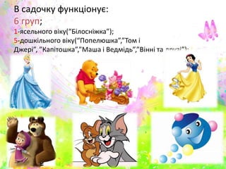 В садочку функціонує:
6 груп;
1-ясельного віку(“Білосніжка”);
5-дошкільного віку(“Попелюшка”,”Том і
Джері”, ”Капітошка”,”Маша і Ведмідь”,”Вінні та друзі”);

 