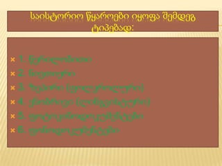 საისტორიო წყაროები იყოფა შემდეგ
ტიპებად:
1. წერილობითი
 2. ნივთიერი
 3. ზეპირი (ფოლკროლური)
 4. ენობრივი (ლინგვისტური)
 5. ფოტოკინოდოკუმენტები
 6. ფონოდოკუმენტები


 