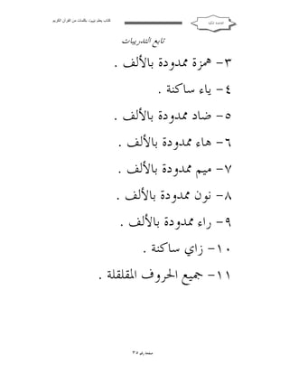 ‫ﻛﺘﺎب ﯾﻌﻠﻢ ‪ ‬ﺑﻜﻠﻤﺎت ﻣﻦ اﻟﻘﺮآن اﻟﻜﺮﯾﻢ‬

‫ﺍﻟﻘﺎﻋﺪﺓ ﺍﳌﻜﻴﺔ‬

‫ﺗﺎﺑﻊ ﺍﻟﺘﺪﺭﻳﺒﺎﺕ‬

‫٣- ﳘﺰﺓ ﳑﺪﻭﺩﺓ ﺑﺎﻷﻟﻒ .‬
‫٤- ﻳﺎﺀ ﺳﺎﻛﻨﺔ .‬
‫٥- ﺿﺎﺩ ﳑﺪﻭﺩﺓ ﺑﺎﻷﻟﻒ .‬
‫٦- ﻫﺎﺀ ﳑﺪﻭﺩﺓ ﺑﺎﻷﻟﻒ .‬
‫٧- ﻣﻴﻢ ﳑﺪﻭﺩﺓ ﺑﺎﻷﻟﻒ .‬
‫٨- ﻧﻮﻥ ﳑﺪﻭﺩﺓ ﺑﺎﻷﻟﻒ .‬
‫٩- ﺭﺍﺀ ﳑﺪﻭﺩﺓ ﺑﺎﻷﻟﻒ .‬
‫٠١- ﺯﺍﻱ ﺳﺎﻛﻨﺔ .‬
‫١١- ﲨﻴﻊ ﺍﳊﺮﻭﻑ ﺍﳌﻘﻠﻘﻠﺔ .‬

‫ﺻﻔﺤﺔ ﺭﻗﻢ ٥٣‬

 
