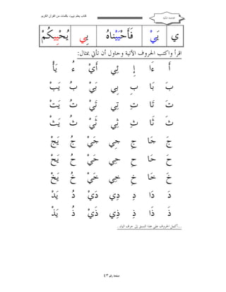 ‫ﻛﺘﺎب ﯾﻌﻠﻢ ‪ ‬ﺑﻜﻠﻤﺎت ﻣﻦ اﻟﻘﺮآن اﻟﻜﺮﯾﻢ‬

‫ﺍﻟﻘﺎﻋﺪﺓ ﺍﳌﻜﻴﺔ‬

‫ﻱ ﻳ‪‬ﻲ‪‬‬

‫ﹶ ﻩ‬
‫ﻓﹶﺄﺣ‪‬ﻴ‪‬ﻴ‪‬ﻨﺎ ‪‬‬

‫ﻳﹺﻲ ‪‬ﺤ‪‬ﻴﹺﻴ ﹸﻢ‪‬‬
‫ﻳ ﻜ‬

‫ﺍﻗﺮﺃ ﻭﺍﻛﺘﺐ ﺍﳊﺮﻭﻑ ﺍﻵﺗﻴﺔ ﻭﺣﺎﻭﻝ ﺃﻥ ﺗﺄﰐ ﲟﺜﺎﻝ:‬

‫ﺃﹶ‬
‫ﺏ‪‬‬
‫ﺕ‪‬‬
‫ﺙﹶ‬
‫ﺝ‪‬‬
‫ﺡ‪‬‬
‫ﺥ‪‬‬
‫ﺩ‪‬‬
‫ﺫﹶ‬

‫ﺀَﺍ‬
‫ﺑ‪‬ﺎ‬
‫ﺗ‪‬ﺎ‬
‫ﺛﹶﺎ‬
‫ﺟ‪‬ﺎ‬
‫ﺣ‪‬ﺎ‬
‫ﺧ‪‬ﺎ‬
‫ﺩ‪‬ﺍ‬
‫ﺫﹶﺍ‬

‫ﺇﹺ‬
‫ﺏﹺ‬
‫ﺕ‪‬‬
‫ﺙ‪‬‬
‫ﺝﹺ‬
‫ﺡﹺ‬
‫ﺥﹺ‬
‫ﺩ‪‬‬
‫ﺫ‪‬‬

‫ﺋ‪‬ﻲ‬
‫ﺑﹺﻲ‬
‫ﺗ‪‬ﻲ‬
‫ﺛ‪‬ﻲ‬
‫ﺟﹺﻲ‬
‫ﺣ‪‬ﻲ‬
‫ﺧ‪‬ﻲ‬
‫ﺩ‪‬ﻱ‬
‫ﺫ‪‬ﻱ‬

‫...ﺃﻛﻤﻞ ﺍﳊﺮﻭﻑ ﻋﻠﻰ ﻫﺬﺍ ﺍﻟﻨﺴﻖ ﺇﱃ ﺣﺮﻑ ﺍﻟﻴﺎﺀ .‬

‫ﺻﻔﺤﺔ ﺭﻗﻢ ٣٤‬

‫ﺃﹶﻱ‪‬‬
‫ﺑ‪‬ﻲ‪‬‬
‫ﺗ‪‬ﻲ‪‬‬
‫ﺛﹶﻲ‪‬‬
‫ﺟ‪‬ﻲ‪‬‬
‫ﺣ‪‬ﻲ‪‬‬
‫ﺧ‪‬ﻲ‪‬‬
‫ﺩ‪‬ﻱ‪‬‬
‫ﺫﹶﻱ‪‬‬

‫ﺀ‬
‫ُ‬
‫ﺏ‬
‫‪‬‬
‫ﺕ‬
‫‪‬‬
‫ﺙ‬
‫ﹸ‬
‫ﺝ‬
‫‪‬‬
‫ﺡ‬
‫‪‬‬
‫ﺥ‬
‫‪‬‬
‫ﺩ‬
‫‪‬‬
‫ﺫ‬
‫ﹸ‬

‫ﻳ‪‬ﺄﹾ‬
‫ﻳ‪‬ﺐ‪‬‬
‫ﻳ‪‬ﺖ‪‬‬
‫ﻳ‪‬ﺚﹾ‬
‫ﻳ‪‬ﺞ‪‬‬
‫ﻳ‪‬ﺢ‪‬‬
‫ﻳ‪‬ﺦ‪‬‬
‫ﻳ‪‬ﺪ‪‬‬
‫ﻳ‪‬ﺬﹾ‬

 