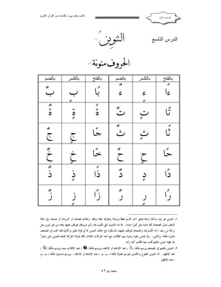 ‫ﺍﻟﻘﺎﻋﺪﺓ ﺍﳌﻜﻴﺔ‬

‫‪  ‬‬

‫اﻟﺪرس اﻟﺘﺎﺳﻊ‬

‫ﻛﺘﺎب ﯾﻌﻠﻢ ‪ ‬ﺑﻜﻠﻤﺎت ﻣﻦ اﻟﻘﺮآن اﻟﻜﺮﯾﻢ‬

‫)١(‬

‫‪  ‬‬
‫)٢(‬

‫ﺑﺎﻟﻔﺘﺢ‬

‫ﺑﺎﻟﻜﺴﺮ‬

‫ﺑﺎﻟﻀﻢ‬

‫ﺑﺎﻟﻔﺘﺢ‬

‫ﺑﺎﻟﻜﺴﺮ‬

‫ﺑﺎﻟﻀﻢ‬

‫ﺀًﺍ‬

‫ﺀٍ‬

‫ﺀ‬
‫ٌ‬

‫ﺑ‪‬ﺎ‬

‫ﺏﹴ‬

‫ﺏ‬
‫‪‬‬

‫ﺗ‪‬ﺎ‬

‫ﺕ‪‬‬

‫ﺕ‬
‫‪‬‬

‫ﺓﹰ‬

‫ﺓ‪‬‬

‫ﺓ‬
‫ﹲ‬

‫ﺛﹰﺎ‬

‫ﺙ‪‬‬

‫ﺙ‬
‫ﹲ‬

‫ﺟ‪‬ﺎ‬

‫ﺝﹴ‬

‫ﺝ‬
‫‪‬‬

‫ﺣ‪‬ﺎ‬

‫ﺡﹴ‬

‫ﺡ‬
‫‪‬‬

‫ﺧ‪‬ﺎ‬

‫ﺥﹴ‬

‫ﺥ‬
‫‪‬‬

‫ﺩ‪‬ﺍ‬

‫ﺩ‪‬‬

‫ﺩ‬
‫‪‬‬

‫ﺫﹰﺍ‬

‫ﺫ‪‬‬

‫ﺫ‬
‫ﹲ‬

‫ﺭ‪‬ﺍ‬

‫ﺭﹴ‬

‫ﺭ‬
‫‪‬‬

‫ﺯ‪‬ﺍ‬

‫ﺯﹴ‬

‫ﺯ‬
‫‪‬‬

‫١( ﺍﻟﺘﻨﻮﻳﻦ ﻫﻮ ﻧﻮﻥ ﺳﺎﻛﻨﺔ ﺯﺍﺋﺪﺓ ﺗﻠﺤﻖ ﺁﺧﺮ ﺍﻻﺳﻢ ﻟﻔﻈﺎ ﻭﻭﺻﻼ ﻭﺗﻔﺎﺭﻗﻪ ﺧﻄﺎ ﻭﻭﻗﻔﺎ. ﻭﻋﻼﻣﺘﻪ ﻓﺘﺤﺘﺎﻥ ﺃﻭ ﻛﺴﺮﺗﺎﻥ ﺃﻭ ﺿﻤﺘﺎﻥ ﻭﰲ ﺣﺎﻟﺔ‬
‫ﺍﻟﻮﻗﻒ ﺗﺒﺪﻝ ﺍﻟﻔﺘﺤﺘﺎﻥ ﺃﻟﻔﺎ ﺩﺍﺋﻤﺎ ﻣﺜﻞ ﻛﺒﲑ‪‬ﺍ ﺇﻧﺸﺎﺀً . ﺇﻻ ﺗﺎﺀ ﺍﻟﺘﺄﻧﻴﺚ ﺍﻟﱵ ﺗﻜﺘﺐ ﻫﺎﺀ )ﺃﻱ ﻣﺮﺑﻮﻃﺔ( ﻓﻴﻮﻗﻒ ﻋﻠﻴﻬﺎ ﺑﺎﳍﺎﺀ ﻣﻦ ﻏﲑ ﺗﻨﻮﻳﻦ ﻣﺜﻞ‬
‫)ﺭﲪﺔﹰ ﻣﻦ ﺭﺑﻚ (.ﺃﻣﺎ ﺍﻟﻜﺴﺮﺗﺎﻥ ﻭﺍﻟﻀﻤﺘﺎﻥ ﻓﻴﻮﻗﻒ ﻋﻠﻴﻬﻤﺎ ﺑﺎﻟﺴﻜﻮﻥ ﻣﻊ ﺣﺬﻑ ﺍﻟﺘﻨﻮﻳﻦ ﺇﻻ ﰲ ﻗﻮﻟﻪ ﺗﻌﺎﱃ )ﻭﻛﺄ ‪ (‬ﻓﺈﻧﻪ ﻛﺘﺐ ﰲ ﺍﳌﺼﺤﻒ‬
‫ﻱ‬
‫ﻡ‬

‫ﲑ‬
‫ﺑﺎﻟﻨﻮﻥ ﻫﻜﺬﺍ )ﻭ‪‬ﻛﺄﻳﻦ( . ﻭﻻ ﻳﻠﺘﺒﺲ ﻋﻠﻴﻨﺎ ﻭﺟﻮﺩ ﻣﻴﻢ ﺍﻹﻗﻼﺏ ﻣﻊ ﺃﺣﺪ ﺍﳊﺮﻛﺎﺕ ﺍﻟﺜﻼﺙ ﻷ‪‬ﺎ ﲟﻨ‪‬ﺰﻟﺔ ﺍﳊﺮﻛﺔ ﺍﻟﺜﺎﻧﻴﺔ ﻟﻠﺘﻨﻮﻳﻦ ﻣﺜﻞ )ﺧﺒ ‪‬‬

‫ﲟﺎ( ﻓﻬﺬﺍ ﺗﻨﻮﻳﻦ ﺑﺎﻟﻀﻢ ﹸﻠﺐ ﻣﻴﻤﺎ ﻓﻜﺘﺐ ﻛﻤﺎ ﺭﺃﻳﻨﺎ .‬
‫ﻗ‬

‫٢( ﺍﻟﺘﻨﻮﻳﻦ ﺑﺎﻟﻀﻢ ﰲ ﺍﳌﺼﺤﻒ ﻳﺮﺳﻢ ﻫﻜﺬﺍ )‪ ( ò‬ﻋﻨﺪ ﺍﻹﺩﻏﺎﻡ ﺃﻭ ﺍﻹﺧﻔﺎﺀ ﻭﻳﺮﺳﻢ ﻫﻜﺬﺍ )‪Ž‬‬

‫( ﻋﻨﺪ ﺍﻹﻗﻼﺏ ﻣﻴﻤﺎ ﻭﻳﺮﺳﻢ ﻫﻜﺬﺍ † (‬
‫)‬

‫ﻋﻨﺪ ﺍﻹﻇﻬﺎﺭ . ﺃﻣﺎ ﺍﻟﺘﻨﻮﻳﻦ ﺍﳌﻔﺘﻮﺡ ﻭﺍﳌﻜﺴﻮﺭ ﻓﲑﺳﻢ ﻣﻔﺘﺮﻗﺎ ﻫﻜﺬﺍ ) ـَ ـِ ( ﻋﻨﺪ ﺍﻹﺩﻏﺎﻡ ﺃﻭ ﺍﻹﺧﻔﺎﺀ ، ﻭﻳﺮﺳﻢ ﻣﺘﺴﺎﻭﻳﺎ ﻫﻜﺬﺍ ) ـً ـٍ‬
‫( ﻋﻨﺪ ﺍﻹﻇﻬﺎﺭ .‬

‫ﺻﻔﺤﺔ ﺭﻗﻢ ٢٥‬

 