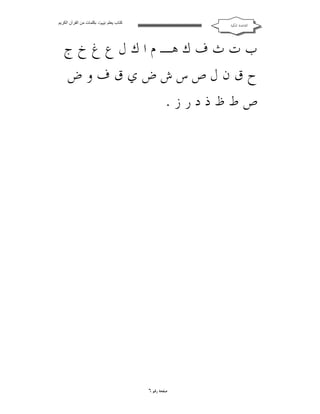 ‫ﻛﺘﺎب ﯾﻌﻠﻢ ‪ ‬ﺑﻜﻠﻤﺎت ﻣﻦ اﻟﻘﺮآن اﻟﻜﺮﯾﻢ‬

‫ﺍﻟﻘﺎﻋﺪﺓ ﺍﳌﻜﻴﺔ‬

‫ﺏ ﺕ ﺙ ﻑ ﻙ ﻫـ ﻡ ﺍ ﻙ ﻝ ﻉ ﻍ ﺥ ﺝ‬
‫ﺡﻕﻥﻝﺹﺱﺵﺽﻱﻕﻑﻭﺽ‬
‫ﺹﻁﻅﺫﺩﺭﺯ.‬

‫ﺻﻔﺤﺔ ﺭﻗﻢ ٦‬

 