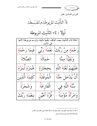 ‫ﻛﺘﺎب ﯾﻌﻠﻢ ‪ ‬ﺑﻜﻠﻤﺎت ﻣﻦ اﻟﻘﺮآن اﻟﻜﺮﯾﻢ‬

‫ﺍﻟﻘﺎﻋﺪﺓ ﺍﳌﻜﻴﺔ‬

‫اﻟﺪرس اﻟﺴﺎدس ﻋﺸﺮ‬

‫‪ ‬‬
‫‪‬‬

‫أﻣﺜﻠﺔ ﻟﺘﺎء اﻟﺘﺄﻧﯿﺚ ﯾﺠﺐ اﻟﻮﻗﻒ ﻋﻠﯿﮭﺎ ﺑﺎﻟﮭﺎء وﺗﺮﺳﻢ ﻣﺮﺑﻮﻃﺔ ﻷﻧﮭﺎ‬
‫ﻓﻲ اﻻﺳﻢ‬

‫ﺭ‪‬ﺣ‪‬ﻤ‪‬ﺔ‪ ‬ﻣ‪‬ﻦ‪ ‬ﺭ‪‬ﻚ‪ ‬ﻧﹺﻌ‪‬ﻤ‪ ‬ﹸ ﺭ‪‬ﻲ ﻓﹶﺒﹺﻤ‪‬ﺎ ﺭ‪‬ﺣ‪‬ﻤ‪‬ﺔ‪‬‬
‫ﺔ ﺑ‬
‫ﺑ‬
‫ﺣ‪‬ﻤ‪‬ﺎﻟﹶﺔﹶ‬

‫ﻭ‪‬ﺑ‪‬ﻘ‪ ‬ﹲ ﻣ‪ ‬ﺎ‬
‫ﻴﺔ ﻤ‬

‫ﺍﻟ ‪‬ﻼﺓﹶ‬
‫ﺼ‬

‫ﻋ‪‬ﻠﻴ‪‬ﻬﹺﻢ‪ ‬ﻟﹶﻌ‪‬ﻨ‪‬ﺔﹶ ﺍﻟﱠﻪ‪ ‬ﺑﹺﺤ‪ ‬ﺎﺭ‪‬ﺓ‪ ‬ﻤ‪‬ﺰ‪‬ﺓ‪ ‬ﹸﻤ‪‬ﺰ‪‬ﺓ‪‬‬
‫ﻫ ﻟ‬
‫ﺠ‬
‫ﻠ‬
‫ﹶ‬
‫ﺃﹶﻥﹾ ‪‬ﺪ‪‬ﺧ‪‬ﻞﹶ ﺟ‪‬ﺔﹶ ﺍﻟﹾ ‪‬ﻮﻗﹶﺪ‪ ‬ﹸ ﻛﹶﻠ‪‬ﻤ‪‬ﺔﹶ ﺍﱠﺬ‪‬ﻳﻦ‪‬‬
‫ﻟ‬
‫ﻨ ﻤ ﺓ‬
‫ﻳ‬
‫‪‬ﺔﹶ ﺍﻟﱠﻪ‪ ‬ﻓ‪‬ﻲ‬
‫ﺳﻨ ﻠ‬
‫ﻭ‪‬ﺍﻣ‪‬ﺮ‪‬ﺃﹶﺓﹰ ‪‬ﺆ‪‬ﻣ‪‬ﻨ‪‬ﺔﹰ‬
‫ﻣ‬

‫ﺔ‬
‫ﺍﻟﹾﻘﹶﺎﺭﹺﻋ‪ ‬ﹸ‬
‫)١(‬

‫ﻭ‪‬ﺷ‪‬ﺠ‪‬ﺮ‪‬ﺓﹰ‬

‫ﹸ ‪‬ﺓﹶ ﺃﹶﻋ‪‬ﻦﹴ ﺑﹺﻨﹺﻌ‪‬ﻤ‪‬ﺔ‪ ‬ﺭ‪‬ﻚ‪‬‬
‫ﺑ‬
‫ﻗﺮ ﻴ‬

‫١( ﻫﺬﻩ ﺗﺎﺀ ﻣﺮﺑﻮﻃﺔ ﻣﻨﻮﻧﺔ ﺑﺎﻟﻔﺘﺢ ﻭﳚﺐ ﺍﻟﻮﻗﻒ ﻋﻠﻴﻬﺎ ﺑﺎﳍﺎﺀ ﺍﻟﺴﺎﻛﻨﺔ ﻛﺬﻟﻚ ﺍﻟﺘﻨﻮﻳﻦ ﺑﺎﻟﻀﻢ ﻭﺍﳉﺮ )ﺍﻟﻜﺴﺮ( .‬
‫ﻭﺍﻧﻈﺮ ﻛﻴﻔﻴﺔ ﺍﻟﻮﻗﻒ ﻋﻠﻰ ﺍﻟﺘﻨﻮﻳﻦ ﰲ ﻫﺎﻣﺶ ﺍﻟﺘﻨﻮﻳﻦ .‬

‫ﺻﻔﺤﺔ ﺭﻗﻢ ٦٨‬

 