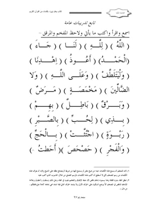 ‫ﻛﺘﺎب ﯾﻌﻠﻢ ‪ ‬ﺑﻜﻠﻤﺎت ﻣﻦ اﻟﻘﺮآن اﻟﻜﺮﯾﻢ‬

‫ﺍﻟﻘﺎﻋﺪﺓ ﺍﳌﻜﻴﺔ‬

‫ﺗﺎﺑﻊ ﺗﺪﺭﻳﺒﺎﺕ ﻋﺎﻣﺔ‬

‫ﺍﲰﻊ ﻭﺍﻗﺮﺃ ﻭﺍﻛﺘﺐ ﻣﺎ ﻳﺄﰐ ﻭﻻﺣﻆ ﺍﳌﻔﺨﻢ ﻭﺍﳌﺮﻗﻖ‬

‫)١ (‬

‫) ﺍﻟﱠ ‪ ) ( ‬ﻟ‪‬ﱠـﻪ‪ ) ( ‬ﻟﹶﻨ‪‬ـﺎ ( ) ﺟ‪‬ـﺎﺀَ (‬
‫ﻠ‬
‫ﻠﻪ‬
‫)ﺍﻟﹾﺤ‪‬ﻤ ـ ‪ ) (‬ﺃﹶﻋ ـﻮ ﹸ ( ) ﺍ‪‬ﻫ ـﺪ‪‬ﻧ‪‬ﺎ (‬
‫‪‬ـ‬
‫‪‬ـ ﺪ ‪‬ـ ﺫ‬
‫) ﻭ‪‬ﻟﹾﻴ‪‬ﺘ‪‬ﻠﹶ ﱠﻒ‪ ) ( ‬ﻭ‪‬ﻋ‪‬ﻠﹶـﻰ ﺍﻟﱠـﻪ‪ ) ( ‬ﻭ‪‬ﻻ‬
‫ﻠ‬
‫ﻄ‬
‫ﺍﻟ ‪‬ﺎﱢﲔ‪ ) ( ‬ﻣ‪‬ﺨ‪‬ﻤ‪‬ﺼ‪‬ـﺔ‪ ) ( ‬ﻣ‪‬ـﺮ‪(  ‬‬
‫ﺽ‬
‫ﻀﻟ‬
‫) ﻭ‪‬ﺑ ـﺮ‪ ) (  ‬ﺑ‪‬ﺎﻃ ـ ﹲ ( ) ﺑﹺﻬ ـﻢ‪( ‬‬
‫ﹺـ‬
‫‪‬ـ ﻞ‬
‫‪‬ـ ﻕ‬
‫) ﺑ ـﺬ‪‬ﻱ ( ) ﻟ‪‬ﺤ ـ ‪ ) ( ‬ﺑﹺﺎﻟﺼ ـﺒ‪‬ﺮﹺ (‬
‫‪‬ـ‬
‫‪‬ـ ﺐ‬
‫ﹺـ‬
‫) ﺭ‪‬ﺑ‪ ‬ـﻮ‪‬ﺓ‪ ) ( ‬ﺍﺟ‪‬ﱠ ـﺖ‪ ) ( ‬ﺑﹺ ـﺎﻟﹾﺤ‪(  ‬‬
‫ـ ﺞ‬
‫ﺘﺜ‬
‫) ﻭ‪‬ﺍﻟﹾﻔﹶﺠ‪‬ﺮﹺ ( ) ﺣ‪‬ﺼ‪‬ﺤﺺ‪ )( ‬ﺃﹶﺣ‪‬ﻄ ‪( ‬‬
‫ﺖ‬
‫‪‬‬
‫)٢(‬

‫١( ﻻﺑﺪ ﻟﻠﻤﺘﻌﻠﻢ ﺃﻥ ﻳﺴﻤﻊ ﻫﺬﻩ ﺍﻟﻜﻠﻤﺎﺕ ﺟﻴﺪﺍ ﻣﻦ ﺷﻴﺦ ﻣﺘﻘﻦ ﺃﻭ ﻳﺴﺘﻤﻊ ﺇﻟﻴﻬﺎ ﻣﻦ ﺷﺮﻳﻂ ﰒ ﻳﺼﺤﺢ ﻧﻄﻘﻪ ﻋﻠﻰ ﺍﻟﺸﻴﺦ ﻭﻻﺑﺪ ﺃﻥ ﻳﻌﺮﻑ ﻫﺬﻩ‬
‫ﺍﻟﻜﻠﻤﺎﺕ ﻣﻦ ﺭﺳﻢ ﺍﳌﺼﺤﻒ ﻷﱐ ﻻ ﺃﺳﺘﻄﻴﻊ ﺃﻥ ﺃﻛﺘﺐ ﻫﺬﻩ ﺍﻟﻜﻠﻤﺎﺕ ﺑﺎﻟﺮﺳﻢ ﺍﻟﻌﺜﻤﺎﱐ ﻣﻦ ﺧﻼﻝ ﺍﳊﺎﺳﻮﺏ ﺍﻟﺬﻱ ﺃﻛﺘﺐ ﻋﻠﻴﻪ‬
‫٢( ﺗﻨﻄﻖ ﺍﻟﻄﺎﺀ ﺑﺪﻭﻥ ﻗﻠﻘﻠﺔ ﻭﻫﺬﺍ ﻳﺴﻤﻮﻧﻪ ﺇﺩﻏﺎﻡ ﻧﺎﻗﺺ ﻷﻥ ﺻﻔﺔ ﺍﻹﻃﺒﺎﻕ ﻭﺍﻟﺘﻔﺨﻴﻢ ﺑﻘﻴﺖ ﰲ ﺍﻟﻄﺎﺀ ﻭﻣﺜﻞ ﺫﻟﻚ )ﺑ‪‬ﺴ‪‬ﻄﺖ‪) (‬ﺃ ‪‬ﻄ ‪ (‬ﻭﻋﻼﻣﺔ‬
‫ﺣ ﺖ‬
‫ﺍﻹﺩﻏﺎﻡ ﺍﻟﻨﺎﻗﺺ ﰲ ﺍﳌﺼﺤﻒ ﺃ ﱠ ﻳﻮﺿﻊ ﺍﻟﺴﻜﻮﻥ ﻋﻠﻰ ﺍﳊﺮﻑ ﺍﻷﻭﻝ ﻭﻻ ﻳﺸﺪﺩ ﺍﳊﺮﻑ ﺍﻟﺘﺎﱄ ﻓﺈﺫﺍ ﺷﺪﺩ ﲰﻲ ﺇﺩﻏﺎﻣﺎ ﻛﺎﻣﻼ ﻣﺜﻞ)ﳔﻠﻘﻜﻢ ،‬
‫ﻻ‬
‫ﻣﻦ ﻣﺎﻝ ( .‬

‫ﺻﻔﺤﺔ ﺭﻗﻢ ٧٩‬

 