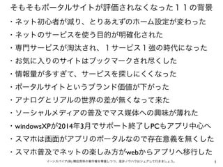 そもそもポータルサイトが評価されなくなった１１の背景
・ネット初心者が減り、とりあえずのホーム設定が変わった
・ネットのサービスを使う目的が明確化された
・専門サービスが淘汰され、１サービス１強の時代になった
・お気に入りのサイトはブックマーク...