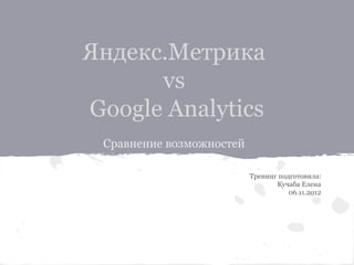 Яндекс.Метрика
vs
Google Analytics
Сравнение возможностей
Тренинг подготовила:
Кучаба Елена
06.11.2012

 