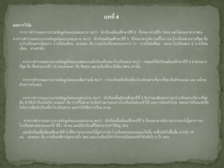 บทที่ 4
ผลการวิ จย
ั
จากการสารวจและรวบรวมข้อมูลโดยแบบสอบถาม พบว่า นักเรียนมัธยมศึกษาปีท่ี 5 ทีเคยมาสายมีถง 12คน และไม่เคยมาสาย 8คน
่
ึ
จากการสารวจและรวบรวมข้อมูลโดยแบบสอบถาม พบว่า นักเรียนมัธยมศึกษาปีท่ี 5 ทีเคยมาสายมีความถีในการมาโรงเรียนสายมากทีสุด คือ
่
่
่
มาโรงเรียนสายน้อยกว่า 2 ครังต่อเดือน รองลงมา คือ การมาโรงเรียนสายมากกว่า 2 – 3 ครังต่อเดือน และมาโรงเรียนสาย 2 -3 ครังต่อ
้
้
้
เดือน ตามลาดับ
จากการสารวจและรวบรวมข้อมูลโดยแบบสอบถามนักเรียนทีเคยมาโรงเรียนสาย พบว่า เหตุผลทีนกเรียนมัธยมศึกษาปีท่ี 5 มาสายมาก
่
่ ั
ทีสุด คือ ตื่นสายมากถึง 12 คนรองลงมา คือ ติดธุระ และรอรับเพื่อน มีเพียง 8คน เท่านัน
่
้
จากการสารวจและรวบรวมข้อมูลโดยแบบสัมภาษณ์ พบว่า การลงโทษนักเรียนทีมาโรงเรียนสายทีมากทีสุด คือหักคะแนน และ ลงโทษ
่
่
่
ด้วยการเก็บขยะ
จากการสารวจและรวบรวมข้อมูลโดยแบบสอบถาม พบว่า นักเรียนชันมัธยมศึกษาปีท่ี 5 คิดว่าผลเสียของการมาโรงเรียนสายทีมากทีสุด
้
่
่
คือ ทาให้เข้าเรียนไม่ทน รองลงมา คือ การทีไม่สามารถรับข่าวสารของทางโรงเรียนในช่วงเช้าได้ และการโดนทาโทษ 16คนทาให้โดนเช็คชื่อ
ั
่
ในใบรายชื่อนักเรียนทีมาโรงเรียนสาย และทาให้เสียการเรียน 4 คน
่
ั
จากการสารวจและรวบรวมข้อมูลโดยแบบสอบถาม พบว่า นักเรียนชันมัธยมศึกษาปีท่ี 5 ทีเคยมาสายคิดว่าสามารถแก้ปญหาการมา
้
่
โรงเรียนสายของตนเองได้ มีถง 18 คน และมีนกเรียนทีไม่สามารถทาได้อยู่ 2คน
ึ
ั
่
ั
และนักเรียนชันมัธยมศึกษาปีท่ี 5 ทีคดว่าสามารถแก้ปญหาการมาโรงเรียนสายของตนเองได้นน จะตื่นให้เร็วขึนนัน มากถึง 15
้
่ ิ
ั้
้ ้
คน รองลงมา คือ การตังนาฬิกาปลุกมากถึง 3คน และเร่งเพื่อนให้ทากิจกรรมในตอนเช้าให้เสร็จไวๆ ถึง 2คน
้

 