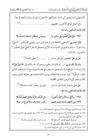 ‫ﹰ‬
‫ﹰ‬
‫اﻷﺻﻔﻬﺎﲏ ﻟﻪ, ﻭﺗﻌﺪﻳﻞ أﰊ ﺷﺎﻣﺔ: »ﻭاﻷﻇﻬﺮ اﻷﺧﴫ ﻣﺎ ﻏﲑﺗﻪ ﺳﺎﺑﻘﺎ ﻭأﳊﻘﺘﻪ ﻻﺣﻘﺎ:‬
‫.............................«)١(.‬

‫ﻭﰲ اﻟﻨﺤﻞ ﻛﲈ ﰲ اﻷﺧﲑﻳﻦ ﺣﻔﺼﻬﻢ‬
‫ﻗﺎﻝ اﻹﻣﺎﻡ اﻟﺸﺎﻃﺒﻲ رﲪﻪ اﷲ:‬

‫ﹺﹴ‬
‫٣٩٦− ﻋﲇ ﻋﲆ ﺧﺼﻮا ﻭﰲ ﺳﺎﺣﺮ ﲠﺎ‬
‫ﹶﹶﱠ ﹶﹶٰ ﹶ ﱡ‬

‫ﹸ ﹶ ﹶ ﱠ ﹴ‬
‫ﻭﻳـﻮﻧﺲ ﺳـﺤﺎر ﺷــﻔﺎ ﻭﺗﺴـﻠﺴـﻼ‬
‫ﹶﹶ ﹾﹶ‬

‫ﻋﲆ ﰲ ﻋﲇ اﺧﺼﺺ ﻭﰲ ﻛﻞ ﺳﺎﺣﺮ‬
‫ﹶﹶٰ ﹶﹶﱠ‬

‫........ / ﻟﻨﺺ ﻋﻠﻴﻪ« )٢(.‬
‫ﱠ‬

‫ﻗﺎﻝ اﳉﻌﱪﻱ: »اﺳﺘﻐﻨﻰ ﺑﺎﻟﻠﻔﻆ ﻋـﻦ ﺗﺮﲨـﺔ ﻛـﻞ ﻣـﻦ ﻭﺟﻬـﻲ اﳌـﺴﺄﻟﺘﲔ − )ﻋـﲇ(‬
‫ﹶ ﹶﱠ‬
‫ﹺ‬
‫ﻭ)ﺳﺎﺣﺮ( −, ﻭﻫﻮ ﻭاﺿﺢ ﰲ اﻟﺜﺎﻧﻴﺔ, ﻭأﻣﺎ اﻷﻭﱃ ﻓﻴﺤﺘﻤﻞ أﻥ ﻳﻘﺮأ: )ﻋﲇ ﻋـﲆ ﺧـﺼﻮا (‬
‫ﹶﹶﱞ ﹶ ﹶٰ ﹶ ﱡ‬
‫ٰ‬
‫ﹶ‬
‫ﺑﺎﻟﺘﻨﻮﻳﻦ... ﻓﻠﻮ ﻗﺎﻝ:‬
‫ﻭﻗـــﺎﻝ اﻟﻘـــﺎرﻱ: »... ﻛـــﻼﻡ اﻟﻨـــﺎﻇﻢ ﻳـــﻮﻫﻢ أﻥ اﳋـــﻼﻑ ﰲ: ﴿ ‪﴾wv‬‬

‫]اﻷﻋﺮاﻑ:٩٠١[ اﻟﻮاﻗﻊ أﻭﻻ, أﻭ ﺷﺎﻣﻞ ﻟﻪ ﻭﻟﻐﲑﻩ ﰲ ﻫﺬﻩ اﻟﺴﻮرة, ﻣﻊ أﻥ اﳌﺮاد ﻫـﻮ اﻟﺜـﺎﲏ‬

‫ﱢ‬
‫اﳌﻘﱰﻥ )ﺑﻜﻞ()٣( دﻭﻥ ﻏﲑﻩ, ﻭﻛﺬا ﳐﺘﻠﻒ ﻳﻮﻧﺲ, ﻟﻜﻨﻪ اﻋﺘﻤﺪ ﻋﲆ ﺣﻘﻴﻘﺔ اﻟﺘﲈﺛﻞ ﻭﻏـﲑ‬
‫اﳌﻘﱰﻥ ﺑﻨﺤﻮ )ﰲ( ﻟﻠﺮﻣﻮز اﳌﺘﻘﺎﺑﻞ, ﻓﻘﻠﺖ:‬
‫ﹴ‬
‫ﱡ‬
‫ﱠ ﹶ‬
‫ﻋﲇ ﻋـﲆ ﺧـﺼﻮا ﻫﻨـﺎ ﻛـﻞ ﺳـﺎﺣﺮ‬

‫ﻗﺎﻝ اﻹﻣﺎﻡ اﻟﺸﺎﻃﺒﻲ رﲪﻪ اﷲ:‬

‫ﹶ ﱠ ﹴ‬
‫ﻛﻴﻮﻧﺲ ﺳﺤﺎر ﺷﻔﺎ ﻭﺗﺴﻠﺴﻼ« )٤(.‬
‫ﱡ ﹾ ﹺ ﹶﱢ ﹾ‬
‫ﱠ ﹸ ﹾﹸ‬
‫ﻭﰲ اﻟﺮﺷﺪ ﺣﺮﻙ ﻭاﻓﺘﺢ اﻟﻀﻢ ﺷﻠﺸﻼ‬
‫ﹺ‬

‫٨٩٦− ﻭﲨﻊ رﺳﺎﻻﰐ ﲪﺘﻪ ذﻛـﻮرﻩ‬
‫ﹶﹾﹸ‬
‫ﹶﹶﹾ ﹸ ﹸ‬

‫ﺑﻜﴪ ﺷﻔﺎ ﻭاﻑ ﻭاﻻﺗﺒـﺎع ذﻭ ﺣـﻼ‬

‫٩٩٦− ﻭﰲ اﻟﻜﻬﻒ ﺣﺴﻨﺎﻩ ﻭﺿﻢ ﺣﻠﻴﻬﻢ‬
‫ﹸ ﹾ‬

‫)١( ﺣﺪث اﻷﻣﺎﲏ, ص٤٦٢−٥٦٢, ﻭراﺟﻊ: اﻟﻀﺎﺑﻄﻴﺔ )٨٤/ب(.‬

‫)٢( ﻛﻨﺰ اﳌﻌﺎﲏ, ص٩٧٤)خ(, ﻭراﺟﻊ: ﺣﺪث اﻷﻣﺎﲏ, ص٦٦٢−٧٦٢, ﻭﻗﺪ اﻋﱰض ﻋﻠﻴﻪ اﻟﻘﺎرﻱ, ﺛﻢ ﻗﺎﻝ:‬
‫ﻓﺎﻷﻇﻬﺮ ﺗﻐﻴﲑ اﻹﺻﻔﻬﺎﲏ ﰲ ﺗﻌﺒﲑ:‬
‫ﻋـــﲆ ﰲ ﻋـــﲇ اﻟﻜـــﻞ ﻻ ﻧـــﺎﻓﻊ ﻟﻜﻠﹾ‬
‫ﱠ‬

‫ﹺ ﹶ ﱠ ﹴ‬
‫ﹸ ﱢ‬
‫ﻞ ﺳــﺎﺣﺮ ﺳــﺤﺎر ﻛﻴــﻮﻧﺲ ﻭﻛــﻼ.‬

‫)٣( ﻭﻫﻮ ﻗﻮﻟﻪ ﺗﻌﺎﱃ: ﴿‪] ﴾m l k j‬اﻷﻋﺮاﻑ: ٢١١[.‬
‫)٤( ﺣﺪث اﻷﻣﺎﲏ, ص٧٦٢, ﻭراﺟﻊ: اﻟﻀﺎﺑﻄﻴﺔ )٨٤/ب(.‬

‫٠٢١‬

 