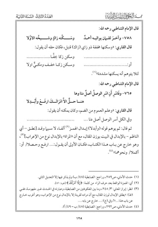 ‫ﻗﺎﻝ اﻹﻣﺎﻡ اﻟﺸﺎﻃﺒﻲ رﲪﻪ اﷲ:‬
‫٨٥٧− ﻭآﺧ ـﺮ ﻟﻘ ـﲈﻥ ﻳﻮاﻟﻴ ـﻪ أﲪ ـﺪ‬
‫ـﹶ ـ‬
‫ـ ـﹲ‬

‫ﹶـ ﱠ‬
‫ﹴ ـ‬
‫ﻭﺳ ــــﻜﻨﻪ زاﻙ ﻭﺷ ــــﻴﺨﻪ اﻻﻭﻻ‬
‫ﹸ‬
‫ﱠ‬

‫..................................‬

‫ﹺ‬
‫ﻭﺳﻜﻦ زﻛﺎ ﺧﻔـﺎ.................‬

‫ﻗﺎﻝ اﻟﻘﺎرﻱ: »ﻭﺳﻜﻨﻬﺎ ﳐﻔﻔﺔ ذﻭ زاﻱ )زاﻙ( ﻗﻨﺒﻞ, ﻓﻜﺎﻥ ﺣﻘﻪ أﻥ ﻳﻘﻮﻝ:‬

‫ﻭﺳ ـﻜﻦ زﻛ ـﺎ ﺧﻔ ـﻒ ﻭﻣﻜ ـﻲ اﻭﻻ‬
‫ـ ـ‬
‫ـ‬
‫ـ ﱞ‬

‫أﻭ:...............................‬

‫ﻟﺌﻼ ﻳﺘﻮﻫﻢ أﻧﻪ ﻳﺴﻜﻨﻬﺎ ﻣﺸﺪدة«)١(.‬
‫ﻗﺎﻝ اﻹﻣﺎﻡ اﻟﺸﺎﻃﺒﻲ رﲪﻪ اﷲ:‬

‫ﹶ ﹾ ﹺ ﹺ ﹾ ﹺ‬
‫ﹸ‬
‫ﹲ‬
‫٥٦٧− ﻭﻓﺎﴎ ﹶأﻥ اﴎ اﻟﻮﺻﻞ أﺻﻞ دﻧﺎ ﻭﻫﺎ‬

‫ﹶـ ﹺ‬
‫ﻫﻨ ــﺎ ﺣ ــﻖ اﻻﱠ اﻣﺮاﺗ ــﻚ ارﻓ ــﻊ ﻭأﹾﺑ ــﺪﻻ‬
‫ـ ـ ﱞ‬
‫ﹾ ﹶ ﹶـ ﹶ ﹶـ ﹾ‬

‫ﻗﺎﻝ اﻟﻘﺎرﻱ: »ﻭﻋﻠﻢ اﻟﻌﻤﻮﻡ ﻣﻦ اﻟﻀﻢ, ﻭﻛﺎﻥ ﻳﻤﻜﻨﻪ أﻥ ﻳﻘﻮﻝ:‬

‫..................................‬

‫ﻭﰲ اﻟﻜﻞ أﴎ اﻟﻮﺻﻞ أﺻﻞ دﻧﺎ ...‬

‫ﺛﻢ ﻗﺎﻝ: ﺛﻢ ﻳﻮﻫﻢ ﻗﻮﻟﻪ )ﻭأﺑﺪﻻ( إﺑـﺪاﻝ اﳍﻤـﺰ)٢( أﻟﻔـﺎ, ﻻ ﺳـﻴﲈ ﻭﻗـﺪ ]ﻧﻄـﻖ – أﻱ‬

‫اﻟﻨﺎﻇﻢ − ﺑﺎﻹﺑﺪاﻝ ﰲ اﻟﺒﻴﺖ ﺑﻮزﻥ اﳌﻘﺎﻝ, ﻣﻊ أﻥ »اﳌﺮاة« ﺑﺎﻹﺑﺪاﻝ ﻧﻮع ﻣﻦ اﻹﻋﺮاب[)٣(,‬

‫ﻭﻫﻮ ﺧﺎرج ﻋﻦ ﺑـﺎب ﻫـﺬا اﻟﻜﺘـﺎب, ﻓﻜـﺎﻥ اﻷﻭﱃ أﻥ ﻳﻘـﻮﻝ:... ارﻓـﻊ ﻭﺣـﺼﻼ/ أﻭ:‬

‫أﻛﻤﻼ/ ﻭﻧﺤﻮﳘﺎ« )٤(.‬

‫)١( ﺣﺪث اﻷﻣﺎﲏ, ص٩٨٢, ﻭراﺟﻊ: اﻟﻀﺎﺑﻄﻴﺔ )٨٤/ب( ﻭﱂ ﻳﺬﻛﺮ ﻓﻴﻬﺎ إﻻ اﻟﺘﻌﺪﻳﻞ اﻟﺜﺎﲏ.‬

‫)٢( أﻱ: اﳍﻤﺰة اﻟﻮاﻗﻌﺔ ﺑﻌﺪ ﺣﺮﻑ اﻟﺮاء ﻣﻦ ﻛﻠﻤﺔ: ﴿ ‪] ﴾ß Þ‬ﻫﻮد: ١٨[.‬

‫)٣( اﻧﻈﺮ: إﺑﺮاز اﳌﻌﺎﲏ: ٣/٥٤٢, ﻭﻣﺎ ﺑﲔ اﳌﻌﻜﻮﻓﺘﲔ ﻣﻦ اﻟﻀﺎﺑﻄﻴﺔ, ﻭﻋﺒﺎرﺗﻪ ﰲ اﳊـﺪث ﻏـﲑ ﻣﻔﻬﻮﻣـﺔ, ﻓﻔـﻲ‬

‫)ط(: »ﻳﻄﻠﻖ اﻹﺑﺪاﻝ ﻟﻮزﻥ اﳌﻘﺎﻝ, ﻣﻊ أﻥ ﻣﺮادﻩ ﻟﻘﺮﻳﻨﺔ إﻻ ﺑﺎﻹﺑﺪاﻝ ﻧﻮع ﻣﻦ اﻹﻋﺮاب, ﻭﻫﻮ أﻏﺮب ﺧـﺎرج‬

‫ﻋﻦ ﺑﺎب ﻫﺬا...«! ﻭﰲ )خ(:... ﺧﺎرج ﻋﻦ ﺑﺎﺑﻪ....‬

‫)٤( ﺣﺪث اﻷﻣﺎﲏ, ص٢٩٢, ﻭراﺟﻊ: اﻟﻀﺎﺑﻄﻴﺔ )٨٤/ب – ٩٤/أ(.‬

‫٥٢١‬

 