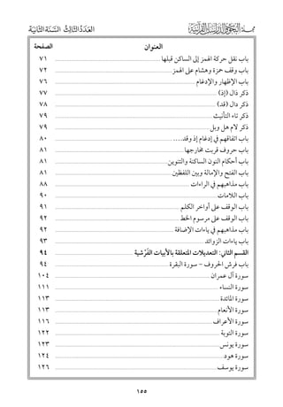‫اﻟﻌﻨﻮاﻥ‬

‫ﺑﺎب ﻧﻘﻞ ﺣﺮﻛﺔ اﳍﻤﺰ إﱃ اﻟﺴﺎﻛﻦ ﻗﺒﻠﻬﺎ‬
‫ﺑﺎب ﻭﻗﻒ ﲪﺰة ﻭﻫﺸﺎﻡ ﻋﲆ اﳍﻤﺰ.................................................................................‬
‫ﺑﺎب اﻹﻇﻬﺎر ﻭاﻹدﻏﺎﻡ .................................................................................................‬
‫ذﻛﺮ ذاﻝ )إذ( ................................................................................................................‬
‫ذﻛﺮ داﻝ )ﻗﺪ( ...............................................................................................................‬
‫ذﻛﺮ ﺗﺎء اﻟﺘﺄﻧﻴﺚ .............................................................................................................‬
‫ذﻛﺮ ﻻﻡ ﻫﻞ ﻭﺑﻞ ...........................................................................................................‬
‫ﺑﺎب اﺗﻔﺎﻗﻬﻢ ﰲ إدﻏﺎﻡ إذ ﻭﻗﺪ.... .................................................................................‬
‫ﺑﺎب ﺣﺮﻭﻑ ﻗﺮﺑﺖ ﳐﺎرﺟﻬﺎ .........................................................................................‬
‫ﺑﺎب أﺣﻜﺎﻡ اﻟﻨﻮﻥ اﻟﺴﺎﻛﻨﺔ ﻭاﻟﺘﻨﻮﻳﻦ..............................................................................‬
‫ﺑﺎب اﻟﻔﺘﺢ ﻭاﻹﻣﺎﻟﺔ ﻭﺑﲔ اﻟﻠﻔﻈﲔ.................................................................................‬
‫ﺑﺎب ﻣﺬاﻫﺒﻬﻢ ﰲ اﻟﺮاءات .............................................................................................‬
‫ﺑﺎب اﻟﻼﻣﺎت ................................................................................................................‬
‫ﺑﺎب اﻟﻮﻗﻒ ﻋﲆ أﻭاﺧﺮ اﻟﻜﻠﻢ ......................................................................................‬
‫ﺑﺎب اﻟﻮﻗﻒ ﻋﲆ ﻣﺮﺳﻮﻡ اﳋﻂ ......................................................................................‬
‫ﺑﺎب ﻣﺬاﻫﺒﻬﻢ ﰲ ﻳﺎءات اﻹﺿﺎﻓﺔ ..................................................................................‬
‫ﺑﺎب ﻳﺎءات اﻟﺰﻭاﺋﺪ .......................................................................................................‬
‫اﻟﻘﺴﻢ اﻟﺜﺎﲏ: اﻟﺘﻌﺪﻳﻼت اﳌﺘﻌﻠﻘﺔ ﺑﺎﻷﺑﻴﺎت اﻟﻔﺮﺷﻴﺔ .......................................................‬
‫ﹶﹾ‬
‫ﺑﺎب ﻓﺮش اﳊﺮﻭﻑ − ﺳﻮرة اﻟﺒﻘﺮة ...............................................................................‬
‫ﺳﻮرة آﻝ ﻋﻤﺮاﻥ ...........................................................................................................‬
‫ﺳﻮرة اﻟﻨﺴﺎء .................................................................................................................‬
‫ﺳﻮرة اﳌﺎﺋﺪة ..................................................................................................................‬
‫ﺳﻮرة اﻷﻧﻌﺎﻡ ................................................................................................................‬
‫ﺳﻮرة اﻷﻋﺮاﻑ .............................................................................................................‬
‫ﺳﻮرة اﻟﺘﻮﺑﺔ ..................................................................................................................‬
‫ﺳﻮرة ﻳﻮﻧﺲ..................................................................................................................‬
‫ﺳﻮرة ﻫﻮد.....................................................................................................................‬
‫ﺳﻮرة ﻳﻮﺳﻒ ................................................................................................................‬
‫.........................................................................‬

‫٥٥١‬

‫اﻟﺼﻔﺤﺔ‬
‫١٧‬
‫٢٧‬
‫٦٧‬
‫٧٧‬
‫٨٧‬
‫٩٧‬
‫٩٧‬
‫٠٨‬
‫١٨‬
‫١٨‬
‫١٨‬
‫٨٨‬
‫٠٩‬
‫١٩‬
‫٢٩‬
‫٢٩‬
‫٣٩‬
‫٤٩‬
‫٤٩‬
‫٤٠١‬
‫١١١‬
‫٣١١‬
‫٣١١‬
‫٦١١‬
‫٢٢١‬
‫٣٢١‬
‫٤٢١‬
‫٦٢١‬

 