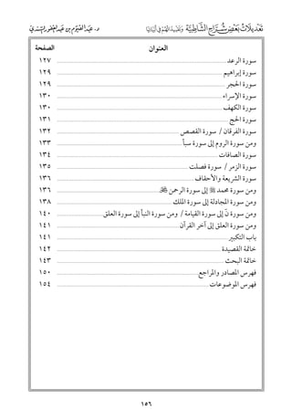 ‫اﻟﻌﻨﻮاﻥ‬

‫ﺳﻮرة اﻟﺮﻋﺪ‬
‫ﺳﻮرة إﺑﺮاﻫﻴﻢ ...............................................................................................................‬
‫ﺳﻮرة اﳊﺠﺮ .................................................................................................................‬
‫ﺳﻮرة اﻹﴎاء ...............................................................................................................‬
‫ﺳﻮرة اﻟﻜﻬﻒ ...............................................................................................................‬
‫ﺳﻮرة اﳊﺞ ...................................................................................................................‬
‫ﺳﻮرة اﻟﻔﺮﻗﺎﻥ / ﺳﻮرة اﻟﻘﺼﺺ ..................................................................................‬
‫ﻭﻣﻦ ﺳﻮرة اﻟﺮﻭﻡ إﱃ ﺳﻮرة ﺳﺒﺄ ....................................................................................‬
‫ﺳﻮرة اﻟﺼﺎﻓﺎت ............................................................................................................‬
‫ﺳﻮرة اﻟﺰﻣﺮ / ﺳﻮرة ﻓﺼﻠﺖ ........................................................................................‬
‫ﺳﻮرة اﻟﴩﻳﻌﺔ ﻭاﻷﺣﻘﺎﻑ ............................................................................................‬
‫ﻭﻣﻦ ﺳﻮرة ﳏﻤﺪ ‪ ‬إﱃ ﺳﻮرة اﻟﺮﲪﻦ ‪.....................................................................‬‬
‫ﻭﻣﻦ ﺳﻮرة اﳌﺠﺎدﻟﺔ إﱃ ﺳﻮرة اﳌﻠﻚ .............................................................................‬
‫ٓ‬
‫ﻭﻣﻦ ﺳﻮرة ﻥ إﱃ ﺳﻮرة اﻟﻘﻴﺎﻣﺔ / ﻭﻣﻦ ﺳﻮرة اﻟﻨﺒﺄ إﱃ ﺳﻮرة اﻟﻌﻠﻖ...............................‬
‫ﻭﻣﻦ ﺳﻮرة اﻟﻌﻠﻖ إﱃ آﺧﺮ اﻟﻘﺮآﻥ ..................................................................................‬
‫ﺑﺎب اﻟﺘﻜﺒﲑ ...................................................................................................................‬
‫ﺧﺎﲤﺔ اﻟﻘﺼﻴﺪة ..............................................................................................................‬
‫ﺧﺎﲤﺔ اﻟﺒﺤﺚ ................................................................................................................‬
‫ﻓﻬﺮس اﳌﺼﺎدر ﻭاﳌﺮاﺟﻊ...............................................................................................‬
‫ﻓﻬﺮس اﳌﻮﺿﻮﻋﺎت ......................................................................................................‬
‫..................................................................................................................‬

‫٦٥١‬

‫اﻟﺼﻔﺤﺔ‬
‫٧٢١‬
‫٩٢١‬
‫٩٢١‬
‫٠٣١‬
‫٠٣١‬
‫١٣١‬
‫٢٣١‬
‫٣٣١‬
‫٤٣١‬
‫٥٣١‬
‫٦٣١‬
‫٦٣١‬
‫٨٣١‬
‫٠٤١‬
‫١٤١‬
‫١٤١‬
‫٢٤١‬
‫٣٤١‬
‫٠٥١‬
‫٤٥١‬

 