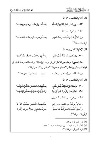 ‫ﻗﺎﻝ اﻹﻣﺎﻡ اﻟﺸﺎﻃﺒﻲ رﲪﻪ اﷲ:‬

‫ﹸ ﹾ ﹴ‬
‫ﺑﺨـﻠﻒ ﻭﰲ ﻃــﻪ ﺑﻮﺟﻬـﲔ ﹸﺑﺠــﻼ‬
‫ﱢ‬

‫ﹺ‬
‫ﹸ‬
‫٣٦١− ﻭﰲ اﻟﻜﻞ ﻗﴫ اﳍﺎء ﺑﺎﻥ ﻟﺴﺎﻧﻪ‬
‫ﹸ‬

‫ﻗﺎﻝ اﻟﺴﻴﻮﻃﻲ: »ﻭﻟﻮ ﻗﺎﻝ:‬

‫ﹺ ﹸ ﹾ ﹴ‬
‫ﺑﺨـﻠـﻒ ﻭﺳــﺎﻭاﻩ ﺑﻄــﻪ ﻓـﺄﻋﻤــﻼ‬

‫ﹺ‬
‫ﱢ‬
‫ﹲ‬
‫ﻭﰲ اﻟﻜﻞ ﻗـﺎﻟـﻮﻥ ﺑﻘﺼـﺮ ﻫﺸـﺎﻣﻬﻢ‬
‫ﻟﻮﰱ ﺑﺎﻟﺘﺴﻤﻴﺔ«)١(.‬
‫ﻗﺎﻝ اﻹﻣﺎﻡ اﻟﺸﺎﻃﺒﻲ رﲪﻪ اﷲ:‬

‫ﹺ‬
‫ﹸ ﹾ ﹾﹶ‬
‫ﺑﺨﻠﻔﻬﲈ ﻭاﻟﻘﺼـﺮ ﻓﺎذﻛـﺮﻩ ﹶﻧـﻮﻓــﻼ‬
‫ﹶ ﹾ ﹶ‬
‫ﹺ ﹸ ﹾ ﹺﹶ‬

‫ﹸ ﹾ ﹶ ﹾ ﹾﹸ ﹸ ﹸ ﹶ ﹴ‬
‫٤٦١− ﻭإﺳﻜﺎﻥ ﹶﻳﺮﺿﻪ ﹸﻳﻤﻨﻪ ﻟﹾﺒﺲ ﻃﱢﻴﺐ‬

‫ﻗﺎﻝ اﻟﻔﺎﳼ: »ﻭﻋﻠﻴﻪ ﻣﻦ اﻻﻋﱰاض ﰲ ﻗﻮﻟﻪ: )ﻭإﺳﻜﺎﻥ ﻳﺮﺿـﻪ( ﻧﺤـﻮ ﻣـﺎ ﺗﻘـﺪﻡ ﰲ‬

‫ﻗﻮﻟﻪ: )ﻭﺳﻜﻦ ﻳﺆدﻩ( ﻭاﻻﻋﺘﺬار ﻋﻨﻪ ﻓﻴﻪ ﻛﺎﻻﻋﺘﺬار ﰲ ذﻟﻚ, ﻭﻟﻮ ﻗﺎﻝ:‬

‫.............., ﱂ ﻳﻠﺰﻣﻪ ﳾء« )٢(.‬

‫ﻭﻳﺮﺿـﻪ أﺳـﻜﻦ ﹸﻳﻤﻨـﻪ ﻟﺒـﺲ ﻃﻴﺐ‬
‫ﹶ ﹸ‬
‫ﻗﺎﻝ اﻹﻣﺎﻡ اﻟﺸﺎﻃﺒﻲ رﲪﻪ اﷲ:‬

‫ﹺ‬
‫ﹸ ﹾ ﹾﹶ‬
‫ﺑﺨﻠﻔﻬﻤـﺎ ﻭاﻟﻘﺼـﺮ ﻓﺎذﻛـﺮﻩ ﹶﻧـﻮﻓـﻼ‬
‫ﹶ ﹾ ﹶ‬
‫ﹺﹸ ﹾ ﹺ ﹶ‬

‫ﹸ ﹾ ﹶ ﹾ ﹾﹸ ﹸ ﹸ ﹶ ﹴ‬
‫٤٦١− ﻭإﺳﻜﺎﻥ ﹶﻳﺮﺿﻪ ﹸﻳﻤﻨﻪ ﻟﹾﺒﺲ ﻃﱢﻴﺐ‬

‫ﻭﺷـﺮﹰا ﹶﻳـﺮﻩ ﺣـﺮﻓﻴـﻪ ﺳﻜﻦ ﻟﻴﺴﻬـﻼ‬
‫ﹶ ﱠ ﹶ ﹾ ﹶ ﹾ ﹶﹾ ﹶ ﱢ ﹾ ﹶ ﹾ ﹸ‬

‫٥٦١− ﻟﻪ اﻟﺮﺣﺐ ﻭاﻟﺰﻟﺰاﻝ ﺧﲑا ﹶﻳﺮﹾﻩ ﲠﺎ‬
‫ﱠ ﹾ ﹸ ﱢ‬
‫ﹰ ﹶ‬
‫ﻗﺎﻝ اﻟﺴﻴﻮﻃﻲ: »ﻭﻟﻮ ﻗﺎﻝ ﺑﺪﻝ اﻟﺒﻴﺘﲔ:‬
‫ﹺ‬
‫ﹺ‬
‫ﻭﺻﺎﻟﺢ ﹶﻳﺮﺿﻪ ﻣﻊ ﻫﺸـﺎﻡ ﻭدﻭرﻫﻢ‬
‫ﹶ ﹶ ﹸ ﹾ ﹶ ﹾ‬
‫ﹴ ﹸ ﹺ ﹾ‬
‫ﻭﲪــﺰة ﻣﻌــﻪ ﻧﺎﻓــﻊ ﹸﺛـﻢ ﻋـﺎﺻـﻢ‬
‫ﹶ ﹲ ﹶﹾ ﹸ‬
‫ﹲ‬
‫ﹲ ﱠ‬

‫ﱠ‬
‫ﻟﻮﰱ ﺑﺎﻟﺘﺴﻤﻴﺔ« )٣(.‬

‫)١( ﴍح اﻟﺴﻴﻮﻃﻲ: ص٥٦.‬

‫ﹺ ﹸﹾ‬
‫ﺑﺨﻠﻔﻬﻤـﺎ ﻭاﻟﻘﺼـﺮ ﻓﺎﻧﺴـﺒـﻪ اﻻﻭﻻ‬
‫ﱠ‬
‫ﹶ ﹸ ﹾ‬
‫ﹶﹾ ﹺ ﹴ ﹺ ﹶ‬
‫ﹶﻳــﺮﻩ ﳍﺸـﺎﻡ ﹺﰲ ﻛـﻼ ﺣـﺮﻑ زﻟـﺰﻻ‬
‫ﹺ ﹶﹾ ﹶ‬

‫)٢( اﻟﻶﻟﺊ اﻟﻔﺮﻳﺪة: ١/٠٢٢, ﻭراﺟﻊ اﻟﻌﻘﺪ اﻟﻨﻀﻴﺪ: ١/٣١٦.‬

‫)٣( ﴍح اﻟﺴﻴﻮﻃﻲ: ص٥٦−٦٦.‬

‫١٦‬

 