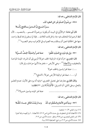 ‫ﻗﺎﻝ اﻹﻣﺎﻡ اﻟﺸﺎﻃﺒﻲ رﲪﻪ اﷲ:‬

‫ﹺ ﹾ ﹲ ﹸ ﹾ ﹶ‬
‫٨٤٥− ﻭرﺿﻮاﻥ اﺿﻤﻢ ﻏﲑ ﺛﺎﲏ اﻟﻌﻘﻮد ﻛﺴـ‬
‫ﹶﹾ‬

‫ﹸﱢ‬
‫ــــﺮﻩ ﺻـــﺢ إﻥ اﻟـــﺪﻳﻦ ﺑـــﺎﻟﻔﺘﺢ رﻓـــﻼ‬
‫ﱠ‬
‫ﹶ‬
‫ﹶﹸ ﹶ‬

‫ﻗﺎﻝ أﺑﻮ ﺷﺎﻣﺔ: »ﻭاﻷﹶﻭﱃ ﰲ اﻟﺒﻴﺖ أﻥ ﻳﻜﻮﻥ: ﻭرﺿﻮاﻧﺎ اﺿـﻤﻢ... ﺑﺎﻟﻨـﺼﺐ... ﻷﻥ‬
‫ﹰ‬
‫ﹾ‬

‫ﻟﻔﻆ )رﺿﻮاﻥ( اﳌﺨﺘﻠﻒ ﻓﻴﻪ ﺟﺎء ﺑﺎﳊﺮﻛﺎت اﻟﺜﻼث... ﻓﺈذا ﱂ ﺗﺴﺘﻘﻢ إرادة ﻟﻔـﻆ ﻭاﺣـﺪ‬
‫ﻣﻨﻬﺎ ﻋﲆ اﳊﻜﺎﻳﺔ ﺗﻌﲔ أﻥ ﻳﺴﻠﻚ ﻭﺟﻪ اﻟﺼﻮاب ﰲ اﻹﻋﺮاب, ﻭﻫﻮ اﻟﻨﺼﺐ« )١(.‬

‫ﻗﺎﻝ اﻹﻣﺎﻡ اﻟﺸﺎﻃﺒﻲ رﲪﻪ اﷲ:‬

‫ﹶﹸ ﹺ‬
‫ﹰ‬
‫ﺻﻔﺎ ﻧﻔـﺮا ﻭاﻟـﻤﻴﺘﺔ اﳋـﻒ ﺧـــﻮﻻ‬
‫ﱡ ﹸ ﱢ‬
‫ﹶﹾ‬

‫ﹴ ﹴ‬
‫ﹶ ﹺ ﹶ ﱠ‬
‫٠٥٥− ﻭﰲ ﺑﻠﺪ ﻣﹾﻴﺖ ﻣﻊ اﻟـﻤﹾﻴﺖ ﺧﻔﻔﻮا‬
‫ﹶ‬

‫ﻗﺎﻝ اﳉﻌﱪﻱ: »ﻭأﻣﺎ ﻗﻮﻟﻪ: )ﻭاﳌﻴﺘﺔ اﳋﻒ ﺧﻮﻻ( أﻭﻣﺊ إﱃ أﻥ اﳌـﺮاد: اﳌﻴﺘـﺔ اﳌﺒﺎﺣـﺔ‬

‫ﺑﺎﻟﺘﺨﻔﻴﻒ, ﻭاﻷﻋﻄﺎد)٢( – ﻭﻫﻲ اﻷرض –, ﻓﺨﺮﺟﺎ ﻷﳖﲈ ﺣﺮاﻣﺎﻥ, ﻭﻟﻮ ﻗﺎﻝ:‬
‫....:. ﺻﻔﺎ ﻧﻔﺮا ﻳﺎﺳﲔ ﺑﺎﳋﻒ ﺧﻮﻻ‬
‫أﻭ:....:. ﺻﻔﺎ ﻧﻔﺮا ﻭاﳌﻴﺘﺔ اﻷرض ﺧﻮﻻ/ ﻻﻧﺪﻓﻊ«)٣(.‬

‫ﻭﻗﺎﻝ اﻟﻘﺎرﻱ ﻣﻌﱰﺿﺎ ﻋﲆ ﺗﻌﺪﻳﻞ اﳉﻌﱪﻱ: »ﻭﻓﻴﻪ أﻧﻪ ﻳﺮد ﻋﲆ اﻷﻭﻝ: ﻋـﺪﻡ اﻟﻌﻠـﻢ‬

‫ﺑﺎﳌﺤﻞ, ﻭﻋﲆ اﻟﺜﺎﲏ: أﻥ اﻟﺘﻨـﺰﻳﻞ: ﴿ |﴾ ] : ٣٣[ ﻓﻘﻠﺖ:‬

‫ﺻﻔﺎ ﻧﻔﺮ اﳌﻴﺘـﻪ ﺑﻴﺎﺳﲔ ﺧــﻮﻻ«)٤(.‬

‫..................................‬
‫ﻗﺎﻝ اﻹﻣﺎﻡ اﻟﺸﺎﻃﺒﻲ رﲪﻪ اﷲ:‬

‫ﹸ ﹸ ﹺ ﹸ ﹾ‬
‫ﹰ‬
‫١٥٥− ﻭﻣﻴﺘﺎ ﻟﺪ￯ اﻷﻧﻌﺎﻡ ﻭاﻟـﺤﺠﺮات ﺧﺬ‬

‫ﹸﹶﱠ‬
‫ﻭﻣـﺎ ﱂ ﹶﻳﻤﺖ ﻟﻠﻜﻞ ﺟـــﺎء ﻣﺜﻘـﻼ‬
‫ﹸ ﹾ‬

‫)١( إﺑﺮاز اﳌﻌﺎﲏ: ٣/٠١ ﻣﻠﺨﺼﺎ.‬

‫)٢( )اﻷﻋﻄﺎد( ﻛﺬا ﰲ اﳌﺨﻄﻮط, ﻭﰲ ﺣﺪث اﻷﻣﺎﲏ )ص٢١٢(: )اﻷﻋﻄﺎﻩ(...! ﻭﱂ أﻓﻬﻤﻪ; ﻭاﷲ أﻋﻠﻢ!.‬
‫)٣( ﻛﻨـﺰ اﳌﻌﺎﲏ ﻟﻠﺠﻌﱪﻱ, ص٧٨٣, ﻭاﻧﻈﺮ: ﺣﺪث اﻷﻣﺎﲏ, ص٢١٢.‬

‫)٤( ﺣﺪث اﻷﻣﺎﲏ, ص٢١٢, ﻭراﺟﻊ: اﻟﻀﺎﺑﻄﻴﺔ )٧٤/ب(.‬

‫٥٠١‬

 