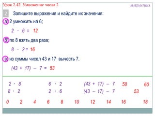 Урок 2.42. Умножение числа 2

2

Запишите выражения и найдите их значения:

а) 2 умножить на 6;
2 · 6 =
б) по 8 взять два раза;
8 · 2=

в) из суммы чисел 43 и 17 вычесть 7.
(43 + 17)

7 =

МАТЕМАТИКА

 