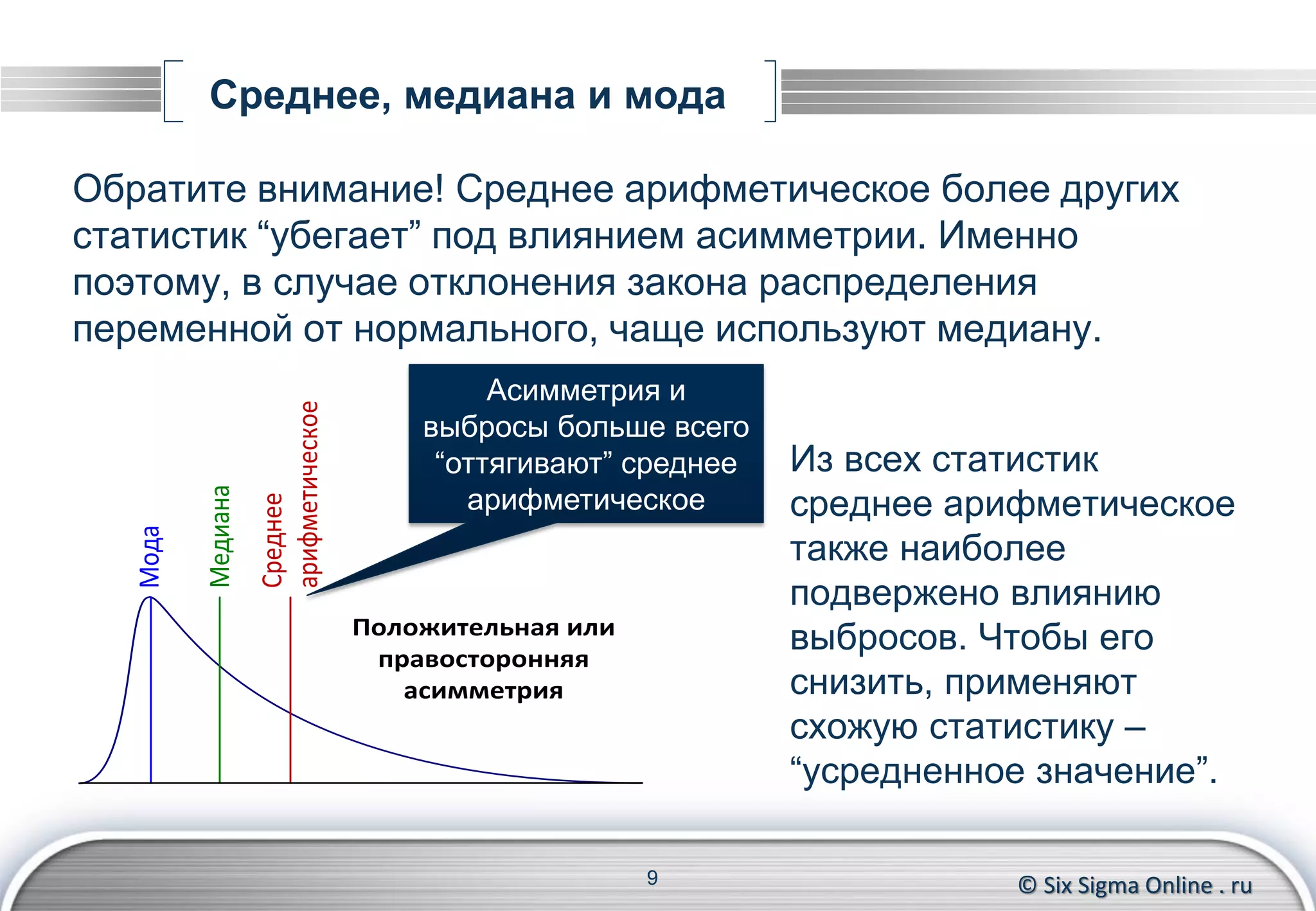 © Six Sigma Online . ru
Среднее, медиана и мода
Обратите внимание! Среднее арифметическое более других
статистик “убегает” под влиянием асимметрии. Именно
поэтому, в случае отклонения закона распределения
переменной от нормального, чаще используют медиану.
Из всех статистик
среднее арифметическое
также наиболее
подвержено влиянию
выбросов. Чтобы его
снизить, применяют
схожую статистику –
“усредненное значение”.
9
Асимметрия и
выбросы больше всего
“оттягивают” среднее
арифметическое
Мода
Медиана
Среднее
арифметическое
Положительная или
правосторонняя
асимметрия
 